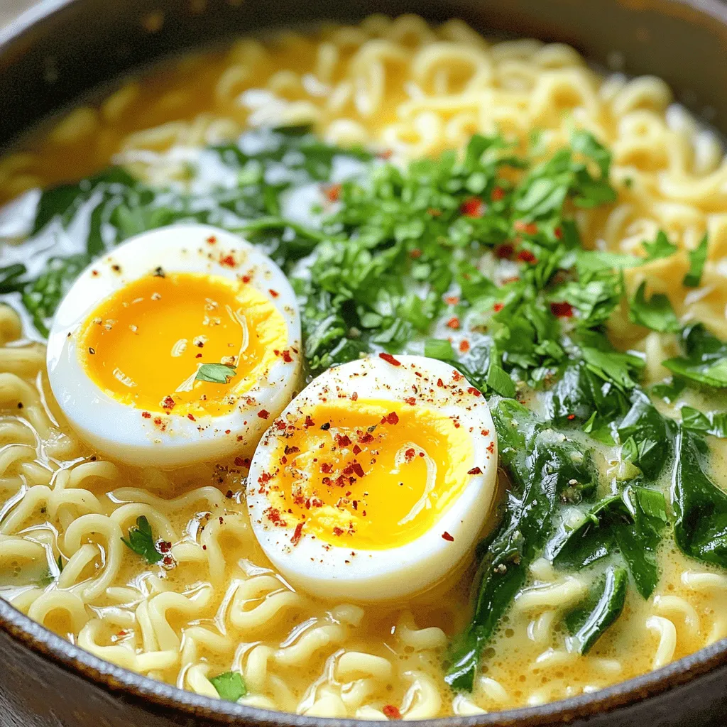 - 4 cups vegetable broth - 2 packs of instant ramen noodles (discard the seasoning packets) - 4 cloves garlic, minced - 1 tablespoon olive oil - ½ cup grated Parmesan cheese - 1 cup baby spinach - 1 teaspoon crushed red pepper flakes (adjust for spice level) - Salt and black pepper to taste - Chopped fresh parsley for garnish - Optional: Soft-boiled eggs for topping Gathering the right ingredients makes this dish shine. Start with vegetable broth. It adds flavor and depth. Use instant ramen noodles, but toss the seasoning packets. We want to customize the taste. Fresh garlic is a must. Mince it to unleash its aroma. Olive oil helps to sauté the garlic, giving it a lovely golden color. You’ll need grated Parmesan cheese for creaminess. It melts well and makes the dish rich. Baby spinach adds color and nutrition. You can mix in crushed red pepper flakes for heat. Adjust this to match your spice level. Don’t forget salt and black pepper; they enhance all the flavors. Finally, a sprinkle of fresh parsley adds a pop of color. If you want more protein, soft-boiled eggs work great on top. They add a nice touch and richness. With these simple ingredients, you can create a creamy and flavorful dish in no time. 1. Sautéing garlic: Start by heating the olive oil in a large pot over medium heat. Add the minced garlic and cook for 1-2 minutes. Stir it often and watch for that tasty aroma. You want the garlic fragrant, not burnt. 2. Cooking noodles in broth: Next, pour in the vegetable broth. Let it come to a gentle simmer. Add the instant ramen noodles. Cook them according to the package instructions, usually about 4-5 minutes. Stir occasionally so the noodles don’t stick together. 3. Mixing in cheese and spinach: Once the noodles are tender, stir in the grated Parmesan cheese. Keep stirring until it melts and becomes creamy. Then, add the baby spinach and crushed red pepper flakes. Stir until the spinach wilts, which should take around 1-2 minutes. Feel free to taste and adjust the salt and black pepper as you go. This is your dish, so make it just how you like it! Adjusting the spice level You can change the heat in this dish easily. Start with just a pinch of crushed red pepper flakes. Taste it as you go. If you want more spice, add more flakes. Remember, you can always add, but you can't take away! Best practices for cooking garlic Garlic adds great flavor but can burn quickly. Heat your olive oil on medium heat. Add minced garlic and stir for 1-2 minutes until it smells good. Don’t walk away! Keep an eye on it. Burnt garlic can ruin your dish. How to achieve the creamiest consistency For the creamiest ramen, add the Parmesan cheese slowly. Stir it in after the noodles cook. This helps it melt well. If your ramen feels too thick, add a splash of vegetable broth. This keeps it smooth and creamy. {{image_2}} You can make this One-Pot Garlic Parmesan Ramen your own. Start by adding proteins. Soft-boiled eggs add richness. Simply boil eggs for six minutes, then cool them in ice water. Chicken works great too. Cook it before adding to the pot. Tofu is a good choice for a plant-based option. Just cut it into cubes and toss it in. Next, think about vegetables. Baby spinach is a classic, but you can swap in kale or bok choy. Both add nice texture and nutrients. Carrots or peas can also bring a sweet crunch. Lastly, consider cheese options. While Parmesan is tasty, try adding cheddar for a sharp kick. Cream cheese can make it extra creamy. Mix and match to find your perfect flavor. Each tweak makes the dish unique and fun! After enjoying your One-Pot Garlic Parmesan Ramen, store leftovers safely. Place cooled ramen in an airtight container. Keep it in the fridge. It stays fresh for up to three days. When you want to reheat, add a splash of broth or water. This helps bring back the creamy texture. Heat in a pot over low heat. Stir often and make sure it warms evenly. You can also use the microwave. Just cover the bowl and heat it in short bursts. Stir between each burst to avoid hot spots. If you want to save it for later, you can freeze it. However, the texture changes a bit after freezing. To freeze, divide the ramen into smaller portions. Use freezer-safe bags or containers. Make sure to remove as much air as possible. This helps prevent freezer burn. It can last for up to three months in the freezer. When you're ready to eat frozen ramen, thaw it overnight in the fridge. Reheat it as mentioned before. If it seems dry, add a bit of broth or water while reheating. Enjoy your creamy, flavorful dish even after a few days! Can I use other types of noodles? Yes, you can use different noodles. Rice noodles or udon work well too. Just adjust the cooking time based on the noodle type. Make sure to keep the broth hot enough for each type. How do I make it gluten-free? For a gluten-free version, use gluten-free ramen. Many brands offer this option. Also, check that your vegetable broth is gluten-free. This way, you still enjoy the same creamy taste! What should I serve with Garlic Parmesan Ramen? You can serve this ramen with soft-boiled eggs for extra protein. A side salad adds freshness. For more crunch, add toasted nuts or seeds. Enjoy your meal with some crispy bread or garlic toast too! This blog post covered a simple and tasty Garlic Parmesan Ramen recipe. You learned about the key ingredients, step-by-step instructions, and tips for flavor. Customizing this dish with proteins and veggies lets you make it your own. Remember to store your leftovers properly for the best taste. Enjoy exploring this recipe! You can easily adjust it to fit your taste and needs. Happy cooking!