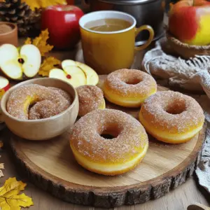 - 1 cup apple cider - 1/2 cup brown sugar - 1/2 cup granulated sugar - 1/2 cup unsweetened applesauce - 2 large eggs - 2 cups all-purpose flour - 2 teaspoons baking powder - 1 teaspoon ground cinnamon - 1/2 teaspoon ground nutmeg - 1/2 teaspoon ground ginger - 1/4 teaspoon salt - 1/4 cup melted butter - 1/4 cup sugar mixed with 1 tablespoon cinnamon for coating You can use different sweeteners, like honey or maple syrup. For a gluten-free option, swap all-purpose flour for a gluten-free blend. Applesauce can be replaced with mashed bananas if you want a different flavor. If you don't have eggs, use flax eggs or applesauce as an egg substitute. Each donut has about 160 calories, 25 grams of carbs, and 5 grams of fat. The sugar content is around 10 grams per donut. This recipe makes 12 donuts, so be ready to share! To make these spiced apple cider donuts, start by preheating your oven to 375°F (190°C). Grease a donut pan to prevent sticking. In a small saucepan, pour in 1 cup of apple cider. Simmer it over medium heat. Reduce it down to about 1/2 cup, which takes around 10-15 minutes. Once reduced, let it cool. In a big mixing bowl, mix together 1/2 cup brown sugar, 1/2 cup granulated sugar, and 1/2 cup unsweetened applesauce. Stir until smooth. Next, add the cooled cider and 2 large eggs. Whisk this mixture until everything is well blended. In another bowl, sift together 2 cups all-purpose flour, 2 teaspoons baking powder, 1 teaspoon ground cinnamon, 1/2 teaspoon ground nutmeg, 1/2 teaspoon ground ginger, and 1/4 teaspoon salt. Gradually add these dry ingredients into the wet mixture. Fold gently until just combined. Be careful not to overmix. Finally, fold in 1/4 cup melted butter until it’s evenly mixed. Spoon the dough into the donut pan, filling each cavity about 3/4 full. Bake for 12-15 minutes. To check if they are done, insert a toothpick. If it comes out clean, they’re ready! Let the donuts cool in the pan for 5 minutes, then transfer them to a wire rack. To get the best flavor, use fresh apple cider. Begin by pouring 1 cup of cider into a saucepan. Heat it over medium heat until it starts to bubble. Keep an eye on it; you don’t want it to burn. Stir it often. Let it reduce until it is thick and about 1/2 cup remains. This process takes about 10-15 minutes. The cider should have a nice, concentrated flavor. Allow it to cool before mixing it with other ingredients. After baking, let the donuts cool in the pan for 5 minutes. Then, move them to a wire rack. While they are still warm, roll each donut in cinnamon sugar. To make the coating, mix 1/4 cup sugar with 1 tablespoon cinnamon in a bowl. Ensure every donut is fully coated. For a cozy presentation, serve the donuts on a rustic wooden platter. You can add a small bowl of extra cinnamon sugar for dipping. Pair them with warm apple cider to complete the cozy experience. Enjoy your delicious treats! To make the best spiced apple cider donuts, mixing is key. When you combine wet and dry ingredients, do not overmix. Overmixing adds air and makes donuts tough. Instead, gently fold the dry mix into the wet mix using a spatula. Stop mixing once you see a few flour streaks. It’s okay if the batter looks a little lumpy. This keeps your donuts soft and fluffy. To keep your donuts fresh, store them in a cool place. Place them in an airtight container at room temperature. They stay fresh for about two days. If you want them to last longer, you can freeze them. Wrap each donut in plastic wrap and place them in a freezer bag. They keep well for up to three months. When ready to eat, thaw them at room temperature. Sometimes, donuts may turn out dense. This can happen if you overmix the batter. To avoid this, always fold gently. If your donuts bake unevenly, check your oven temperature. An oven thermometer can help you see if it’s accurate. Rotate the donut pan halfway through baking for even heat. This ensures that every donut bakes perfectly. {{image_2}} You can add fun flavors to your donuts. Try mixing in chocolate chips or chopped nuts. Both will give your donuts a nice crunch. If you want more fruit flavor, add diced apples or pears. Each fruit adds a unique taste. You can also mix in a bit of caramel for extra sweetness. If you want a lighter donut, reduce the sugar. Use half the amount of brown and granulated sugar. You can replace some butter with Greek yogurt. This change keeps them moist and cuts fat. For a baked option, use a donut pan instead of frying. Baked donuts have less oil and still taste great. Get creative with seasonal flavors! In fall, add pumpkin spice for a warm twist. In winter, try flavors like peppermint or gingerbread. You can also make a chai version by adding cardamom and cloves. These twists make them perfect for any holiday gathering. Enjoy experimenting with different tastes in your donuts! You can find spiced apple cider donuts at many local bakeries. These treats are often popular in fall. Just ask your favorite spot if they make them. Some bakeries may also offer special flavors. Each bakery has its own twist, so try a few to find your favorite. You can also buy homemade donuts or kits online. Websites like Etsy or Amazon often sell donut kits. These kits usually include dry ingredients and sometimes even spices. You can make donuts right at home! Look for vendors with good reviews to ensure quality. Using the right apple cider makes a big difference. I recommend brands like Martinelli's or Tree Top. These ciders taste fresh and rich. Check the label for 100% juice with no added sugars. Good cider enhances the flavor of your donuts and makes them even more delicious. Spiced Apple Cider Donuts stay fresh for about 2 to 3 days. Store them in an airtight container at room temperature. This keeps them soft and tasty. If you want to enjoy them longer, consider freezing them. Yes, you can freeze Spiced Apple Cider Donuts. Wrap each donut in plastic wrap and then place them in a freezer bag. They will keep well for up to 3 months. When you want to eat one, just thaw it at room temperature or warm it in the oven. For a complete breakfast, pair these donuts with a warm drink. Hot apple cider or coffee works great. You can also serve them with yogurt or a side of fresh fruit. This adds balance and nutrition to your meal. In conclusion, we explored how to make spiced apple cider donuts. You learned about key ingredients and substitutions, plus their nutritional value. We walked through step-by-step baking instructions and tips for perfecting consistency. I shared best practices for mixing and storage, along with solutions for common baking problems. You also discovered tasty variations and where to find these donuts. Now, you’re ready to enjoy these delicious treats any time you want.
