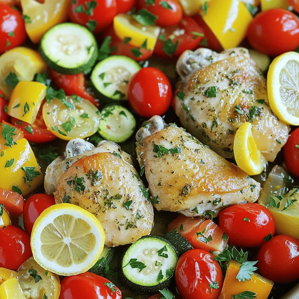 - 4 boneless, skinless chicken thighs - 2 tablespoons olive oil - 2 lemons (one for juice and one sliced) - 3 cloves garlic, minced - 1 teaspoon dried oregano - 1 teaspoon dried thyme - Salt and pepper to taste - 1 cup cherry tomatoes, halved - 1 zucchini, sliced - 1 bell pepper (any color), diced - Fresh parsley, chopped, for garnish To prepare your ingredients, start with the chicken. Use a kitchen scale if you have one. Aim for about 6 ounces per thigh. For the olive oil, use a tablespoon measuring spoon. It helps to drizzle evenly. When measuring lemon juice, roll the lemons on the counter first. This makes them easier to juice. For garlic, use a knife to mince it finely. Fresh garlic gives great flavor. For herbs, dried oregano and thyme can be measured with a teaspoon. When choosing vegetables, look for bright colors. The zucchini should feel firm. The bell pepper should be smooth. For cherry tomatoes, pick ones that are plump and shiny. Fresh parsley should be vibrant green. These tips help make your dish taste fresh and delicious! 1. Preheating the oven Start by preheating your oven to 400°F (200°C). This step is key for even cooking. 2. Making the marinade In a large bowl, mix together: - 2 tablespoons olive oil - Juice from one lemon - 3 cloves minced garlic - 1 teaspoon dried oregano - 1 teaspoon dried thyme - Salt and pepper to taste Stir well to combine all the flavors. This marinade brings a bright taste to the chicken. Add the chicken thighs to the bowl and coat them evenly. Let them sit for about 15 minutes. This allows the flavors to meld nicely. 3. Arranging chicken and veggies in the skillet Grab a large oven-proof skillet. Place the marinated chicken thighs in the center. Surround the chicken with: - Sliced lemon - 1 cup halved cherry tomatoes - 1 sliced zucchini - 1 diced bell pepper Drizzle a little extra olive oil over the veggies. Season with a pinch of salt and pepper. This adds flavor and helps the veggies cook well. 4. Baking time and temperature Place the skillet in your preheated oven. Bake for 25-30 minutes. Make sure the chicken is cooked through. The internal temperature should reach 165°F (75°C). This ensures the chicken is safe and juicy. 5. Resting the dish before serving Once cooked, take the skillet out of the oven. Let it rest for about 5 minutes. This step keeps the chicken moist. 6. Garnishing tips Before serving, sprinkle fresh chopped parsley on top. This adds a pop of color and freshness. Enjoy your delicious one-pan lemon herb chicken and veggies! To keep chicken moist, marinate it well. I recommend letting it sit in the marinade for at least 15 minutes. This helps the flavors soak in deeply. To check if your chicken is done, use a meat thermometer. The chicken should reach 165°F (75°C). This ensures it is safe to eat and still juicy. For a punch of flavor, try adding fresh herbs like basil or cilantro. You can also sprinkle in spices like paprika or cumin for extra zest. If you want a twist, try different marinades. A yogurt-based marinade can add creaminess. You can also use balsamic vinegar for a tangy taste. I suggest using a large oven-proof skillet. This helps with even cooking and makes for easy serving. You will also need a cutting board and knife for prepping veggies. A meat thermometer is a great tool for checking chicken doneness. {{image_2}} You can mix it up with different vegetables. Try using asparagus, broccoli, or carrots for variety. Each brings its own flavor and texture to the dish. For protein, swap chicken thighs for chicken breasts for a leaner option. If you want a plant-based meal, tofu works great too. Just press it to remove water and cut it into cubes before marinating. You can grill the chicken and veggies for a smoky taste. Just marinate them as usual, then grill until fully cooked. This method adds a nice char. If you prefer a slow cooker, layer the veggies and chicken, then add the marinade. Cook on low for six to eight hours. This method keeps everything tender and flavorful. Making this dish gluten-free is simple. Just ensure your marinade has no gluten-containing ingredients. You can also make it low-carb or keto-friendly. Replace the cherry tomatoes and bell peppers with leafy greens like spinach or kale. They work well and keep the dish light. Adjust the seasoning to fit your taste while staying within your dietary needs. To keep your One-Pan Lemon Herb Chicken and Veggies fresh, follow these tips: - Refrigeration: Place leftovers in an airtight container. This helps prevent drying out. Store them in the fridge within two hours of cooking. - Keeping Fresh: Use the chicken and veggies within three days for the best taste. If you wait longer, they may lose flavor and texture. When reheating, you want to keep the chicken juicy. Here are the best methods: - Oven Method: Preheat your oven to 350°F (175°C). Place the chicken and veggies in a baking dish. Cover with foil to keep moisture in. Heat for about 15-20 minutes. - Microwave Method: Put a few pieces on a plate. Cover with a damp paper towel. Heat for 1-2 minutes, checking if it's warm throughout. Aim for an internal temperature of 165°F (75°C) when reheating. Freezing is a great way to save your leftovers. Here’s how to do it right: - How to Freeze: Allow the dish to cool completely. Portion into freezer-safe bags or containers. Make sure to remove as much air as possible. - Thawing Suggestions: To thaw, place the container in the fridge overnight. If you're in a hurry, use the microwave's defrost setting. Avoid thawing at room temperature, as this can lead to bacteria growth. Can I use bone-in chicken? Yes, you can use bone-in chicken. It may take a bit longer to cook. Make sure the internal temperature hits 165°F (75°C). What vegetables pair best with this dish? Cherry tomatoes, zucchini, and bell peppers work great. You can also try asparagus or broccoli for extra crunch. How long can I marinate the chicken? You can marinate the chicken for up to 2 hours. This helps enhance the flavor and tenderness. If you're short on time, 15 minutes is still great! Can I make this recipe in advance? Yes, you can prep the chicken and veggies ahead of time. Just store them in the fridge. Cook them when you are ready to eat. Calorie count and serving size This dish has about 350 calories per serving. Each recipe serves 4, making it a healthy meal for the family. Health benefits of the ingredients used Chicken thighs offer protein and healthy fats. Olive oil adds healthy fats. Fresh veggies bring vitamins, minerals, and fiber. This blog post explored how to cook delicious, moist chicken thighs with fresh veggies. We covered each ingredient and its measurements, plus step-by-step instructions to make the process easy. I shared tips to enhance flavor and offered variations for different diets. Remember to store and reheat leftovers properly to enjoy them later. With these techniques and ideas, you can create a tasty meal that fits your needs and impresses your guests. Now, it’s time for you to start cooking!