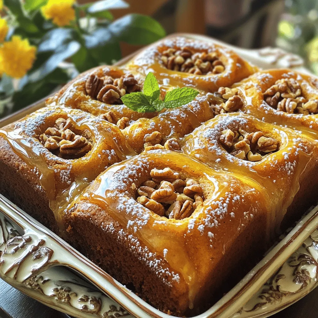 - 2 cups all-purpose flour - 1 cup granulated sugar - 1 cup brown sugar, packed - 1/2 cup unsalted butter, softened - 1 cup pumpkin puree - 3 large eggs - 1 teaspoon vanilla extract - 1 teaspoon baking soda - 1 teaspoon baking powder - 1 teaspoon ground cinnamon - 1/2 teaspoon ground nutmeg - 1/4 teaspoon ground ginger - 1/2 teaspoon salt - 1 cup chopped walnuts or pecans (optional) - 1 cup powdered sugar - 1/4 cup honey - 2 tablespoons milk Gathering the right ingredients is key. I love using fresh pumpkin puree, but canned works too. The mix of sugars gives the cake its sweet taste and helps it stay moist. The spices, like cinnamon and nutmeg, bring warmth to each bite. Adding nuts is optional, but they add a nice crunch. For the glaze, the honey makes it shine. You can adjust the milk for your preferred thickness. Use this list to prep your kitchen. Make sure you have everything ready before you start. This way, you'll enjoy the process and get a great cake! - Step 1: Preheat your oven to 350°F (175°C). Grease and flour a 9x13 inch baking dish. This helps the cake not stick. - Step 2: In a large bowl, cream the softened butter, granulated sugar, and brown sugar together. Mix until it looks light and fluffy. This step adds air to the batter. - Step 3: Now, add the pumpkin puree, eggs, and vanilla extract. Mix until everything is well combined. This will give your cake a nice moist texture. - Step 4: In another bowl, whisk together the flour, baking soda, baking powder, and spices: cinnamon, nutmeg, ginger, and salt. This helps to evenly distribute the leavening agents and flavors. - Step 5: Gradually mix the dry ingredients into the wet mixture. Stir until just combined. Be careful not to overmix, as this can make the cake tough. - Step 6: If you want, fold in the chopped walnuts or pecans. This adds a nice crunch to your cake. - Step 7: Pour half of the batter into the prepared baking dish. Smooth it out with a spatula. This creates a base for the honey swirl. - Step 8: Spoon dollops of honey over the batter. Use a knife to swirl it in lightly. This will create a sweet ribbon of honey throughout the cake. - Step 9: Pour the rest of the batter on top and smooth it out. This seals in the honey layer. - Step 10: Bake the cake for 30–35 minutes. Check if it's done by inserting a toothpick. If it comes out clean, it's ready. Let the cake cool for about 10 minutes. While it cools, whisk together the powdered sugar, honey, and milk for the glaze. Once the cake is cool, drizzle the glaze over the top. Let it cool completely before cutting it into squares. - Ensure all ingredients are at room temperature. This helps everything mix well. Cold butter or eggs can make the batter lumpy. Let them sit out for about 30 minutes. - Do not overmix the batter for optimal texture. Overmixing can make the cake dense. Mix until just combined for a light and fluffy cake. Use a spatula for gentle folding when adding dry ingredients. - How to adjust the glaze consistency. If the glaze is too thick, add a bit more milk. If it’s too thin, add more powdered sugar. Aim for a pourable yet thick glaze for the best look. - Best time to glaze the cake. Wait about 10 minutes after baking to glaze. This allows the cake to cool slightly. If you glaze it too hot, the glaze may melt away. {{image_2}} Using different types of sugar can change the cake's taste. You can use brown sugar or coconut sugar instead of granulated sugar. Brown sugar adds more moisture. Coconut sugar gives a caramel-like flavor. Both options create a unique twist on the classic recipe. For those needing gluten-free options, you can swap all-purpose flour with gluten-free flour blends. Almond flour works well for a nutty flavor. Rice flour is another option, but it may change the texture slightly. Always check the blend for best results. Adding chocolate chips or dried fruit can enhance the cake's flavor. Chocolate chips bring a rich taste that pairs well with pumpkin. Dried fruit, like raisins or cranberries, adds sweetness and a chewy texture. Mix in about one cup for a delightful addition. You can also explore other spices to enhance flavor. Consider adding a dash of allspice or cloves for warmth. Cardamom can bring a unique twist. Each spice adds a new layer, creating a cake that feels special. Experiment with what you love. To keep your pumpkin honey bun cake fresh, place it in an airtight container. This helps to lock in moisture and flavor. If you don't have a container, you can cover the cake with plastic wrap. This keeps it safe from drying out. Store it at room temperature for best results. If your kitchen is warm, you might want to put the cake in the fridge. Chilling it will help it last longer, but it may change the texture a bit. On the counter, the cake stays fresh for about three days. If you store it in the fridge, it can last up to a week. Just make sure it's well covered. You can also freeze the pumpkin honey bun cake. Wrap it tightly in plastic wrap and then in foil. This helps prevent freezer burn. It can last in the freezer for up to three months. When ready to enjoy, let it thaw in the fridge overnight. Can I use fresh pumpkin instead of canned? Yes, you can use fresh pumpkin. Just cook and puree it first. This gives a nice flavor. Make sure to drain excess water from the puree. Canned pumpkin is easier, but fresh works well, too. What can I substitute for eggs in this recipe? You can use flaxseed meal or applesauce. For each egg, mix 1 tablespoon of flaxseed meal with 3 tablespoons of water. Let it sit for 5 minutes. For applesauce, use 1/4 cup per egg. Both work great in this cake. How do I know when the cake is done baking? Check the center with a toothpick. If it comes out clean, the cake is ready. You can also look for a golden color on top. The edges should pull away from the pan slightly. Can I make this ahead of time? Yes, you can prepare the cake a day ahead. Just store it in an airtight container. You can also freeze it for later. Wrap it well and thaw before serving. The cake stays moist and tasty. This blog post covered all you need for a great pumpkin cake. We listed key ingredients, shared step-by-step instructions, and offered helpful tips. You learned clever ways to store leftovers and a few fun variations to try. I hope you feel inspired to bake this cake. With its rich flavors and simple steps, it's a treat you can enjoy anytime. Happy baking!