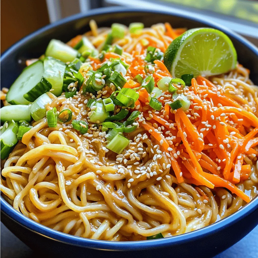 - 8 oz. noodles (your choice: spaghetti, rice noodles, or soba) - 1/4 cup creamy peanut butter - 2 tablespoons soy sauce - 1 tablespoon sesame oil - 1 tablespoon rice vinegar - 2 tablespoons honey or maple syrup - 1 teaspoon chili garlic sauce (adjust to taste) - 2 cloves garlic, minced - 1/2 cup shredded carrots - 1/2 cup diced cucumber - 1/4 cup chopped green onions - 1 tablespoon sesame seeds - Fresh cilantro for garnish (optional) For this dish, you can pick any noodle type you like. I often use spaghetti for its ease and texture. Rice noodles offer a light bite, while soba brings a nutty flavor. The sauce is the star here. Peanut butter gives richness. Soy sauce adds saltiness, and sesame oil brings a warm, nutty taste. Rice vinegar keeps things bright, while honey or maple syrup balances the spice. Fresh veggies are important to add color and crunch. Shredded carrots give sweetness. Diced cucumber adds coolness. Chopped green onions provide a bite, and sesame seeds finish the dish with a nice crunch. Don’t forget fresh cilantro for a pop of flavor! To cook the noodles, bring a large pot of salted water to a boil. Add 8 oz. of your choice of noodles, like spaghetti or rice noodles. Cook them until they are al dente, which means they should still have a bit of bite. This usually takes about 7 to 10 minutes, depending on the type of noodle. Once cooked, drain the noodles in a colander. Rinsing them under cold water stops the cooking process. This step is key because it keeps your noodles from getting mushy. Rinsed noodles also help the sauce stick better later. Next, let’s whisk up the peanut sauce. In a medium bowl, combine the following ingredients: - 1/4 cup creamy peanut butter - 2 tablespoons soy sauce - 1 tablespoon sesame oil - 1 tablespoon rice vinegar - 2 tablespoons honey or maple syrup - 1 teaspoon chili garlic sauce - 2 cloves garlic, minced Whisk these together until the mixture is smooth. If your sauce feels too thick, add a splash of warm water. This will help you reach the perfect consistency, making it easier to coat the noodles. Now it’s time to bring everything together. In a large mixing bowl, add the cooked noodles. Include: - 1/2 cup shredded carrots - 1/2 cup diced cucumber - The prepared peanut sauce Gently toss the noodles, vegetables, and sauce together. Use your hands or tongs to mix everything well. You want the noodles to be fully coated in the rich, spicy sesame peanut sauce. For a restaurant-style finish, it’s all about presentation. Serve the noodles in a large bowl. Top them with: - 1/4 cup chopped green onions - 1 tablespoon sesame seeds - Fresh cilantro, if you like Add a wedge of lime on the side for a burst of flavor. You can serve the noodles in bowls or on plates, depending on your style. Enjoy your dish! You can customize the sauce to fit your needs. If you have allergies, try these swaps: - Use sunflower seed butter instead of peanut butter. - Substitute tamari for soy sauce to make it gluten-free. - Replace honey with agave nectar for a vegan option. For spice lovers, adjust the heat by adding more chili garlic sauce. If you prefer it milder, cut back on the sauce. You can also use fresh chili peppers for a different kick. To get perfect noodles, cook them until they are al dente. This means they should be firm but not hard. After cooking, rinse the noodles in cold water. This stops the cooking and helps them stay separate. When mixing everything, add the sauce gradually. This ensures every noodle gets a good coating. Toss gently to keep the noodles intact. Garnishing makes your dish look special. Try these ideas to impress: - Use fresh cilantro for a pop of green. - Sprinkle with sesame seeds for a nice crunch. - Add lime wedges on the side for extra flavor. Choose a big bowl for serving. This allows for easy mixing and looks great on the table. A shallow dish can also work well if you want to show off your beautiful noodles. {{image_2}} You can make these spicy sesame peanut noodles even better with protein. Try adding chicken, tofu, or shrimp. - Chicken: Use grilled or stir-fried chicken breast. Dice it into bite-sized pieces and mix it in. - Tofu: Firm tofu works best. Cube it, then pan-fry until golden brown. Toss in the noodles for added texture. - Shrimp: Cook shrimp quickly in a hot pan. Once pink and cooked through, add it to your dish. Each protein brings its own flavor and texture. You can choose based on what you like or have at home. You can change the sauce to keep things fresh. Try using almond butter or cashew butter for a twist. - For spice, add a pinch of red pepper flakes or even a dash of sriracha. - Swap out vegetables based on what’s in season. Bell peppers, snap peas, or broccoli can all work well. These small changes can make a big difference in taste. Feel free to experiment with what you enjoy! On hot days, serve this dish cold for a refreshing meal. Here’s how to do it: 1. After cooking your noodles, rinse them under cold water until chilled. 2. Mix your sauce and vegetables as usual. 3. Combine everything in a bowl and chill in the fridge for about 30 minutes. For extra crunch, add fresh herbs or crispy lettuce. This version is perfect for summer picnics or light lunches! To keep your spicy sesame peanut noodles fresh, store them in an airtight container. Make sure to cool them down to room temperature first. You can keep them in the fridge for up to three days. If you want the best taste, eat them within two days. When it's time to reheat, use a microwave or a pan. If using a microwave, heat in short bursts. Stir in between to avoid hot spots. If using a pan, add a splash of water or sauce to keep them moist. Toss in some fresh veggies to bring back crunch. You can freeze your noodles and sauce separately. Cook the noodles, then cool them down before packing. For the sauce, store it in a freezer-safe container. It will stay good for about a month. To defrost, place them in the fridge overnight. Reheat as mentioned above for best results. Yes, you can make these noodles ahead. This is great for busy days. Just follow these tips: - Cook the noodles and let them cool. - Store noodles in an airtight container. - Keep the sauce separate in another container. - Mix everything just before you eat. This way, the noodles stay fresh and tasty. If you have allergies or want alternatives, try these: - Almond butter works well. - Sunflower seed butter is a good nut-free choice. - Cashew butter adds a nice flavor. You can use any of these to make a delicious sauce. The heat comes from chili garlic sauce. It adds flavor and spice. If you want less heat, use less sauce. You can also try these tips: - Start with half a teaspoon to test the spice. - Add more if you like it hotter. This way, you can adjust the spice to fit your taste. You can make gluten-free Spicy Sesame Peanut Noodles! Use these options: - Choose rice noodles or gluten-free spaghetti. - Check the soy sauce label for gluten-free options. Many brands now offer gluten-free soy sauce. This helps everyone enjoy the dish. To make a full meal, try these side dishes: - A light cucumber salad adds crunch. - Steamed broccoli complements the noodles. - Egg rolls or spring rolls can add fun. These sides will enhance your dining experience. In this article, we explored how to make delicious Spicy Sesame Peanut Noodles. We covered essential ingredients, cooking techniques, and tips for perfecting your dish. You can customize the sauce and add proteins to suit your taste. The storage advice ensures you enjoy your noodles later. Remember, experimenting with flavors and presentations can make the dish even better. Enjoy your cooking journey and the tasty rewards that follow!