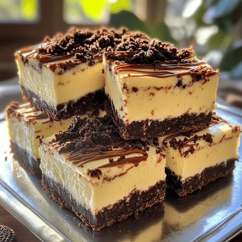 - Oreo cookies (24 cookies): These are the base for our crust and give a great flavor. - Unsalted butter (1/4 cup): This binds the crushed cookies together, making a firm crust. - Cream cheese (1 package, 8 oz): Use softened cream cheese for a smooth filling. It adds richness to the bars. - Granulated sugar (1/2 cup): This sweetens the filling and balances the flavors. - Vanilla extract (1 teaspoon): This enhances the overall flavor, adding warmth to the dessert. - Whipped topping (1 tub, 8 oz): It gives the cheesecake a light, fluffy texture. Look for Cool Whip or similar brands. - Optional garnishes: You can add extra cookie crumbs on top and drizzle chocolate sauce for a fun finish. These ingredients come together to create a dreamy treat. Each one plays a key role in making these bars delicious and enjoyable. To start, take 24 Oreo cookies and crush them finely. You can use a food processor or a zip-top bag with a rolling pin. Next, mix the crushed cookies with 1/4 cup of melted unsalted butter. Stir until the mixture is well combined. Now, press this crumb mixture firmly into the bottom of an 8x8 inch baking dish. This will form a solid crust. Place the dish in the freezer for about 15 minutes to help it set. In a mixing bowl, beat 1 package of softened cream cheese until it is smooth. This step is key for a creamy filling. Gradually add 1/2 cup of granulated sugar and 1 teaspoon of vanilla extract. Mix until fully combined. Now, gently fold in 1 tub of whipped topping until the mixture is smooth and creamy. This adds lightness to the filling. For extra crunch, fold in 1/2 cup of crushed Oreo cookies into the cheesecake mixture. This adds texture. Next, spread the cheesecake filling evenly over the chilled Oreo crust. Use a spatula to smooth the top. Finally, cover the dish with plastic wrap and refrigerate for at least 4 hours. This chilling time is vital for the filling to set properly. Softened cream cheese is key for a smooth filling. Cold cream cheese can lead to lumps. Let it sit at room temperature for about 30 minutes. This helps it blend well with sugar and vanilla. When folding in the whipped topping, use a gentle motion. This keeps the mixture fluffy. Start by adding a small amount of whipped topping to the cream cheese mix. Stir it in to lighten the cream cheese. Then, add the rest slowly, folding carefully. You can play with flavors to make your bars unique. A splash of peppermint extract works great for a minty twist. You can also try almond or hazelnut extract for something new. For the best chocolate drizzle, use high-quality chocolate sauce. Warm it slightly to make it easier to drizzle. A squeeze bottle can help you control the flow for a pretty design. Serve your bars on a chilled platter. This keeps them fresh and firm. Top with extra Oreo crumbs for a fun touch. A drizzle of chocolate on top makes them look fancy. For creative plating, try slicing the bars into different shapes. You can cut them into triangles or squares. Add fresh fruit or mint leaves for color. These little details make your dessert pop! {{image_2}} You can mix things up with different cookie types. Mint Oreos add a fresh twist. Peanut butter Oreos bring a nutty taste. You can also swap the vanilla extract for almond. Almond gives a nice, warm flavor. Experimenting with flavors can make each bar special. If you're gluten-free, use gluten-free Oreo cookies. They work great in this recipe. For dairy-free options, try vegan cream cheese. Coconut whipped cream can replace the whipped topping. These swaps keep the bars delicious for everyone. Need more bars? Simply double the recipe. Use a larger dish to hold more filling. If you want fewer bars, cut the recipe in half. Adjust the ingredients by halving them. This way, you get the perfect amount for your needs. To keep your No Bake Oreo Cheesecake Dream Bars fresh, store them in the fridge. Use an airtight container to prevent them from drying out. Make sure you cover the dish with plastic wrap if you don’t have a container. This keeps moisture in and prevents odors from other foods from mixing in. You can freeze these bars for later enjoyment. Cut them into individual pieces before freezing. Wrap each piece in plastic wrap, then place them in a freezer bag. When you're ready to eat, take them out and let them thaw in the fridge. This helps keep their creamy texture intact. Avoid thawing them at room temperature; it can make them too soft. These bars last about 4-5 days in the fridge. If you freeze them, they can last up to 2 months. Look for signs of spoilage, such as an off smell or a change in color. If you see any ice crystals, it's best to toss them. Freshness is key to enjoying these delicious bars! Yes, you can swap Oreos for other cookies. For example, you can use chocolate sandwich cookies or even vanilla wafers. Each cookie will change the flavor a bit. Experiment with your favorites to find the best taste. The cheesecake needs at least four hours to set. I recommend letting it chill overnight for the best results. This waiting time helps the filling firm up and makes cutting easier. Absolutely! These bars are perfect for making ahead. They stay fresh in the fridge for up to five days. Just cover them tightly with plastic wrap to prevent drying out. This way, you can enjoy the party without any last-minute stress. If you want a different option, homemade whipped cream works well. Just whip heavy cream with some sugar until soft peaks form. You can also use dairy-free whipped cream for a non-dairy choice. This blog post detailed how to make delicious cheesecake bars using simple ingredients. You learned about the key components like Oreo cookies and cream cheese, plus the steps to create the perfect crust and filling. I shared tips for texture, flavor variations, and serving ideas to make these bars shine. Remember, you can adjust the recipe for diets or gatherings. With the right storage, your cheesecake bars will stay fresh. Enjoy creating this tasty treat!