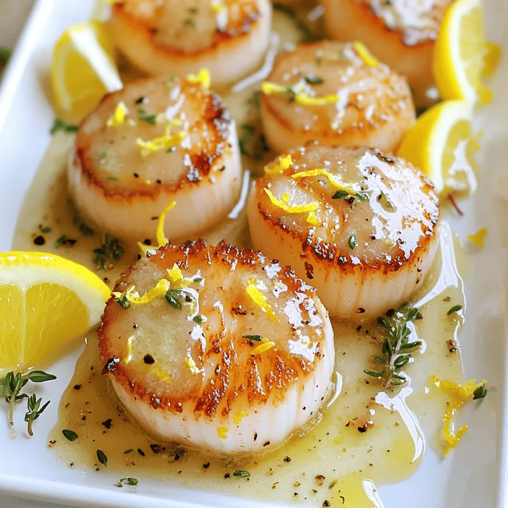 To make lemon garlic butter scallops, gather these ingredients: - 1 pound sea scallops, patted dry - 4 tablespoons unsalted butter - 3 tablespoons olive oil - 4 cloves garlic, minced - Zest and juice of 1 large lemon - 1 teaspoon fresh thyme leaves (or ½ teaspoon dried thyme) - Salt and pepper to taste - Fresh parsley, chopped for garnish These ingredients create a bright and rich dish. The scallops shine with the lemon and garlic flavors. You can elevate this dish with some simple garnishes: - Lemon wedges - Thyme sprigs - Extra chopped parsley These add color and freshness to your plate. They also enhance the lemony notes of the dish. If you need to change something, here are a few ideas: - Use ghee or coconut oil instead of butter for a dairy-free option. - Swap sea scallops for bay scallops if that's what you have. - Use lemon juice from a bottle if you lack fresh lemons. These substitutions still keep the dish tasty and enjoyable. Experimenting can lead to new flavor finds. To prepare scallops, start with fresh sea scallops. You need one pound. Pat them dry with a paper towel. This step helps them sear better. Season the scallops lightly with salt and pepper. This adds flavor and enhances the dish. Heat a large skillet over medium-high heat. Add two tablespoons of olive oil and two tablespoons of butter. Wait until the oil shimmers. Carefully add scallops in a single layer. Do not crowd them; cook in batches if needed. Sear them for about two to three minutes on one side. Look for a golden crust before flipping. Use tongs to flip them gently. Cook for about two more minutes until they are just opaque. Remove the scallops from the skillet and place them on a plate. In the same skillet, lower the heat to medium. Add the remaining two tablespoons of butter, minced garlic, and thyme. Cook this mixture for about one minute. The garlic should smell great. Stir in the lemon zest and juice next. Scrape any brown bits from the bottom of the pan. Allow the sauce to simmer for one to two minutes. This thickens the sauce slightly. Season with salt and pepper to taste. Finally, return the scallops to the skillet. Toss them gently in the garlic butter sauce to coat. Remove from heat and serve warm. To make the best scallops, you must start with fresh ones. Look for sea scallops with a sweet scent. They should feel firm and have a slightly shiny surface. Always pat them dry. This step helps them sear better. For a nice golden crust, don't overcrowd the pan. Cook in batches if needed. One common mistake is cooking scallops too long. They should be just opaque, not rubbery. Heat the skillet well before adding the scallops. If the butter burns, it can ruin the flavor. Also, don’t skip the resting time. Letting them sit for a minute after cooking helps them finish cooking gently. Serve your scallops on a white plate for a stunning look. Drizzle the lemon garlic butter sauce over the top for flavor and shine. Add lemon wedges and fresh thyme for a bright touch. You can pair them with a light salad or some crusty bread. This adds balance to your meal and makes it even more enjoyable. {{image_2}} You can boost the flavor of your lemon garlic butter scallops. Here are some ideas: - Spices: Add a pinch of red pepper flakes for heat. - Herbs: Fresh basil or dill can add brightness. - Wine: A splash of white wine in the sauce adds depth. - Mustard: Mix in a teaspoon of Dijon mustard for a tangy twist. These tweaks can change the taste, making it more exciting! Pairing your scallops with the right sides enhances the meal. Here are some great options: - Rice: Serve over fluffy jasmine or wild rice for a filling dish. - Vegetables: Roasted asparagus or sautéed spinach complements the scallops well. - Pasta: Light lemon pasta can be a nice base for the scallops. These sides make your meal colorful and delicious! If you want to switch things up, try these proteins instead of scallops: - Shrimp: Cooked the same way, shrimp give a sweet flavor. - Chicken: Thinly sliced chicken breasts work well with the sauce. - Tofu: For a plant-based option, use firm tofu. These alternatives keep the dish fresh and exciting! After enjoying your lemon garlic butter scallops, store any leftovers in an airtight container. Make sure to let them cool down first. This keeps them fresh for up to two days in the fridge. Always label your container with the date. This way, you’ll know when to eat them. To reheat your scallops, use a skillet over low heat. Add a small bit of butter or olive oil. This helps keep them moist. Heat for about 3-4 minutes, turning gently. Avoid high heat so they don’t overcook. You want them warm, not rubbery. If you have extra scallops, you can freeze them. Place them in a single layer on a baking sheet. Freeze until solid, then transfer them to a freezer bag. Be sure to remove as much air as possible. They can last up to three months. Thaw in the fridge before reheating. This keeps their flavor and texture intact. Cook scallops for about 2-3 minutes on one side. When they turn golden brown, flip them. Cook for another 2 minutes. They should be just opaque when done. Timing is key to avoid overcooking. Perfectly cooked scallops are tender and juicy. Yes, you can use frozen scallops. Just thaw them first. Place them in the fridge overnight or run them under cold water. Patted dry scallops will sear better. Make sure to remove excess moisture for a nice crust. Lemon garlic butter scallops pair well with many sides. Consider creamy risotto or garlic mashed potatoes. A fresh salad with lemon vinaigrette also works great. Steamed asparagus or green beans add color and nutrition. Enjoy the scallops with crusty bread to soak up the sauce. In this blog post, we explored how to prepare delicious scallops. We covered essential ingredients, step-by-step cooking methods, and helpful tips. You learned about flavor variations and how to handle leftovers. Scallops offer a great meal choice, and with the right techniques, you can cook them perfectly. I hope these insights help you enjoy scallops with confidence. Happy cooking!
