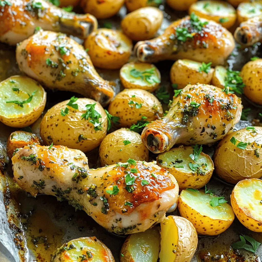 - 8 chicken drumsticks - 1 lb baby potatoes, halved - 4 cloves garlic, minced - 2 tablespoons fresh rosemary, chopped - 2 tablespoons fresh thyme, chopped - 1 tablespoon olive oil - 1 tablespoon lemon juice - 1 teaspoon paprika - Salt and pepper to taste - Fresh parsley, chopped (for garnish) - Chicken drumsticks: 8 pieces - Baby potatoes: 1 pound (about 450 grams) - Garlic: 4 cloves - Fresh rosemary: 2 tablespoons - Fresh thyme: 2 tablespoons - Olive oil: 1 tablespoon - Lemon juice: 1 tablespoon - Paprika: 1 teaspoon - Salt and pepper: to taste - Fresh parsley: for garnish - Add a teaspoon of chili flakes for heat. - Use sweet potatoes instead of baby potatoes for a twist. - Include sliced bell peppers or carrots for extra veggies. - Substitute rosemary and thyme with Italian seasoning for a different flavor. These ingredients come together to create a hearty, flavorful dish. You can mix and match these options to suit your taste. Enjoy experimenting! First, preheat your oven to 425°F (220°C). This high heat helps cook the chicken well. Grab a large mixing bowl. Add minced garlic, chopped rosemary, chopped thyme, olive oil, lemon juice, paprika, salt, and pepper. Mix well to make a tasty marinade. Now, add the chicken drumsticks to the bowl. Make sure each piece gets fully coated with the marinade. This adds flavor. Let it sit for about 15 minutes. This helps the chicken soak up the yummy tastes. While the chicken marinates, take a separate bowl for the baby potatoes. Cut them in half if you haven't done so. Drizzle some olive oil over them. Season with salt and pepper to taste. Toss the potatoes until they are evenly coated. This step makes them crisp and tasty when baked. Next, grab a large sheet pan. Arrange the marinated chicken drumsticks and seasoned potatoes in a single layer. Make sure they have space between them for even cooking. Place the sheet pan in your preheated oven. Bake for 35-40 minutes. Check that the chicken reaches an internal temperature of 165°F (75°C). The potatoes should be golden brown and tender. If you want extra crispy skin, switch to broil for the last 2-3 minutes. Watch closely to prevent burning. Once done, remove the pan from the oven. Let it rest for 5 minutes. This helps the juices settle in the chicken. Before serving, sprinkle with chopped parsley for a fresh touch. Enjoy your dish! To get great flavor, you need a good marinade. Mix minced garlic, chopped rosemary, and thyme with olive oil and lemon juice. This mix gives the chicken a fresh taste. Let the chicken sit in the marinade for 15 minutes. This helps it soak up the flavors. You can also marinate it for a few hours for a stronger taste. Crispy skin makes your chicken more fun to eat. Bake the chicken at 425°F for 35-40 minutes. For even crispier skin, switch to broil for the last 2-3 minutes. Watch closely to avoid burning. The high heat helps render the fat, leaving you with that perfect crunch. One mistake is overcrowding the pan. If the chicken and potatoes are too close, they won’t cook evenly. Make sure to spread them out in a single layer. Another mistake is not checking the internal temperature. Chicken should reach 165°F to be safe to eat. Use a meat thermometer to be sure. {{image_2}} You can change the herbs in this recipe for a new taste. If you don’t have rosemary or thyme, use dried herbs. Oregano or basil works great too. Just use half the amount if dried. Fresh herbs give strong flavor, but dried ones are handy and easy. Feel free to add more veggies to your sheet pan. Carrots, bell peppers, or broccoli add color and nutrition. Chop them up and toss with olive oil and salt. Place them on the pan with the chicken and potatoes. They will cook nicely and soak up all that flavor! Want some heat? Add cayenne pepper or red pepper flakes to the marinade. You can also use spicy paprika instead of regular paprika. For an extra kick, marinate the chicken overnight with hot sauce. It will make your dish exciting and full of flavor! After cooking, let the chicken and potatoes cool. Place them in an airtight container. Store in the fridge for up to three days. This keeps them fresh and tasty. If you have leftovers, make sure to seal them tightly. This helps prevent moisture loss. To freeze, cool the dish first. Once cool, divide it into portions. Use freezer-safe bags or containers. Remove as much air as possible to avoid freezer burn. You can freeze the chicken and potatoes for up to three months. When you're ready to eat, just thaw overnight in the fridge. To reheat, use an oven for best results. Preheat your oven to 350°F (175°C). Place the chicken and potatoes on a baking sheet. Heat for about 15-20 minutes, or until warmed through. You can also use a microwave, but be careful not to overcook. This keeps the chicken juicy and the potatoes soft. Enjoy your meal just like when it was fresh! You can tell chicken drumsticks are done by checking their temperature. Use a meat thermometer to check the thickest part of the drumstick. It should be at least 165°F (75°C) for safe eating. If you don’t have a thermometer, cut into the chicken. The juices should run clear, not pink. Yes, you can use other cuts of chicken. Bone-in thighs or breasts work well. Adjust the cooking time if you use larger pieces. They may need a few extra minutes in the oven. Just make sure they also reach that safe 165°F (75°C) temperature. Absolutely! Some great side dishes complement this meal. Try a simple green salad or roasted vegetables. You can also serve rice or a warm bread. These sides balance the flavors and make the meal more filling. This blog post covered how to make tasty chicken drumsticks with potatoes. You learned about the right ingredients, measurements, and ways to customize your dish. I shared step-by-step cooking instructions and useful tips for perfect flavor and texture. Remember, you can change things up with spices or veggies to suit your tastes. Lastly, proper storage keeps your leftovers fresh. Enjoy cooking these delicious drumsticks, and don’t forget to share your creations!