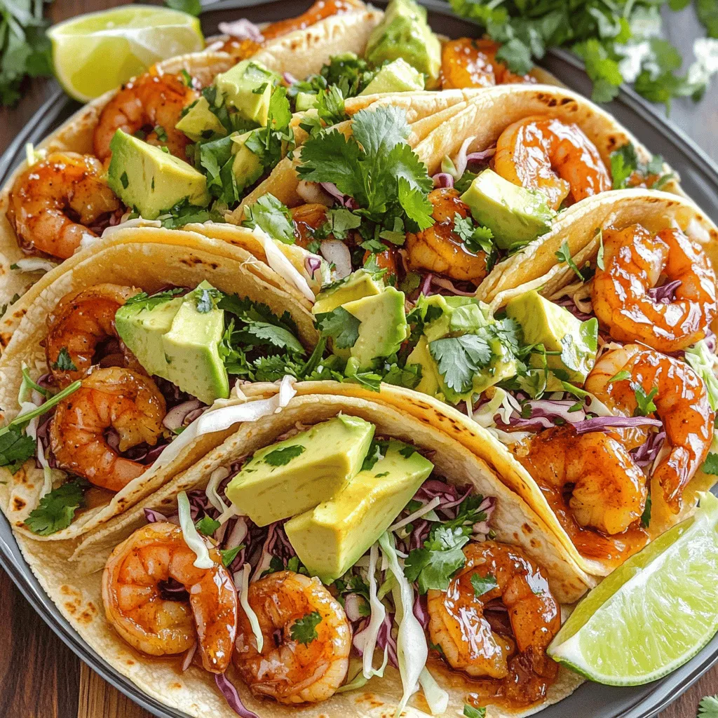 The base of our dish features fresh shrimp. You will need: - 1 lb large shrimp, peeled and deveined - 2 tablespoons honey - 2 tablespoons soy sauce - 2 tablespoons sriracha sauce (adjust to taste) - 4 cloves garlic, minced - 1 tablespoon olive oil - 1 teaspoon lime juice - 1 teaspoon paprika - Salt and pepper to taste These ingredients create a sweet and spicy flavor that brings the shrimp to life. The honey balances the heat from the sriracha, while garlic adds depth. To finish the tacos, you need some fresh toppings. Here’s what I suggest: - 8 small corn tortillas - 1 cup cabbage, finely shredded - 1 ripe avocado, sliced - 1/4 cup fresh cilantro, chopped - Lime wedges for serving These toppings give crunch and creaminess. The lime adds a zesty kick. For an extra punch, consider adding these seasonings: - A dash of cumin for warmth - A sprinkle of chili powder for more heat These can enhance your marinade. Just mix them in with the other ingredients. Enjoy experimenting with flavors! To start, grab a medium bowl. In this bowl, mix together 2 tablespoons of honey, 2 tablespoons of soy sauce, and 2 tablespoons of sriracha sauce. You can adjust the sriracha based on your spice level. Add 4 cloves of minced garlic, 1 tablespoon of olive oil, 1 teaspoon of lime juice, and 1 teaspoon of paprika. Season with salt and pepper to taste. Stir this all together until it combines nicely. This marinade will give your shrimp a bold flavor. Next, take your peeled and deveined shrimp, about 1 pound, and add them to the marinade. Toss them well to coat every shrimp. Let them sit for about 15-20 minutes. This helps the shrimp soak up the flavor. Now, heat a skillet over medium-high heat. Once hot, add the marinated shrimp in a single layer. Cook for about 2-3 minutes on each side. They should turn pink and opaque when done. Remove them from the heat, and set aside. While the shrimp cook, it’s time to warm your corn tortillas. You’ll need 8 small tortillas for this recipe. You can warm them in a dry skillet or hold them over a gas flame for a few seconds on each side. Just until they become soft and pliable. This step makes the tortillas perfect for holding all the delicious toppings. Now comes the fun part! Take each warm tortilla and place a few shrimp on it. Next, add some finely shredded cabbage, a few slices of ripe avocado, and a sprinkle of chopped cilantro. For a tangy kick, squeeze fresh lime juice over the top just before serving. Arrange your tacos on a large platter, and garnish with extra cilantro and lime wedges for a colorful display. Enjoy your meal! To cook shrimp just right, start with fresh, large shrimp. They should be peeled and deveined. I recommend marinating them for 15-20 minutes. This step adds a lot of flavor. When you heat your skillet, make sure it’s hot before adding the shrimp. Cook for 2-3 minutes on each side. The shrimp should turn pink and opaque. Overcooking makes shrimp tough, so watch closely. If you want more heat, add more sriracha to the marinade. You can also sprinkle some crushed red pepper on top. If you need less spice, cut back on the sriracha. You can also add a bit more honey to balance the heat. Remember, taste as you go! This will help you find the right level for your taste buds. Presentation matters! For a pretty display, arrange the tacos on a large platter. Use extra cilantro as a garnish. Lime wedges add a nice pop of color too. You can also serve some extra sriracha on the side for those who want more heat. It makes your dish look inviting and appetizing. Enjoy every bite! {{image_2}} You can swap shrimp for other proteins. Chicken works great in this recipe. Use diced chicken breast and follow the same marinating steps. Fish is another tasty option. White fish, like tilapia or cod, can cook quickly and soak up the marinade well. Tofu is a good choice for a plant-based twist. Use firm tofu, diced, and marinate just like the shrimp. If you want a vegetarian taco, replace shrimp with veggies. Roasted peppers, zucchini, and mushrooms add great flavor. You can also use black beans or chickpeas for protein. Just cook the beans until warmed and tender. Toss them in the spicy honey garlic sauce for extra taste. Feel free to change the sauce for new flavors. Try a mango salsa for a fruity kick. This adds sweetness and freshness that pairs well with the spicy shrimp. You can also use a yogurt sauce to cool things down. Mix plain yogurt with lime juice and fresh herbs for a creamy topping. Another option is a chipotle sauce for a smoky flavor. Just blend chipotle peppers with some cream or mayo for a rich, spicy sauce. To keep your shrimp tacos fresh, store them in an airtight container. Make sure to separate the shrimp, tortillas, and toppings. This helps maintain their crunch and flavor. Place the shrimp in one container, tortillas in another, and toppings in a third. You can store them in the fridge for up to 2 days. When you are ready to eat, reheat the shrimp in a skillet over medium heat. This keeps them juicy. Heat for about 2-3 minutes until warm. You can also warm tortillas in the skillet for about 30 seconds. Avoid the microwave, as it can make them tough. If you want to save them for later, you can freeze the shrimp. Place the cooked shrimp in a freezer-safe bag, removing as much air as possible. They can last for up to 3 months in the freezer. When ready to eat, thaw in the fridge overnight. Reheat as mentioned before. Avoid freezing the tortillas and toppings, as they do not freeze well. Yes, you can make the marinade ahead of time. Mix honey, soy sauce, sriracha, garlic, olive oil, lime juice, paprika, salt, and pepper. Store it in the fridge for up to two days. This helps the flavors blend well. When ready, add the shrimp and let it sit. If you want a different protein, chicken works great. You can also use firm tofu for a vegetarian option. Both will take on the marinade flavors well. Just adjust the cooking time as needed. To reduce the spice, cut back on sriracha. You can also add more honey to balance the heat. Another option is to use a mild sauce or skip the sriracha entirely. Adding more toppings, like avocado or cabbage, helps too. Corn tortillas are the best choice for these tacos. They add a nice flavor and texture. You can also use flour tortillas if you prefer a softer bite. Just warm them up before filling for the best taste. This post covered how to make spicy honey garlic shrimp tacos. You learned about key ingredients, like shrimp and seasonings. I shared easy steps for cooking and serving these tasty tacos. Plus, I offered tips on cooking shrimp and tweaking spice levels. You also saw different protein ideas and how to store leftovers. Now, it's your turn to try this recipe. Enjoy making these tacos and share them with friends!