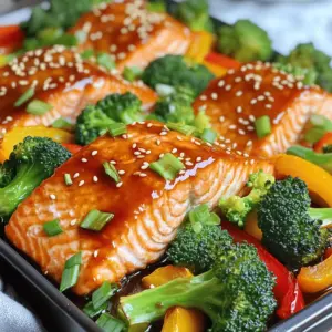 - 4 salmon fillets - 2 cups broccoli florets - 1 bell pepper, sliced - 1 tablespoon olive oil - 1/4 cup low-sodium soy sauce - 2 tablespoons honey or maple syrup - 1 tablespoon rice vinegar - 2 cloves garlic, minced - 1 teaspoon fresh ginger, grated - Sesame seeds - Chopped green onions - Salt and pepper to taste When I make teriyaki salmon and broccoli, I love how simple the ingredients are. You only need fresh salmon, bright veggies, and a few pantry staples. The main stars are the salmon and broccoli. I choose salmon fillets that look fresh and firm. For the broccoli, I use florets that are bright green. I also like to add a bell pepper for extra color and crunch. Olive oil helps to bring all the flavors together. The teriyaki sauce is what makes this dish shine. I mix soy sauce with honey or maple syrup for sweetness. Rice vinegar adds a nice tang, while garlic and ginger give the sauce depth. Together, they create a rich flavor that coats the salmon and veggies perfectly. For garnish, I sprinkle sesame seeds and chopped green onions. They add a nice crunch and fresh taste. I also season with salt and pepper to make everything pop. Gathering these ingredients makes cooking this meal fun and easy. You can find most of them at your local store. - Preheat oven to 400°F (200°C). - Prepare the sheet pan with parchment paper. This helps with easy cleanup. - In a small bowl, whisk together: - 1/4 cup low-sodium soy sauce - 2 tablespoons honey or maple syrup - 1 tablespoon rice vinegar - 2 cloves garlic, minced - 1 teaspoon fresh ginger, grated This sauce adds a sweet and tangy flavor to your salmon. - Place 4 salmon fillets on one side of the prepared sheet pan. - Season with salt and pepper. - Brush generously with teriyaki sauce. - On the other side, add: - 2 cups broccoli florets - 1 sliced bell pepper - Drizzle 1 tablespoon of olive oil over the veggies. - Season them with salt and pepper. - Pour the remaining teriyaki sauce over the vegetables and toss to coat. - Bake for 15-20 minutes. - Check when the salmon flakes easily with a fork. - Ensure the broccoli is tender and bright green. - Let the dish sit for a couple of minutes. - Serve hot and garnish with sesame seeds and chopped green onions for extra flavor. - Use fresh ingredients for the best taste. Fresh salmon and bright broccoli make a big difference. - Customize the teriyaki sauce to fit your taste. You can add more honey for sweetness or more garlic for a punch. - To check salmon doneness, look for the color change. Cook until it turns opaque and flakes easily with a fork. - For perfectly cooked broccoli, you want it bright green and tender. Avoid overcooking to keep it crisp. - Involve children in meal prep with simple tasks. Let them brush the teriyaki sauce on the salmon. - They can help wash and cut vegetables with a safe knife. Cooking together makes it fun and teaches them skills. {{image_2}} You can change up the veggies in this dish. Try using snap peas for a sweet crunch. Carrots add a nice color and flavor too. You might also like to add zucchini or asparagus. Just chop them into bite-sized pieces. This way, they cook well with the salmon and broccoli. Feel free to mix and match your favorites. The teriyaki sauce pairs well with many veggies. Not in the mood for salmon? You can use tilapia or cod instead. These fish cook well and have a mild taste. If you want a vegetarian option, try tofu. Use firm tofu for the best results. Press it to remove water, then cut it into cubes. Coat the tofu in the teriyaki sauce like you do the salmon. It will soak up all that great flavor. To make this dish gluten-free, use tamari instead of soy sauce. Tamari is a gluten-free soy sauce that tastes great. Check the labels on honey and rice vinegar to ensure they are gluten-free too. This way, everyone can enjoy the tasty teriyaki salmon and broccoli without worries. To keep your teriyaki salmon and broccoli fresh, store leftovers in the fridge. First, let the dish cool down to room temperature. Then, place it in an airtight container. This helps to lock in the flavor and moisture. I recommend using glass containers. They are sturdy and do not retain odors. To reheat the salmon and broccoli, use your oven or microwave. For the oven, preheat it to 350°F (175°C). Place the leftovers on a baking sheet. Cover it with foil to keep moisture in. Heat for about 10-15 minutes, or until warm. If using a microwave, place the food in a microwave-safe dish. Heat it in short bursts of 30 seconds. Stir in between to ensure even heating. When stored correctly, your teriyaki salmon and broccoli will last about 3 to 4 days in the fridge. Make sure to check for any off smells or changes in color before eating. If you do not plan to eat it within that time, freeze it. Properly stored, it can last up to three months in the freezer. Yes, you can use frozen salmon. Just thaw it fully before cooking. Place the salmon in the fridge overnight or use cold water to speed up thawing. This helps the fish cook evenly. You can serve teriyaki salmon with rice or quinoa. Both add a nice base to soak up the sauce. You might also try a side salad for extra crunch and freshness. Salmon is done when it flakes easily with a fork. The center should look opaque and not translucent. You can also use a food thermometer; it should read 145°F (63°C) for safe eating. Yes, you can meal prep teriyaki salmon and broccoli. Cook the dish, let it cool, and store it in airtight containers. It will last for up to three days in the fridge. Just reheat before eating! This blog post covered a simple teriyaki salmon and broccoli dish. We went through the ingredients you'll need and the step-by-step instructions for making it. The tips and tricks section shared ways to enhance flavor and ensure perfect cooking. Variations showed you can adapt this recipe easily. Finally, I shared storage info and answered FAQs for your convenience. With easy preparation and cooking, you can enjoy a tasty meal that's nutritious and fun to make!