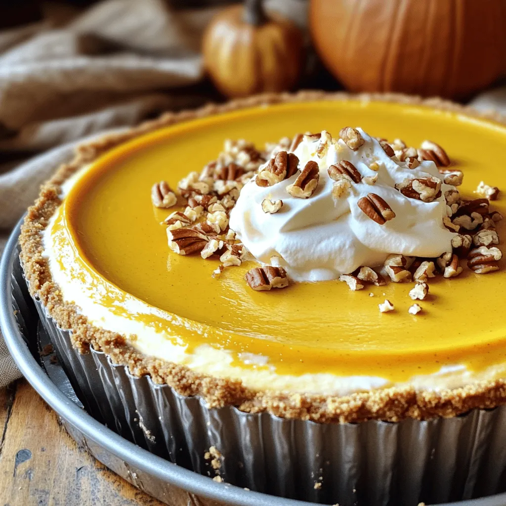 To make a no-bake pumpkin cheesecake, you need simple and delicious ingredients. These ingredients create a creamy and rich flavor that everyone will love. Here’s what you need: - 1 ½ cups graham cracker crumbs - ½ cup unsalted butter, melted - 1 cup cream cheese, softened - 1 cup canned pumpkin puree - ¾ cup powdered sugar - 1 teaspoon vanilla extract - 1 teaspoon pumpkin pie spice - 1 cup heavy whipping cream - ½ cup chopped pecans (optional, for topping) - Whipped cream (optional, for serving) These ingredients blend together well. The graham cracker crumbs form a tasty crust, while the filling brings a smooth, pumpkin flavor. You can add pecans for crunch and whipped cream for extra creaminess. Each ingredient plays a key role in making this dessert a delight to share. To start, I mix the graham cracker crumbs with the melted butter in a bowl. Make sure you combine them well. I like to use my hands to feel the texture. It should be moist and crumbly. Next, I press this mixture firmly into the bottom of a 9-inch springform pan. I want a solid base for my cheesecake. After that, I refrigerate the crust while I prepare the filling. This helps it set up nicely. In another bowl, I beat the softened cream cheese using an electric mixer. I want it to be smooth and creamy. Then, I add the pumpkin puree, powdered sugar, vanilla extract, and pumpkin pie spice. Mixing these ingredients gives the cheesecake its rich flavor. I blend until everything is well combined and smooth. Now comes the fun part! I whip the heavy cream in a separate bowl until soft peaks form. This step adds fluffiness to the filling. Then, I gently fold the whipped cream into the pumpkin mixture. I take my time here to keep it light and airy. Once mixed, I pour the filling over the chilled crust, spreading it evenly across the top. For the best results, I cover the pan loosely with plastic wrap. I let it chill in the fridge for at least four hours, but overnight is even better. This allows the cheesecake to set properly. After chilling, I carefully remove the sides of the springform pan. The cheesecake should look firm and hold its shape. To get the best texture for your no-bake pumpkin cheesecake, focus on your cream cheese. Make sure it is soft. This helps it blend smoothly with the other ingredients. If you forget to take it out of the fridge, just microwave it for about 10 seconds. To avoid cracks in the filling, mix gently. Over-mixing adds air, which can cause cracks as it sets. Folding in the whipped cream slowly helps keep it fluffy. When it comes to toppings, think about adding chopped pecans. They add a nice crunch. Whipped cream is another great option. It makes the cheesecake look fancy and taste rich. For drinks, pair your cheesecake with coffee or spiced cider. These drinks enhance the pumpkin flavor. You can also serve it with a glass of sweet wine for a lovely treat. {{image_2}} You can easily change the flavor of your no-bake pumpkin cheesecake. Here are some fun ideas: - Adding chocolate or caramel: Drizzle chocolate sauce or caramel over the top. This gives a rich taste that pairs well with pumpkin. You can even fold some melted chocolate into the filling for a chocolate twist. - Substituting different spices: Instead of pumpkin pie spice, try cinnamon or nutmeg. You can also add a hint of ginger for extra warmth. Each spice brings a new flavor to the cheesecake. Making this cheesecake fit your diet is simple. Here are two options to consider: - Gluten-free crust options: If you need a gluten-free crust, use crushed gluten-free cookies or almond flour mixed with melted butter. This keeps the crust tasty and safe for those with gluten issues. - Vegan alternatives: To make this cheesecake vegan, swap cream cheese for a vegan version. Use coconut cream in place of heavy whipping cream. Maple syrup can replace powdered sugar for sweetness. These swaps keep the flavor while making it plant-based. To keep your no-bake pumpkin cheesecake fresh, refrigeration is key. First, cover it with plastic wrap or foil. This prevents it from drying out or absorbing other scents in the fridge. Store it in the fridge for up to five days. If you want to keep it longer, freezing is a great option. You can freeze slices or the whole cheesecake. Wrap it tightly in plastic wrap, then place it in an airtight container. It stays good for about three months in the freezer. When you want to enjoy it again, just let it thaw in the fridge overnight. No-bake pumpkin cheesecake is best served chilled. You don’t need to reheat it. If you prefer it slightly softer, leave it at room temperature for about 10 minutes before serving. This way, it will be creamy and easy to slice. Enjoy your cheesecake as it is, or add some whipped cream or pecans for extra flavor. Yes, you can make this cheesecake a day or two ahead of time. It actually tastes better after sitting in the fridge. Just cover it well with plastic wrap to keep it fresh. If you don’t have graham crackers, try using vanilla wafers or digestive biscuits. Both options give a nice flavor for the crust. You can also use crushed cookies like Oreos for a fun twist. No-bake cheesecake lasts about 4 to 5 days in the fridge. Make sure to store it in an airtight container. This keeps it fresh and helps avoid any fridge odors. You can use fresh pumpkin, but it needs to be cooked and pureed first. Make sure it is smooth and not watery. Canned pumpkin is easier and saves time, but fresh can add a nice flavor. You’ll know the cheesecake is set when it’s firm to the touch. It should not jiggle when you move it. Refrigerate it for at least 4 hours, but overnight is even better for the best texture. This blog post covered all you need to make a delicious pumpkin cheesecake. We started with ingredients and went through each step carefully. I shared tips to avoid cracks and added ideas for serving. You can even try fun variations to change the flavor. In the end, you will impress friends and family with your cheesecake skills. Enjoy baking, and don’t forget to share this treat! Whether it's for a holiday or just because, your pumpkin cheesecake will be a hit.