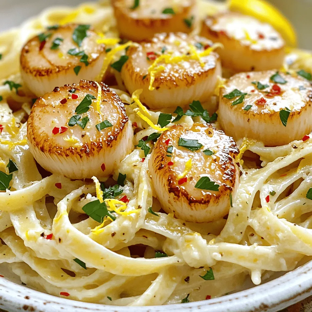 - 8 oz linguine or spaghetti - 12 large sea scallops, patted dry - 4 tablespoons unsalted butter - 4 cloves garlic, minced - 1 teaspoon red pepper flakes (adjust to taste) - 1 lemon, zested and juiced - ¼ cup fresh parsley, chopped - Salt and pepper to taste - Grated Parmesan cheese (for serving, optional) This dish shines with a few key ingredients. The linguine or spaghetti forms the base of the meal. Choose your favorite pasta type. The sea scallops are the stars, providing a sweet and tender bite. Freshness is key. Unsalted butter gives a rich flavor, while garlic adds depth. The red pepper flakes give a slight kick. Lemon brightens the dish with its zest and juice. Fresh parsley adds color and freshness. Finally, Parmesan cheese adds a savory finish if you choose to include it. You can swap linguine or spaghetti for gluten-free pasta if needed. For scallops, shrimp or chicken can work, but adjust cooking times. Use olive oil instead of butter for a lighter option. If you want more heat, add more red pepper flakes. Fresh herbs like basil can replace parsley for a different flavor. Enjoy experimenting with these options! First, boil a large pot of salted water. Add 8 ounces of linguine or spaghetti. Cook it until it is al dente, following the package directions. This usually takes about 8-10 minutes. Remember to save 1 cup of pasta water before draining the pasta. Set the drained pasta aside in a bowl. While the pasta cooks, get your scallops ready. Use 12 large sea scallops and pat them dry with a paper towel. Season them well with salt and pepper on both sides. This step is key for flavor. Next, heat 2 tablespoons of unsalted butter in a large skillet over medium-high heat. When the butter is melted and bubbling, add the scallops. Sear them for about 2-3 minutes on each side. You want them golden brown and opaque in the center. Once done, remove the scallops from the pan and set them aside. In the same skillet, lower the heat to medium. Add the remaining 2 tablespoons of butter. Once melted, toss in 4 cloves of minced garlic and 1 teaspoon of red pepper flakes. Sauté this mixture for about 1 minute. The garlic should smell great but be careful not to burn it. Now, it's time to bring it all together. Add the drained pasta to the skillet with the garlic butter. Pour in the reserved pasta water, along with the juice and zest of 1 lemon. Toss everything well to coat the pasta with the sauce. Now, gently fold in the seared scallops and ¼ cup of chopped parsley. Stir everything together, cooking for an additional minute. Adjust the flavor with salt and pepper if needed. Serve the pasta hot, adding grated Parmesan cheese if you like. Enjoy your meal! When choosing scallops, look for ones that smell clean and fresh. They should have a light ocean scent, not a strong fishy smell. Fresh scallops feel firm and slightly moist. They should also have a shiny, translucent appearance. Avoid scallops that look dull or dry. If possible, buy them from a trusted fish market or a reliable grocery store. Ask the staff when they arrived; fresh is best! Searing scallops gives them a nice golden crust. Start with dry scallops; pat them with a paper towel. This helps them sear better. Heat your skillet until it’s hot. Add butter and wait for it to bubble. Place the scallops in the skillet without crowding. Cook them for about 2-3 minutes on each side. You want them to be golden brown and opaque in the center. Do not move them around too much; let them sit for a good sear! The red pepper flakes add heat, but you can change that. If you like it milder, use less or skip it. You can also try adding black pepper for a different flavor. For a kick, add more red pepper flakes or a dash of hot sauce. Always taste as you go. You want to make it right for your taste buds! {{image_2}} You can switch up the pasta for this dish. Instead of linguine or spaghetti, try fettuccine or penne. These shapes hold sauce well and offer a nice bite. Whole wheat pasta adds fiber and a nutty flavor. For a lighter option, use zucchini noodles or spaghetti squash. These choices keep the dish fresh and fun. Want to make your pasta more exciting? Toss in some veggies! Spinach or cherry tomatoes work great. Add peas for a pop of color and sweetness. For extra protein, mix in shrimp or chicken. If you love heat, add more red pepper flakes or a dash of hot sauce. Each add-in makes your dish unique! If you need a gluten-free dish, swap regular pasta for gluten-free options. Many brands offer rice or corn-based pasta. Check labels to ensure they fit your needs. You can also explore spiralized veggies as a base. This keeps the meal light and flavorful while meeting dietary needs. Store any leftover garlic butter scallop pasta in an airtight container. Let it cool first. Place it in the fridge. It will stay fresh for up to three days. If you want to keep it longer, consider freezing it. To reheat, place the pasta in a skillet on low heat. Add a splash of water or broth. This helps keep it moist. Stir gently until warm. You can also microwave it. Use a microwave-safe dish and cover it. Heat in short bursts, stirring in between. To freeze, first cool the pasta completely. Then, portion it into freezer-safe bags. Remove excess air and seal tightly. You can freeze it for up to two months. When ready to eat, thaw overnight in the fridge before reheating. Scallops cook quickly. You should sear them for about 2-3 minutes on each side. When they turn golden brown, they are ready. The center should look opaque. Overcooking can make them tough, so watch them closely. Yes, you can use frozen scallops. Just make sure to thaw them fully before cooking. Pat them dry to remove excess moisture. This step helps them sear better and get that nice golden color. You can try many sauces with scallop pasta. A creamy Alfredo or a light lemon butter sauce works well. You could also use a spicy marinara for a kick. Experimenting with different sauces can add fun flavors to your dish. In this blog post, we covered key ingredients for scallop pasta and how to prepare it. I shared tips for selecting fresh scallops and perfecting their sear. You learned about pasta variations and dietary options too. Remember, cooking is all about experimentation. Use these tips to create your own delicious version of scallop pasta. Enjoy your cooking journey and don't hesitate to try new things!