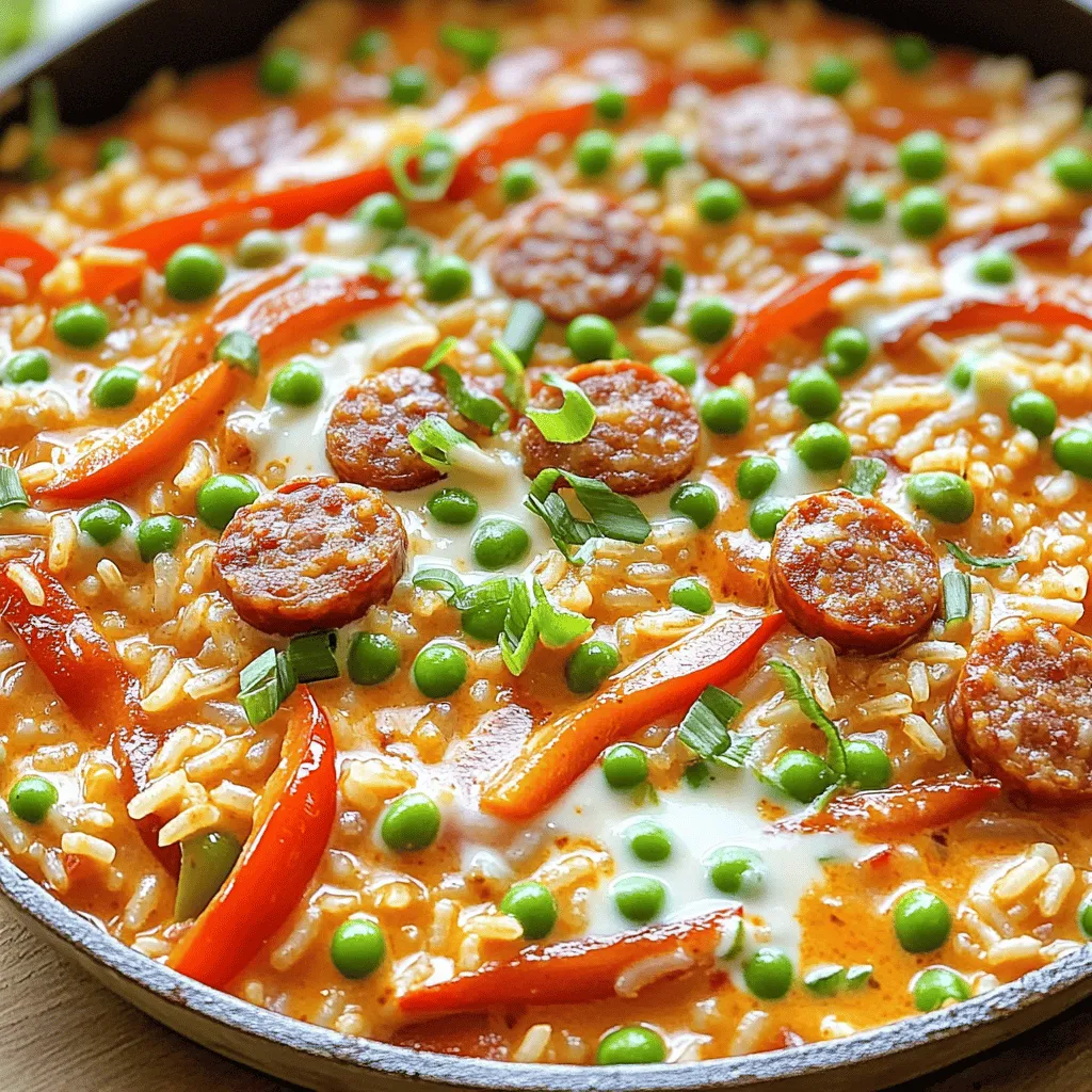 - 1 lb smoked sausage, sliced - 1 cup long-grain white rice - 2 cups chicken broth - 1 cup heavy cream - 1 medium onion, diced - 2 cloves garlic, minced - 1 red bell pepper, diced - 1 green bell pepper, diced - 2 tablespoons Cajun seasoning - 1 teaspoon paprika - 1 cup frozen peas - 2 tablespoons olive oil - Salt and pepper to taste - Chopped green onions for garnish To make this creamy Cajun sausage rice skillet, gather these tasty ingredients. The smoked sausage gives a rich flavor. The long-grain rice absorbs all the creamy goodness. The chicken broth adds depth, while heavy cream ensures a smooth texture. - Alternatives for smoked sausage: You can use turkey sausage or chicken sausage for a lighter option. - Gluten-free rice options: Substitute with brown rice or cauliflower rice for a low-carb choice. - Dairy substitutes for heavy cream: Coconut cream or cashew cream works well for a dairy-free version. Using these simple swaps can help you tailor the dish to fit your needs. Enjoy experimenting! To start, heat olive oil in a large skillet over medium heat. Add the sliced smoked sausage. Cook it for about 5 to 7 minutes until it turns a nice brown color. This step adds a lot of flavor to the dish. Once browned, remove the sausage from the skillet and set it aside. Next, it's time to cook the vegetables. In the same skillet, add diced onion, minced garlic, and the red and green bell peppers. Sauté these for about 5 minutes. You want the onions to look clear and the peppers to be tender. Good texture in your veggies makes the dish more enjoyable. Now, let’s combine the ingredients. Return the sausage to the skillet. Then, pour in the long-grain white rice, Cajun seasoning, and paprika. Stir everything together. This step layers flavors nicely. Cook for 2 to 3 minutes. It helps the rice toast slightly and absorb all those great flavors. Then, pour in the chicken broth and heavy cream. Bring the mixture to a gentle boil. After that, reduce the heat to low and cover the skillet. Simmer this for 15 to 20 minutes. This allows the rice to cook fully and absorb most of the liquid. Adjust the heat as needed to keep it simmering gently. Finally, stir in the frozen peas and cook for another 5 minutes, uncovered. This adds a pop of color and sweetness. After cooking, it's important to let the dish rest for a few minutes before serving. This helps the flavors settle. Serve the dish straight from the skillet and enjoy! To make this dish your own, adjust the spice levels to your taste. If you love heat, add extra Cajun seasoning or a dash of hot sauce. For a milder flavor, start with less seasoning and add more as you cook. Achieving a creamy texture is key. Use heavy cream for rich flavor. If you want a lighter option, substitute with half-and-half or a dairy-free cream. Always stir well to mix in the cream with other ingredients. This creamy Cajun sausage rice skillet pairs well with crusty bread. The bread absorbs the creamy sauce perfectly. You can also serve it with a crisp green salad to balance the richness of the dish. For a beautiful presentation, serve directly from the skillet. Garnish with chopped green onions. The bright green color adds a nice touch. You can also sprinkle some paprika on top for extra color. If you need to feed more people, easily scale the recipe. Double the ingredients for a larger batch. Just make sure your skillet is big enough to hold everything. For meal prep, cook this dish ahead of time. Store it in the fridge for up to 3 days. When ready to eat, simply reheat on the stove or in the microwave. Enjoy a quick, tasty meal that feels fresh! {{image_2}} You can change up this dish easily. Adding vegetables makes it even better. Spinach or zucchini can add color and nutrition. Just toss them in with the onion and peppers. You can also use different proteins. Chicken or shrimp work well. If you like a vegetarian version, try using plant-based sausage. To boost flavor, add heat and depth. You can include diced jalapeños or a dash of hot sauce. This will give your dish a nice kick. Fresh herbs can brighten the meal too. Try adding chopped parsley or cilantro before serving. These will make every bite fresh and tasty. If you want a vegan or vegetarian dish, replace the sausage and cream. Use plant-based sausage and coconut cream instead. This keeps the creamy texture. For those watching carbs, you can swap rice for cauliflower rice. It cooks faster and keeps it light. Enjoy these variations to fit your needs! To store leftovers, let the dish cool first. Place it in airtight containers. This helps keep it fresh. You can store it in the fridge for up to 3 days. Avoid using metal containers as they can react with the cream. Glass or plastic containers work best. Reheat the dish in a skillet over low heat. Add a splash of chicken broth or cream. This keeps the dish creamy and moist. Stir often to avoid sticking. You can also use the microwave. Heat in short bursts and stir in between. This helps maintain the texture without drying it out. To freeze the dish, let it cool completely. Place it in freezer-safe containers. Make sure to leave some space for expansion. It can last up to 2 months in the freezer. When you are ready to eat, thaw it overnight in the fridge. Reheat slowly on the stove or in the microwave. Add a bit of cream or broth to restore creaminess. This dish lasts about 3 to 4 days in the fridge. Store it in an airtight container. Make sure it cools before sealing it. Reheat portions in the microwave or on the stove. Yes, you can use uncooked rice. Just adjust the liquid. Use 2.5 cups of chicken broth instead of 2 cups. Add the uncooked rice with the sausage and broth, then simmer. This helps the rice cook fully and absorb all the flavors. This dish pairs well with a fresh green salad. Garlic bread is also a great choice. You can serve it alongside roasted vegetables or cornbread for extra flavor. These sides complement the creamy texture nicely. Yes, you can make this dish ahead of time. Prepare it completely and let it cool. Store it in the fridge for up to 4 days. Reheat it gently when ready to serve. This makes meal planning easy. The dish has a mild spice from Cajun seasoning. If you want it spicier, add more seasoning. Try adding red pepper flakes for extra heat. You can also use a spicier sausage to enhance the flavor. Adjust according to your taste. This blog post covered a delicious creamy Cajun sausage rice skillet. You learned about the key ingredients, cooking steps, and tips to enhance flavor. We discussed common substitutions and how to store leftovers effectively. In closing, this dish is simple and versatile. You can adjust it to fit your taste. Whether for one or a crowd, this recipe shines. Enjoy making it your own and delight in every bite.