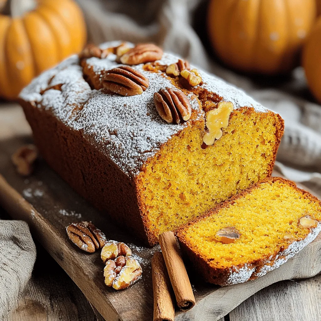 - 1 ½ cups pumpkin puree (canned or homemade) - 1 cup granulated sugar - ½ cup brown sugar, packed - ½ cup vegetable oil - 3 large eggs The base of this bread is pumpkin puree. It gives the bread its moist texture and rich flavor. I love using canned pumpkin for its convenience, but homemade works too. The sugars provide sweetness. Granulated sugar gives a nice kick, while brown sugar adds depth. The oil keeps the bread tender. Eggs help bind everything together. - 2 cups all-purpose flour - 1 teaspoon baking soda - ½ teaspoon baking powder - 1 teaspoon ground cinnamon - ½ teaspoon ground nutmeg - ½ teaspoon ground ginger - ½ teaspoon salt The flour is key for structure. Baking soda and baking powder help the bread rise. The spices, like cinnamon and nutmeg, bring warmth. Ginger adds a nice zing. Salt balances the flavors and enhances sweetness. - ½ cup chopped walnuts or pecans - ½ cup chocolate chips You can add nuts for crunch and richness. Walnuts or pecans are both great choices. Chocolate chips bring a sweet surprise in each bite. Choose one or use both for more flavor! - Preheat your oven to 350°F (175°C). Lightly grease a 9x5 inch loaf pan. - In a large mixing bowl, combine 1 ½ cups pumpkin puree, 1 cup granulated sugar, ½ cup brown sugar, and ½ cup vegetable oil. Mix until smooth. - Add 3 large eggs, one at a time. Whisk between each egg until fully mixed. - In another bowl, whisk together 2 cups all-purpose flour, 1 teaspoon baking soda, ½ teaspoon baking powder, 1 teaspoon ground cinnamon, ½ teaspoon ground nutmeg, ½ teaspoon ground ginger, and ½ teaspoon salt. - Gradually add the dry mix to the wet mix. Stir gently until just combined. Avoid overmixing. - If you want, fold in ½ cup chopped walnuts or pecans and ½ cup chocolate chips. - Pour the batter into your prepared loaf pan. Smooth the top with a spatula. - Bake for 55-65 minutes. Check with a toothpick. It should come out clean. - Once baked, let it cool in the pan for about 10 minutes. Then, transfer it to a wire rack to cool completely. To ensure your bread rises well, use fresh baking soda. Old baking soda may not work. Also, measure your flour correctly. Too much flour can make the bread dense. Do not overmix the batter. Mixing too much can lead to tough bread. Stir just until the dry ingredients blend in. A few lumps are okay. You can add spices for more flavor. Try a pinch of allspice or cloves. These spices add warmth and depth to the taste. Mix-ins can make your bread special. Add ½ cup of chopped nuts or chocolate chips. These add texture and sweetness, making every bite exciting. Serve your bread warm or at room temperature. Slice it neatly for best results. A sprinkle of powdered sugar on top looks great. For a festive touch, serve it on a wooden board. Add a few pecans and a cinnamon stick for decoration. This makes your bread look as good as it tastes. {{image_2}} You can make this pumpkin bread gluten-free by swapping all-purpose flour for gluten-free flour blends. Look for blends that include xanthan gum, as this helps with texture. Measure the same amount, about 2 cups. This way, you keep the flavor and moisture while ensuring a gluten-free treat. To make this recipe dairy-free, simply replace vegetable oil with coconut oil or a neutral oil like canola. Ensure it is melted if you use coconut oil. This switch keeps the bread moist and adds a light coconut flavor. You can add a twist to your bread by using different spices. Try adding cardamom or allspice for a unique taste. Dried fruits, like cranberries or raisins, can also enhance the flavor. They add sweetness and chewiness, perfect for fall. To keep your one-bowl pumpkin bread fresh, store it at room temperature. Place it in a cool, dry spot. Wrap it tightly in plastic wrap or foil. This will help keep moisture in and prevent it from drying out. If you want, you can use a cake dome or a large zip-top bag. For long-term storage, freezing is your best bet. Slice the bread before freezing. This makes it easy to grab a slice later. Wrap each slice in plastic wrap, then place them in a freezer bag. Remove as much air as possible. To thaw, take out a slice and let it sit at room temperature for about 30 minutes. You can also use the microwave for a quick thaw. Your pumpkin bread will stay fresh for about 3 to 5 days at room temperature. If you freeze it, it can last for up to 3 months. Remember, the sooner you eat it, the better the taste! Can I use fresh pumpkin instead of canned? Yes, you can use fresh pumpkin. Cook the pumpkin until soft. Then, puree it well. Canned pumpkin is convenient, but fresh adds a nice touch. How do I know when my pumpkin bread is done? Check the center with a toothpick. If it comes out clean, the bread is ready. You can also look for a golden brown top. How can I make it vegan? To make this bread vegan, replace eggs with flax eggs. Mix 1 tablespoon of ground flaxseed with 3 tablespoons of water per egg. Let it sit for a few minutes to thicken. What to do if the bread is too dry? If your bread turns out dry, try adding more oil next time. You can also reduce the baking time slightly. Adding a bit of applesauce can help add moisture. Why is my bread not rising? If the bread does not rise, check the baking soda and baking powder. They must be fresh to work. Mixing the batter too much can also cause this issue. Can I use brown sugar only? Yes, you can use only brown sugar. It will give your bread a richer flavor and moisture. Just replace the granulated sugar with an equal amount of brown sugar. What can I use instead of eggs? You can use applesauce or mashed banana. Use 1/4 cup for each egg. This keeps the bread moist and adds a hint of sweetness. In this post, I covered key ingredients for pumpkin bread, including the main, dry, and optional add-ins. I provided step-by-step instructions for preparation, mixing, and baking, along with tips for success and flavor enhancements. Variations cater to gluten-free and dairy-free needs, while storage tips ensure freshness. Pumpkin bread is fun and versatile. You can personalize it to fit your taste. Try different spices or mix-ins to make it your own! Enjoy sharing this delicious treat with family and friends.