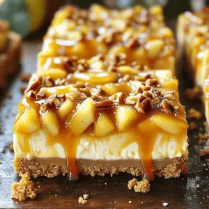To make these caramel apple cheesecake bars, gather the following ingredients: - 1 ½ cups graham cracker crumbs - ½ cup unsalted butter, melted - 2 tablespoons brown sugar - 3 (8 oz) packages cream cheese, softened - 1 cup granulated sugar - 3 large eggs - 1 teaspoon vanilla extract - 1 teaspoon cinnamon - 2 cups finely chopped apples (preferably Granny Smith) - 1 cup caramel sauce (store-bought or homemade) - ¼ cup chopped pecans (optional) - Sea salt for garnish You can swap some ingredients if needed. Here are a few ideas: - For graham cracker crumbs, use crushed cookies like digestive biscuits. - Use coconut oil instead of unsalted butter for a dairy-free option. - Maple sugar can replace brown sugar for a unique flavor. - If you don't have cream cheese, ricotta works too, but the texture will change. - For a lower sugar option, use a sugar substitute like erythritol. Want to make it even better? Here are some optional add-ins: - Chopped nuts like walnuts or almonds add crunch and flavor. - A sprinkle of nutmeg can enhance the fall taste. - You can add a layer of chocolate chips for a sweet twist. - For extra caramel flavor, mix in a bit of caramel sauce into the filling. Feel free to mix and match ingredients to make these bars your own! Start by preheating your oven to 325°F (160°C). Grease a 9x13 inch baking dish. You can also line it with parchment paper for easy removal later. In a medium bowl, combine 1 ½ cups of graham cracker crumbs, ½ cup of melted unsalted butter, and 2 tablespoons of brown sugar. Mix these until they blend well. Press this mixture firmly into the bottom of your prepared baking dish. This will be the tasty base for your bars. Grab a large bowl. Beat together 3 packages of softened cream cheese and 1 cup of granulated sugar. Keep mixing until the mix is smooth and creamy. Next, add 3 large eggs, one at a time. Make sure to mix well after each egg. Now, mix in 1 teaspoon of vanilla extract and 1 teaspoon of cinnamon until it’s all combined. Gently stir in 2 cups of finely chopped Granny Smith apples. This adds a nice bite to your filling. Pour the cheesecake mix over the crust in the baking dish. Spread it evenly. Drizzle 1 cup of caramel sauce on top and use a knife to swirl it into the cheesecake layer. This makes it look pretty and adds more flavor. Place the baking dish in your preheated oven. Bake for 40-45 minutes. The edges should be set, but the center should still jiggle a little. This means it will set up nicely after cooling. Take the dish out of the oven and let it cool at room temperature. Once cool, pop it in the fridge for at least 3 hours, or even better, overnight. This helps the bars firm up well. When ready, cut them into squares. Drizzle more caramel sauce on top and sprinkle a little sea salt for that extra flavor. Enjoy! To get the right texture, follow these steps. First, make sure your cream cheese is soft. Leave it out for at least an hour before mixing. This way, it blends smoothly. Use a mixer to beat the cream cheese and sugar until creamy. Mixing too fast can add air, leading to cracks. Keep the mixing speed low and steady. Cracks can ruin the look of your bars. Here’s how to avoid them. Bake your bars at a lower temperature. The key is to cook them slowly. A slight jiggle in the center is good. It means they will set as they cool. Once out of the oven, let them cool slowly. Don’t rush this step. Rapid cooling can cause cracks. Cutting your bars neatly makes them more appealing. Here’s how to do it right. First, chill the bars well. Wait at least three hours in the fridge. Use a sharp knife for clean cuts. Dip the knife in hot water between cuts. This helps the knife glide through. Wipe it dry each time to keep the bars looking nice. {{image_2}} You can change the flavor of your Caramel Apple Cheesecake Bars easily. Try using pumpkin spice for a fall twist. Just add one tablespoon of pumpkin pie spice to the cream cheese. You can also use different fruits. Pears or peaches work well too. For a tropical taste, swap apples for crushed pineapple. This keeps the filling light and fresh. If you want a healthier version, consider using low-fat cream cheese. This cuts calories but still keeps the creamy texture. You can also reduce the sugar. Use half the amount of granulated sugar and add some honey or maple syrup for sweetness. For a gluten-free option, use gluten-free graham crackers. These tweaks keep the bars tasty and fun without the guilt. These bars pair well with many treats. A scoop of vanilla ice cream on top adds creaminess. You can also serve with whipped cream for a light touch. Drizzling extra caramel sauce gives a rich finish. For a crunchy contrast, top with chopped nuts. Serve them warm for a cozy dessert or chilled for a refreshing treat. The choices make this dessert even more enjoyable! To store your caramel apple cheesecake bars, first, let them cool completely. Then, cover the bars tightly with plastic wrap or aluminum foil. You can also place them in an airtight container. Keep them in the fridge for up to one week. The cool air helps maintain their creamy texture and fresh flavor. If you want to save some for later, freezing is a great option. Cut the bars into squares first. Then, place each square in a single layer on a baking sheet. Freeze them for about an hour. Once firm, wrap each bar in plastic wrap. You can also put them in a freezer-safe bag. They will stay fresh for up to three months. When ready to eat, just thaw them in the fridge overnight. To reheat your cheesecake bars, remove them from the fridge or freezer. If they are frozen, let them thaw first. Then, you can use the microwave. Heat them for about 15-20 seconds. This warms them up without cooking them further. You can also enjoy them cold! The choice is yours. Yes, you can use different apples. While Granny Smith apples are tart and hold their shape, sweeter apples like Honeycrisp or Fuji will work well too. Just remember, the flavor and texture will change. Tart apples give a nice contrast to the sweet cheesecake and caramel. These bars can last up to a week in the fridge. Store them in an airtight container. Make sure they are fully cooled before you put them away. This helps keep them fresh. Absolutely! You can make these bars a day or two ahead of time. Just bake, cool, and chill them in the fridge. They taste even better after a day. The flavors have time to meld together. Serve these bars chilled. Cut them into squares and drizzle extra caramel sauce on top. Add a sprinkle of sea salt for that perfect sweet-salty balance. They also pair well with a scoop of vanilla ice cream. Yes, you can use a different crust. Try a cookie crust made from Oreos or a gluten-free option with almond flour. Just make sure to adjust the amount of butter based on what you choose. Each crust will add its own unique flavor to the bars. You learned about the key ingredients, step-by-step instructions, and helpful tips for making caramel apple cheesecake bars. I shared variations to suit your taste and storage methods for freshness. Making these treats can be simple and fun. Remember, minor changes can lead to big flavor. Try different apples or flavors to find your favorite. Enjoy your baking and share your delicious results with others!