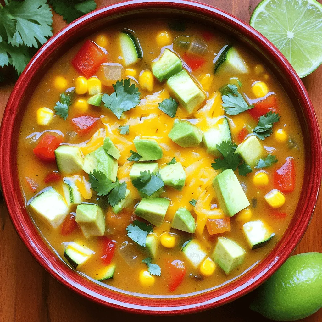 - 1 tablespoon olive oil - 1 onion, diced - 3 cloves garlic, minced - 1 red bell pepper, diced - 1 yellow bell pepper, diced - 2 medium zucchini, diced - 1 cup corn kernels (fresh or frozen) - 1 can (15 oz) black beans, rinsed and drained - 1 can (15 oz) diced tomatoes with green chilies - 4 cups vegetable broth - 2 tablespoons enchilada sauce (store-bought or homemade) - 1 teaspoon ground cumin - 1 teaspoon chili powder - Salt and pepper to taste - 1 cup shredded cheese (cheddar or Mexican blend) - 1 avocado, diced - Fresh cilantro, for garnish - Lime wedges, for serving Let’s break down the ingredients. First, you need olive oil. This helps to sauté the veggies. Next, gather your vegetables: onion, garlic, bell peppers, zucchini, and corn. These give the soup a fresh taste. Then, we add beans and tomatoes. Black beans add protein. Diced tomatoes with green chilies give it a nice kick. Next, we have broth and enchilada sauce. They create a rich base for the soup. Don’t forget the spices! Ground cumin and chili powder add depth. Salt and pepper enhance all the flavors. Finally, we top it off with shredded cheese, diced avocado, and fresh cilantro. Lime wedges add a zesty finish. These ingredients come together to make a warm and filling dish. You can mix and match to fit your taste. This soup is not only easy to make but also satisfying. Enjoy creating this loaded veggie enchilada soup! To start, heat 1 tablespoon of olive oil in a large pot over medium heat. Next, add 1 diced onion. Sauté it for about 3 to 4 minutes until it turns translucent. This step gives a nice base flavor. After that, add 3 cloves of minced garlic. Cook it for 1 minute until it smells great. Now, stir in 1 diced red bell pepper, 1 diced yellow bell pepper, and 2 medium diced zucchinis. Sauté these veggies for about 5 to 7 minutes. You want them to become slightly soft but still crunchy. Once the base is ready, it’s time to add more flavor. Add 1 cup of corn kernels, 1 can of black beans that you rinsed and drained, and 1 can of diced tomatoes with green chilies to the pot. Stir everything well. Next, pour in 4 cups of vegetable broth. This makes the soup nice and hearty. Don’t forget to add 2 tablespoons of enchilada sauce, 1 teaspoon of ground cumin, and 1 teaspoon of chili powder. Season with salt and pepper to taste. Mix all the ingredients well. Now, bring the soup mixture to a boil. Once it starts boiling, reduce the heat to low. Let it simmer for about 15 to 20 minutes. This time allows all the flavors to blend together nicely. After simmering, taste the soup. Adjust the seasoning if needed. You can add more salt or chili powder if you like it spicier. This soup should be full of flavor and ready to enjoy! To make your Loaded Veggie Enchilada Soup truly shine, focus on the base. Start by sautéing the onion and garlic until soft. This step builds a great flavor. Use medium heat and don't rush it. Let the garlic become fragrant, about one minute. Next, add the red and yellow bell peppers and zucchini. Cook them until they soften, about five to seven minutes. This helps release their natural sweetness. For flavor enhancement, you can add a bit more enchilada sauce. This will deepen the taste. If you love heat, consider more chili powder. Taste as you go to find the right balance. For the best texture, let the soup simmer at low heat. This allows the flavors to blend. A good simmer also thickens the soup. Aim for about 15 to 20 minutes. Stir occasionally to keep things from sticking. Garnishing your soup can take it to the next level. Top each bowl with shredded cheese. A sprinkle of diced avocado adds creaminess. Fresh cilantro gives a nice pop of color and flavor. Serve lime wedges on the side. A squeeze of lime brings a bright taste. Pair your Loaded Veggie Enchilada Soup with crusty bread or tortilla chips. Both are great for dipping. You can also serve it with a fresh salad for a complete meal. {{image_2}} You can easily change the taste of your Loaded Veggie Enchilada Soup. Start with the veggies. Try adding: - Spinach - Mushrooms - Carrots - Sweet potatoes These options bring new flavors and textures. You can also swap beans or protein. Use: - Chickpeas - Lentils - Grilled chicken - Tofu Mix and match to fit your taste. This soup is flexible and fun. Do you like your soup mild or spicy? Adjust the spice to your liking. To make it milder, reduce the chili powder. For more heat, add extra chili powder or even crushed red pepper. You can also try different spices like: - Smoked paprika - Oregano - Cayenne pepper These spices add depth and warmth. Experiment until you find your favorite balance! To store leftovers, let the soup cool first. Pour it into an airtight container. This keeps it fresh. You can store it in the fridge for up to four days. If you want to freeze the soup, use freezer-safe bags or containers. Leave some space at the top for expansion. This soup can last for about three months in the freezer. When you're ready to eat, thaw the soup in the fridge overnight. To reheat, pour it into a pot over medium heat. Stir often until it’s hot. You can also microwave it in a safe bowl. Just remember to stir halfway through. Enjoy your warm, hearty soup! What is the best way to thicken enchilada soup? The best way to thicken enchilada soup is to simmer it longer. This helps the liquid reduce. You can also add a slurry of cornstarch and water. Mix one tablespoon of cornstarch with two tablespoons of water. Stir it in and let it cook for a few more minutes. Can I use fresh vegetables instead of frozen? Yes, you can use fresh vegetables! Fresh bell peppers, zucchini, and corn taste great in this soup. Just chop them up and add them to the pot. Fresh veggies may add a crunchier texture, making your soup even more delightful. How can I make this soup vegan/dairy-free? To make this soup vegan, skip the cheese and use vegetable broth. You can also add avocado for creaminess. For a fun twist, try using a dairy-free cheese on top. Many brands offer tasty options that melt well. What are the best toppings for Loaded Veggie Enchilada Soup? The best toppings include shredded cheese, diced avocado, and fresh cilantro. You can also add lime wedges for a zesty kick. For extra crunch, try tortilla strips or crushed tortilla chips. They add a fun texture to each bite! This blog covered how to make a tasty Loaded Veggie Enchilada Soup. We explored the key ingredients, from fresh veggies to spices and toppings. I shared step-by-step cooking methods, along with handy tips for great flavor and texture. You can customize the soup for more variety or spice. Finally, we discussed storing leftovers and answered common questions. Try this recipe, and enjoy a hearty meal that fits your taste. Cooking can be fun and easy!