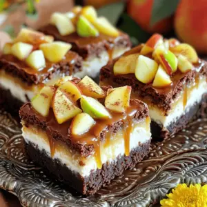 - 1 cup unsalted butter, melted - 2 cups granulated sugar - 4 large eggs - 1 teaspoon vanilla extract - 1 cup all-purpose flour - ¾ cup unsweetened cocoa powder - ½ teaspoon salt - 1 teaspoon baking powder The brownie base gives a rich, fudgy texture. The melted butter and sugar blend well for a moist bite. Eggs add structure, while cocoa powder brings that chocolatey flavor. Each ingredient plays a key role in making the brownies stand out. - 16 oz cream cheese, softened - ½ cup granulated sugar - 1 large egg - 1 teaspoon vanilla extract The cheesecake layer adds a creamy contrast to the brownies. Softened cream cheese whips up smooth and fluffy. Sugar sweetens it just right, and the egg helps it bake perfectly. Vanilla extract enhances the flavor, making it irresistible. - 2 cups apples, peeled and diced (preferably Granny Smith) - 1 tablespoon lemon juice - ½ teaspoon cinnamon - 2 tablespoons brown sugar - ½ cup homemade or store-bought caramel sauce The apple filling brings a fresh crunch. Granny Smith apples work best for their tartness. Lemon juice keeps the apples bright and prevents browning. Cinnamon adds warmth, while brown sugar gives a hint of caramel flavor. The caramel sauce ties it all together, making each bite a delight. To make the brownie batter, start by preheating your oven to 350°F (175°C). Grease a 9x13 inch baking pan and line it with parchment paper. This helps with easy removal. In a large bowl, mix 1 cup of melted unsalted butter with 2 cups of granulated sugar until combined. Next, add 4 large eggs one at a time, mixing well after each. Stir in 1 teaspoon of vanilla extract for flavor. In another bowl, whisk together 1 cup of all-purpose flour, ¾ cup of unsweetened cocoa powder, ½ teaspoon of salt, and 1 teaspoon of baking powder. Gradually add this dry mix to the wet ingredients. Stir until just combined. For the cheesecake layer, take 16 ounces of cream cheese and beat it in a bowl until smooth. Add ½ cup of granulated sugar, 1 large egg, and 1 teaspoon of vanilla extract. Mix until the mixture is creamy and well combined. Set this aside for later. Now, let's put everything together. Pour half of the brownie batter into the prepared pan. Spread it out evenly. Next, layer the cheesecake mixture over the brownie batter. Smooth it out to cover the whole surface. In a separate bowl, mix 2 cups of peeled and diced Granny Smith apples with 1 tablespoon of lemon juice, ½ teaspoon of cinnamon, 2 tablespoons of brown sugar, and ½ cup of caramel sauce. Toss until the apples are well coated. Distribute this apple filling on top of the cheesecake layer. Finally, pour the remaining brownie batter over the apples, spreading gently to cover them. Place the pan in the oven and bake for 35-40 minutes. Check for doneness by inserting a toothpick near the center. It should come out with moist crumbs, not wet batter. Once done, let the brownies cool in the pan for about 30 minutes. Use the parchment paper to lift them out and cool on a wire rack completely. For extra flavor, drizzle more caramel sauce on top before slicing them into squares. Enjoy your delicious caramel apple cheesecake brownies! For the best brownie texture, use unsalted butter. Melt it gently to keep it smooth. Add sugar and blend well. This creates a rich base. To ensure a fudgy brownie, do not overmix the batter. Just mix until you don't see any dry flour. Bake until the top looks set but still soft. This keeps the center moist and chewy. I love using Granny Smith apples for this recipe. Their tartness balances the sweet caramel and cheesecake. Choose firm apples that are not too soft. Fresh apples add crunch and flavor. Peel and dice them into small pieces. This helps them cook evenly and blend well in the layers. To achieve a creamy cheesecake layer, start with softened cream cheese. Let it sit at room temperature. This makes mixing easier and smoother. Beat it until there are no lumps. Add sugar and mix just until combined. Overmixing can add air, leading to cracks during baking. Use a spatula to spread it gently over the brownie layer. This keeps it silky and delicious. {{image_2}} You can add nuts for a nice crunch in your brownies. Chopped walnuts or pecans work great. Just fold in about 1 cup of nuts into the brownie batter. This adds flavor and texture. If you want a nut-free option, skip this step. Toppings can change how your brownies taste. Try adding chocolate chips on top before baking. You can also sprinkle some sea salt for a sweet and salty mix. For a fruity twist, add more apple slices on top. This makes your dessert look great and adds flavor. You can change the flavors in the cheesecake layer too. Instead of vanilla, try almond extract for a nutty taste. You can also add lemon zest for a bright flavor. If you like chocolate, mix in some melted chocolate for a rich twist. These swaps make each batch unique and fun to make! To keep your caramel apple cheesecake brownies fresh, place them in an airtight container. This protects them from air and moisture. You can store them at room temperature for up to three days. If you want to keep them longer, refrigeration is a good option. Just make sure they are completely cool before storing. If you want to save your brownies for later, freezing is a great choice. First, cut the brownies into squares. Wrap each piece in plastic wrap tightly. Then, place the wrapped brownies in a freezer-safe bag or container. They can last up to three months in the freezer. When you're ready to eat them, thaw them in the fridge overnight. To enjoy your leftover brownies warm, preheat your oven to 350°F (175°C). Place the brownies on a baking sheet. Cover them loosely with foil to keep them from drying out. Heat for about 10-15 minutes. You can also microwave a single square for about 15-20 seconds for a quick treat. Just watch it closely to avoid overheating. Yes, you can! While I recommend Granny Smith apples for their tartness, other apples work too. Fuji or Honeycrisp adds sweetness and a nice texture. Just pick apples that hold their shape when baked. Check the brownies after 35 minutes. Insert a toothpick into the center. If it comes out with moist crumbs, they are ready. If the toothpick has wet batter, bake for a few more minutes. Keep an eye on them to avoid overbaking. Absolutely! You can bake these brownies a day in advance. Just let them cool, then cover them tightly with plastic wrap. They will stay fresh and tasty in the fridge. For clean cuts, use a sharp knife. First, make sure the brownies are completely cool. If you want perfect squares, dip the knife in warm water before cutting. Wipe the knife clean between cuts for neat edges. You now have a great recipe for Caramel Apple Cheesecake Brownies. We covered all the ingredients, from the brownie base to the creamy cheesecake layer and sweet apple filling. You learned step-by-step how to make these treats, with tips to get the texture just right. Try out some variations to make the recipe your own. Don’t forget the storage tips for keeping your brownies fresh. Enjoy your baking, and share these delicious brownies with friends or family. You’ll impress everyone with this tasty dessert!