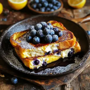 - 4 thick slices of brioche or challah bread - 1 cup cream cheese, softened - 1/4 cup powdered sugar - 1 teaspoon vanilla extract - 1 tablespoon lemon zest - 1/4 cup fresh blueberries (plus extra for topping) - 2 large eggs - 1/2 cup milk - 1 teaspoon ground cinnamon - 2 tablespoons butter - Maple syrup for serving The main ingredients create a lovely mix of flavors. The cream cheese gives a rich texture. Lemon zest adds a fresh burst. Blueberries bring sweetness and tartness. Thick slices of brioche or challah hold up well. - Additional fresh blueberries - A dusting of powdered sugar - Whipped cream - Chopped nuts - Lemon slices These toppings can elevate your dish. Extra blueberries add a pop of color. Powdered sugar makes it look fancy. Whipped cream adds creaminess. Nuts add crunch. Lemon slices can brighten the flavor. - Brioche - Challah - French toast bread - Sourdough Choosing the right bread is key. Brioche and challah are soft and rich. They soak up the egg mixture well. French toast bread is a classic choice. Sourdough adds a tangy taste that works nicely. To start, grab a medium bowl. Add 1 cup of softened cream cheese. Next, mix in 1/4 cup of powdered sugar. Then, add 1 teaspoon of vanilla extract. Lastly, stir in 1 tablespoon of lemon zest. Beat these together until the mix is smooth and creamy. Now, gently fold in 1/4 cup of fresh blueberries. This mixture will give your French toast a rich and tangy flavor. Take 4 thick slices of brioche or challah bread. Spread a generous amount of the blueberry cheesecake mixture onto one side of each slice. Make sure you cover the bread well! Then, place another slice on top of each one to make a sandwich. This step is key for holding all the yummy flavors inside. In a separate bowl, whisk together 2 large eggs, 1/2 cup of milk, and 1 teaspoon of ground cinnamon. Blend these until they are well combined. Preheat a large skillet over medium heat. Add 2 tablespoons of butter, letting it melt and coat the skillet. Dip each side of your cream cheese sandwiches into the egg mix. Let any extra drip off before cooking. Place the sandwiches in the skillet. Cook for about 3-4 minutes on each side. They should turn golden brown and crispy. Once cooked, transfer your French toast to a serving plate. Top with extra blueberries and a dusting of powdered sugar if you like. Enjoy with warm maple syrup! To get that perfect golden brown crust, start with good bread. Thick slices of brioche or challah work best. Heat your skillet over medium. Add butter and let it melt. Dip each sandwich into the egg mix, but don’t soak it too long. Cook for 3-4 minutes per side. Check for that golden color before flipping. If you want extra crisp, give it a minute more. If you have leftover French toast, cool it down first. Place it in an airtight container. You can store it in the fridge for up to three days. To reheat, use a skillet over low heat. You can also pop it in the toaster for a quick warm-up. This keeps the texture nice and fluffy. You can easily swap some ingredients if you have dietary needs. For a dairy-free version, use cream cheese made from nuts. Almond or coconut milk can replace regular milk. If you want less sugar, use honey or maple syrup. You can also change the fruit. Try strawberries or raspberries for a new twist. {{image_2}} To make a vegan version, swap cream cheese for vegan cream cheese. Use maple syrup instead of powdered sugar. Replace eggs with flax eggs. Mix one tablespoon of ground flaxseed with three tablespoons of water. Let it sit for a few minutes until it thickens. For the milk, choose almond, soy, or oat milk. This will keep the creamy taste while being plant-based. You can easily switch up the blueberries. Try using raspberries, strawberries, or blackberries. Each fruit adds a unique flavor. You can also mix in some lemon curd for extra zing. If you want a sweeter twist, add a layer of sliced bananas. Feel free to get creative with your fruit choices. To boost the flavor, think about adding nutmeg or cardamom. A pinch of these spices can lift the dish to new heights. You can also add a splash of lemon juice for more tartness. If you like a touch of sweetness, drizzle honey or agave syrup on top. For a crunchy finish, sprinkle some chopped nuts, like almonds or pecans, to your serving. This adds both texture and flavor. Each serving of Skillet Blueberry Lemon Cheesecake French Toast has around 450 calories. This includes the bread, cream cheese, eggs, and maple syrup. The main sources of calories are the brioche or challah bread and the cream cheese. I recommend serving this dish warm. Add a drizzle of maple syrup on top. Fresh blueberries make a great garnish. You can also add a dusting of powdered sugar for extra sweetness. For a balanced meal, pair it with a side of fresh fruit or a light salad. To make this dish lighter, use whole-grain bread instead of brioche. You can swap cream cheese with Greek yogurt for a lower fat option. Consider using a sugar substitute in place of powdered sugar. Almond milk can replace regular milk for a dairy-free version. Each of these swaps keeps the flavor while cutting calories. Yes, you can prepare the blueberry cheesecake mixture ahead. Mix the cream cheese, sugar, vanilla, and lemon zest. Store it in the fridge for up to two days. You can also assemble the sandwiches and keep them in the fridge. Just cook them when you're ready to eat. This saves you time in the morning. If you need a substitute for cream cheese, try mascarpone or ricotta cheese. Both options give a creamy texture. You can also use vegan cream cheese if you prefer a dairy-free choice. Just make sure to adjust the sweetness to match your taste. To store leftovers, place any uneaten French toast in an airtight container. You can keep it in the fridge for up to three days. To reheat, use a skillet on low heat. You can also pop them in the toaster for a crispy finish. Enjoy them warm with syrup or fresh fruit. You now know how to make delicious Skillet Blueberry Lemon Cheesecake French Toast. We covered all the main ingredients, step-by-step cooking, and helpful tips. Don't forget the optional toppings for extra flavor. Exploring variations lets you customize this dish to your tastes. Enjoy this treat any time, whether for breakfast or dessert. With a few simple changes, you can make it healthier or even vegan. Try it out and share your creations!