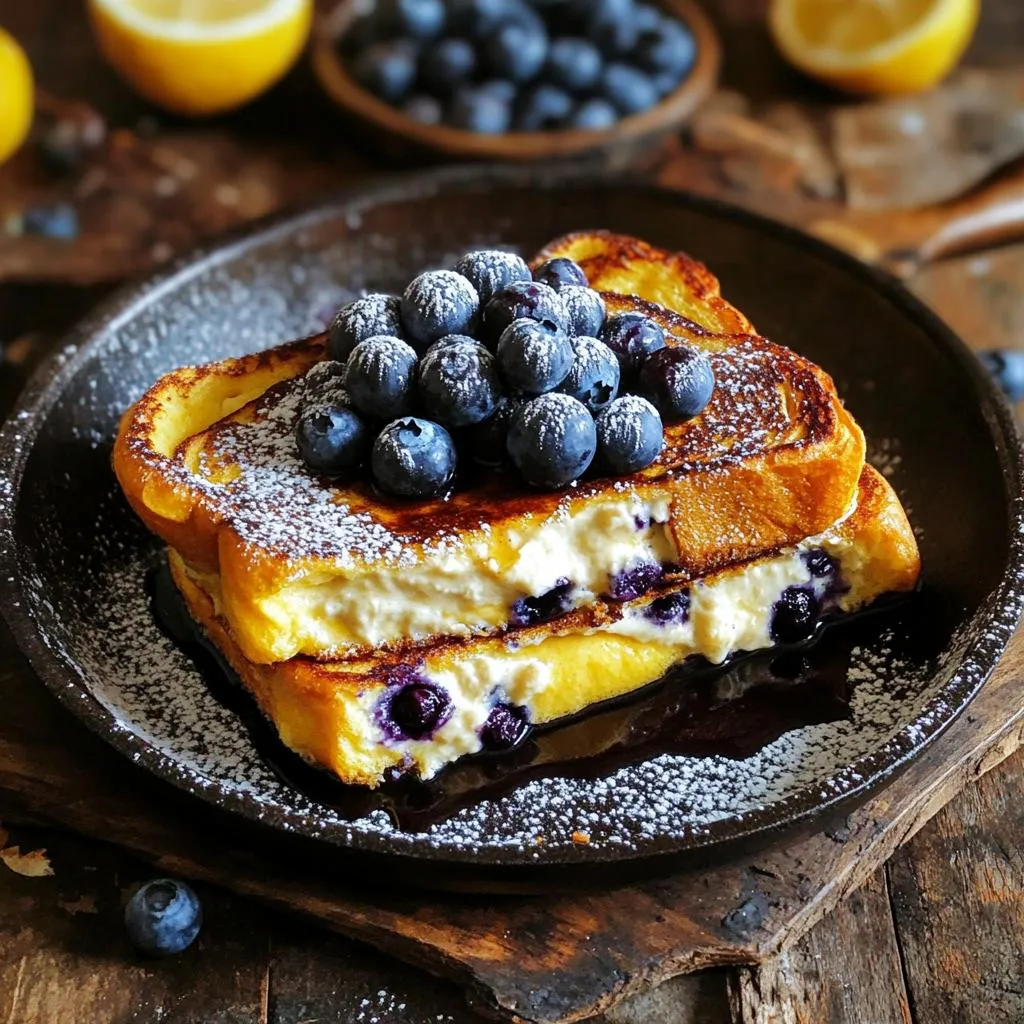 - 4 thick slices of brioche or challah bread - 1 cup cream cheese, softened - 1/4 cup powdered sugar - 1 teaspoon vanilla extract - 1 tablespoon lemon zest - 1/4 cup fresh blueberries (plus extra for topping) - 2 large eggs - 1/2 cup milk - 1 teaspoon ground cinnamon - 2 tablespoons butter - Maple syrup for serving The main ingredients create a lovely mix of flavors. The cream cheese gives a rich texture. Lemon zest adds a fresh burst. Blueberries bring sweetness and tartness. Thick slices of brioche or challah hold up well. - Additional fresh blueberries - A dusting of powdered sugar - Whipped cream - Chopped nuts - Lemon slices These toppings can elevate your dish. Extra blueberries add a pop of color. Powdered sugar makes it look fancy. Whipped cream adds creaminess. Nuts add crunch. Lemon slices can brighten the flavor. - Brioche - Challah - French toast bread - Sourdough Choosing the right bread is key. Brioche and challah are soft and rich. They soak up the egg mixture well. French toast bread is a classic choice. Sourdough adds a tangy taste that works nicely. To start, grab a medium bowl. Add 1 cup of softened cream cheese. Next, mix in 1/4 cup of powdered sugar. Then, add 1 teaspoon of vanilla extract. Lastly, stir in 1 tablespoon of lemon zest. Beat these together until the mix is smooth and creamy. Now, gently fold in 1/4 cup of fresh blueberries. This mixture will give your French toast a rich and tangy flavor. Take 4 thick slices of brioche or challah bread. Spread a generous amount of the blueberry cheesecake mixture onto one side of each slice. Make sure you cover the bread well! Then, place another slice on top of each one to make a sandwich. This step is key for holding all the yummy flavors inside. In a separate bowl, whisk together 2 large eggs, 1/2 cup of milk, and 1 teaspoon of ground cinnamon. Blend these until they are well combined. Preheat a large skillet over medium heat. Add 2 tablespoons of butter, letting it melt and coat the skillet. Dip each side of your cream cheese sandwiches into the egg mix. Let any extra drip off before cooking. Place the sandwiches in the skillet. Cook for about 3-4 minutes on each side. They should turn golden brown and crispy. Once cooked, transfer your French toast to a serving plate. Top with extra blueberries and a dusting of powdered sugar if you like. Enjoy with warm maple syrup! To get that perfect golden brown crust, start with good bread. Thick slices of brioche or challah work best. Heat your skillet over medium. Add butter and let it melt. Dip each sandwich into the egg mix, but don’t soak it too long. Cook for 3-4 minutes per side. Check for that golden color before flipping. If you want extra crisp, give it a minute more. If you have leftover French toast, cool it down first. Place it in an airtight container. You can store it in the fridge for up to three days. To reheat, use a skillet over low heat. You can also pop it in the toaster for a quick warm-up. This keeps the texture nice and fluffy. You can easily swap some ingredients if you have dietary needs. For a dairy-free version, use cream cheese made from nuts. Almond or coconut milk can replace regular milk. If you want less sugar, use honey or maple syrup. You can also change the fruit. Try strawberries or raspberries for a new twist. {{image_2}} To make a vegan version, swap cream cheese for vegan cream cheese. Use maple syrup instead of powdered sugar. Replace eggs with flax eggs. Mix one tablespoon of ground flaxseed with three tablespoons of water. Let it sit for a few minutes until it thickens. For the milk, choose almond, soy, or oat milk. This will keep the creamy taste while being plant-based. You can easily switch up the blueberries. Try using raspberries, strawberries, or blackberries. Each fruit adds a unique flavor. You can also mix in some lemon curd for extra zing. If you want a sweeter twist, add a layer of sliced bananas. Feel free to get creative with your fruit choices. To boost the flavor, think about adding nutmeg or cardamom. A pinch of these spices can lift the dish to new heights. You can also add a splash of lemon juice for more tartness. If you like a touch of sweetness, drizzle honey or agave syrup on top. For a crunchy finish, sprinkle some chopped nuts, like almonds or pecans, to your serving. This adds both texture and flavor. Each serving of Skillet Blueberry Lemon Cheesecake French Toast has around 450 calories. This includes the bread, cream cheese, eggs, and maple syrup. The main sources of calories are the brioche or challah bread and the cream cheese. I recommend serving this dish warm. Add a drizzle of maple syrup on top. Fresh blueberries make a great garnish. You can also add a dusting of powdered sugar for extra sweetness. For a balanced meal, pair it with a side of fresh fruit or a light salad. To make this dish lighter, use whole-grain bread instead of brioche. You can swap cream cheese with Greek yogurt for a lower fat option. Consider using a sugar substitute in place of powdered sugar. Almond milk can replace regular milk for a dairy-free version. Each of these swaps keeps the flavor while cutting calories. Yes, you can prepare the blueberry cheesecake mixture ahead. Mix the cream cheese, sugar, vanilla, and lemon zest. Store it in the fridge for up to two days. You can also assemble the sandwiches and keep them in the fridge. Just cook them when you're ready to eat. This saves you time in the morning. If you need a substitute for cream cheese, try mascarpone or ricotta cheese. Both options give a creamy texture. You can also use vegan cream cheese if you prefer a dairy-free choice. Just make sure to adjust the sweetness to match your taste. To store leftovers, place any uneaten French toast in an airtight container. You can keep it in the fridge for up to three days. To reheat, use a skillet on low heat. You can also pop them in the toaster for a crispy finish. Enjoy them warm with syrup or fresh fruit. You now know how to make delicious Skillet Blueberry Lemon Cheesecake French Toast. We covered all the main ingredients, step-by-step cooking, and helpful tips. Don't forget the optional toppings for extra flavor. Exploring variations lets you customize this dish to your tastes. Enjoy this treat any time, whether for breakfast or dessert. With a few simple changes, you can make it healthier or even vegan. Try it out and share your creations!