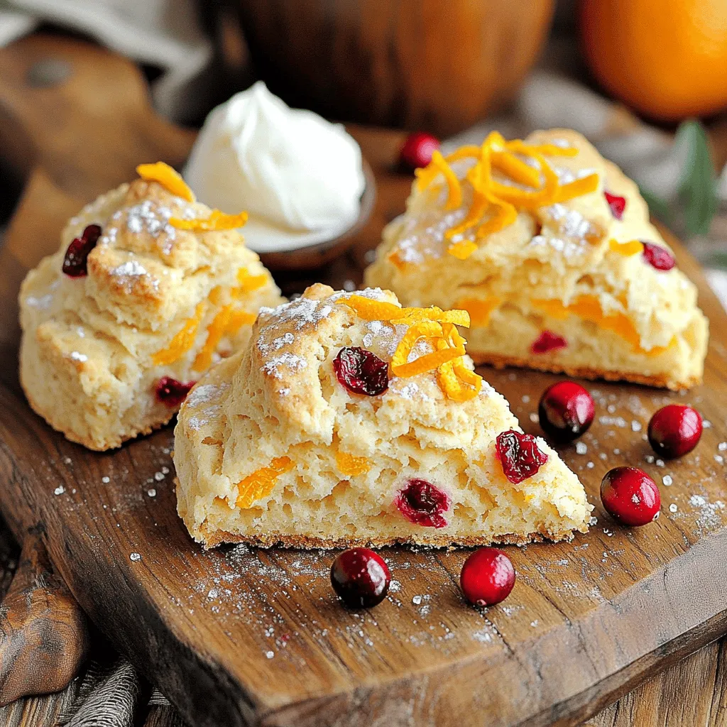 To make tasty cranberry orange scones, gather these ingredients: - 2 cups all-purpose flour - 1/2 cup granulated sugar - 1 tablespoon baking powder - 1/2 teaspoon salt - 1/2 cup unsalted butter, chilled and cubed - 1/2 cup dried cranberries - Zest of 1 orange - 1/2 cup heavy cream - 1 large egg - 1 teaspoon vanilla extract - 1 tablespoon milk (for brushing) - Optional: Additional sugar for sprinkling These simple items create great flavors. The flour serves as a base, while sugar adds sweetness. Baking powder helps the scones rise, and salt enhances taste. Chilled butter makes the scones flaky. Dried cranberries bring a burst of fruitiness, and orange zest adds brightness. Heavy cream makes the dough rich, while the egg provides structure. Vanilla extract offers warmth, and milk gives a nice shine to the tops. When choosing your ingredients, always pick the best quality. Fresh oranges give the best zest. For butter, use unsalted to control salt levels. Dried cranberries should be plump and soft for the best texture. This mix of flavors and textures makes these scones a delight to eat. Start by preheating your oven to 400°F (200°C). This ensures even baking. While the oven heats, line a baking sheet with parchment paper. This step keeps your scones from sticking. In a large mixing bowl, whisk together the dry ingredients. You need 2 cups of all-purpose flour, 1/2 cup of granulated sugar, 1 tablespoon of baking powder, and 1/2 teaspoon of salt. Make sure all the dry ingredients combine well. This mix gives the scones their structure and flavor. In another bowl, combine the wet ingredients. Whisk together 1/2 cup of heavy cream, 1 large egg, and 1 teaspoon of vanilla extract. This mixture adds moisture and richness to your scones. Now, combine the wet and dry mixtures. Pour the wet mix into the dry bowl. Stir gently using a spatula. Do not overmix; this can make the scones tough. Once combined, turn the dough onto a floured surface. Knead it just until it comes together. Pat the dough into a circle about 1-inch thick. Then cut it into 8 wedges. Place them on your prepared baking sheet. Brush the tops of the scones with 1 tablespoon of milk. If you like, sprinkle some extra sugar on top for a sweet touch. Bake them for 15 to 20 minutes. They are done when golden brown and a toothpick comes out clean. Let them cool slightly before moving them to a wire rack. Enjoy these delicious scones warm! To make moist scones, use heavy cream. This ingredient adds richness. It keeps the scones tender and soft. Remember, the goal is to mix until just combined. Overmixing can lead to dry scones. Measuring ingredients correctly is key. Use a kitchen scale for best results. If you use cups, spoon flour into the cup. Then level it off with a knife. This prevents adding too much flour. Too much flour will make your scones dense and dry. Chilled butter is very important. It creates a flaky texture in the scones. When you mix in cold butter, it forms little pockets. These pockets help the scones rise and stay light. Cut the butter into small cubes before adding it to the flour. Overmixing is the enemy of scones. Mix just until the dough forms. If you see dry flour, that’s okay. You can knead it a few times on a floured surface. Use a light touch. The less you mix, the better your scones will be. {{image_2}} You can swap out some ingredients if needed. Here are a few ideas: - Use whole wheat flour instead of all-purpose flour for a nutty flavor. - Replace granulated sugar with brown sugar for a richer taste. - If you don’t have heavy cream, you can use milk or yogurt. Adding nuts or spices can take your scones to the next level. Try these options: - Mix in chopped walnuts or pecans for crunch. - Add cinnamon or nutmeg for a warm spice flavor. - A dash of ginger can brighten the taste even more. If you want to change the sweetness, here are some alternatives: - Honey or maple syrup can replace granulated sugar. - Coconut sugar offers a lower glycemic index. - Agave nectar is another great choice for a sweet touch. Feel free to get creative! Each variation can bring a new twist to your cranberry orange scones. After you bake your cranberry orange scones, let them cool completely. Once cooled, store them in an airtight container. They will stay fresh for up to three days at room temperature. If you want to keep them longer, consider refrigerating them. In the fridge, they can last for about a week. Just make sure the container is sealed tight to prevent them from drying out. To enjoy your scones warm, preheat your oven to 350°F (175°C). Place the scones on a baking sheet. Heat them for about 5 to 10 minutes until warm. You can also use a microwave. Heat each scone for about 10 to 15 seconds. Just remember, the microwave may make them a bit soft. If you have extra scones, freezing is a great option. Wrap each scone in plastic wrap tightly. Then, place them in a freezer-safe bag or container. They will keep well for up to three months. When you want to enjoy one, just take it out and let it thaw. You can reheat it afterward to bring back the fresh-baked taste. If your scones are too dry, you can fix them. First, check if you added enough cream. If not, add a little more next time. You can also try not to overmix the dough. Overmixing can dry out the scones. If you have dry scones, serve them with butter or jam. This will add moisture. Yes, you can make these scones ahead of time. You can prepare the dough and chill it in the fridge. Shape the dough into wedges and wrap them in plastic wrap. When you are ready, bake them straight from the fridge. This way, you have fresh scones when you want them. The scones are done when they are golden brown. Insert a toothpick into the center. If it comes out clean, they are ready. Keep an eye on them while baking. They usually take about 15-20 minutes. Yes, you can use fresh cranberries instead of dried. Fresh cranberries will give a tart flavor. You may need to add a bit more sugar to balance the taste. Be sure to chop them into smaller pieces. This will help them mix well into the dough. The best way to serve cranberry orange scones is warm. Serve them with clotted cream or butter. You can also add a sprinkle of extra orange zest on top. Enjoy them with a cup of tea for a delightful treat. In this blog post, we covered how to make delicious cranberry orange scones. We discussed the key ingredients, step-by-step instructions, and helpful tips. You learned how to achieve moist scones and the importance of chilling butter. We also explored ways to mix it up with variations and storage ideas. Enjoy baking these tasty scones and impress your friends with your skills. Remember, practice makes perfect!
