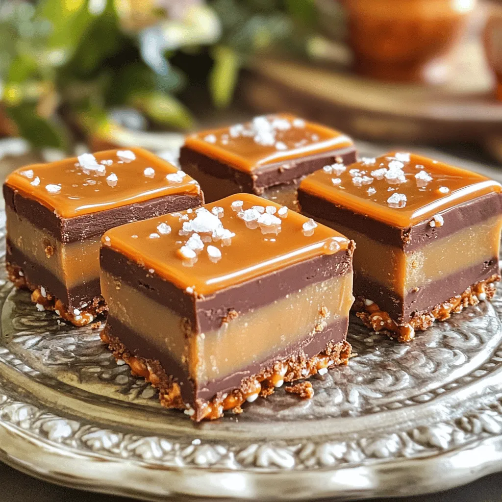 To make No-Bake Salted Caramel Pretzel Fudge, you will need: - 2 cups crushed pretzels - 1 cup unsalted butter, melted - 1 cup brown sugar, packed - 1 cup sweetened condensed milk - 2 cups chocolate chips (milk or semi-sweet) - 1 tablespoon vanilla extract - 1/2 teaspoon sea salt (plus more for topping) - 1 cup caramel sauce (store-bought or homemade) These ingredients blend to create a sweet and salty treat that everyone will love. You can easily swap some ingredients if needed: - Use gluten-free pretzels for a gluten-free option. - Replace unsalted butter with coconut oil for a dairy-free version. - Try maple syrup instead of brown sugar for a different flavor. - If you don't have sweetened condensed milk, use a homemade version or evaporated milk mixed with sugar. These swaps keep the fun while fitting your needs. Make sure to have these tools ready: - A large mixing bowl for your pretzel crust. - A medium saucepan to cook the caramel mixture. - A microwave-safe bowl for melting the chocolate. - A lined 9x9-inch baking pan to hold your fudge. - A spatula for spreading the layers evenly. With the right tools, you can make this fudge with ease. To start, you need to crush the pretzels. Place them in a bag and use a rolling pin. Aim for small pieces, not powder. In a large bowl, mix the crushed pretzels with melted butter. Stir until every pretzel piece gets coated. Next, take a lined 9x9-inch baking pan. Press the pretzel mixture into the bottom. Make it compact and even. This will be your crust, and it adds a nice crunch. Now, let’s make the caramel. In a medium saucepan, add the brown sugar and sweetened condensed milk. Heat over medium. Stir often to avoid burning. Once it gently boils, let it bubble for about 2 minutes. Do not stir during this time. After two minutes, take the pan off the heat. Add in the vanilla extract, sea salt, and caramel sauce. Stir well until it’s smooth. This mixture is rich and flavorful, perfect for our fudge. For the chocolate layer, take a microwave-safe bowl. Add the chocolate chips to the bowl. Microwave in 30-second bursts. Stir after each burst. Keep going until the chocolate is smooth. Be careful not to overheat it. Now, pour the caramel mixture over the pretzel crust. Spread it out evenly with a spatula. Then, pour the melted chocolate on top. Use the spatula again to spread it evenly. Before chilling, sprinkle a pinch of sea salt on top. This enhances the sweet and salty flavor. Place the entire pan in the refrigerator. Let it chill for at least 2 hours, until it sets. Once set, lift the fudge out using the parchment paper. Cut it into squares or rectangles. Enjoy your delicious No-Bake Salted Caramel Pretzel Fudge! When making No-Bake Salted Caramel Pretzel Fudge, avoid these common mistakes: - Using warm butter: Melted butter should be cool before mixing with pretzels. Warm butter can make the crust too greasy. - Not packing the brown sugar: Make sure to pack the brown sugar tightly. This helps create a rich caramel layer. - Overcooking the caramel mixture: Boil just until it bubbles. Overcooking can lead to a grainy texture. - Skipping the chilling time: Letting the fudge chill is key. Don't rush this step; it helps the layers set well. Layering makes this fudge special. Here’s how to do it right: - Press the crust firmly: Use a spatula or your hands to press the crushed pretzels tightly. This forms a solid base. - Spread caramel evenly: Pour the caramel mixture gently. Use a spatula to spread it out evenly. This helps balance the flavors. - Melt chocolate slowly: Melt the chocolate in short bursts. Stir well after each interval to keep it smooth. - Add salt on top: A light sprinkle of sea salt enhances the flavor and adds a nice touch. Great presentation makes your fudge look even more tempting. Here are some tips: - Use a decorative platter: A fun platter can make your fudge stand out. - Drizzle extra caramel: Drizzling more caramel on top adds elegance and flavor. - Garnish with sea salt: A little sea salt on top gives a delicious contrast to the sweetness. - Cut into uniform pieces: For a neat look, cut the fudge into even squares or rectangles. {{image_2}} You can switch the pretzels for other snacks. Try crushed graham crackers or cookies for a new flavor. They add a nice crunch too. Just keep the same amount, two cups. This change can make the fudge taste different and fun. Nuts can add a great crunch and taste. I recommend using chopped pecans or walnuts. You can also try toasting them for extra flavor. Sprinkle them on top of the fudge before it sets. You can even add toppings like mini marshmallows or sprinkles. These will give colorful pops and make it look festive. You have options with chocolate. Use dark chocolate for a richer taste. White chocolate can create a sweeter fudge. If you like milk chocolate, stick with that. Each type will change how your fudge tastes. Have fun experimenting and find your favorite mix! To keep your no-bake salted caramel pretzel fudge fresh, store it in an airtight container. This prevents moisture from ruining its texture. You can layer parchment paper between the fudge squares to avoid sticking. Always keep the fudge in a cool, dark place, like your pantry or refrigerator. When stored properly, the fudge lasts about two weeks at room temperature. If you keep it in the fridge, it can last for up to four weeks. However, I recommend enjoying it sooner for the best taste and texture! If you want to keep your fudge for longer, freezing is a great option. Cut the fudge into squares and wrap each piece tightly in plastic wrap. Then place the wrapped fudge into a freezer-safe bag or container. It can last up to three months in the freezer. To enjoy, simply thaw it in the fridge overnight before serving. Yes, you can make this fudge vegan. To do this, swap the butter with a vegan butter substitute. Use coconut milk instead of sweetened condensed milk. For the chocolate chips, select dairy-free options. Choose a vegan caramel sauce or make your own with coconut cream and maple syrup. These changes keep the flavor while making it plant-based. To check if your fudge is set, touch it gently. It should feel firm and not sticky. If it still feels soft, give it more chilling time. Usually, two hours is enough, but sometimes longer is needed. Once set, the fudge will hold its shape when cut into squares. This fudge pairs well with many treats. Serve it with fresh fruit like strawberries or apples for a sweet contrast. You can also offer a scoop of vanilla ice cream on the side. For a fun twist, try it with coffee or hot chocolate. Each bite will be a new delight! This blog post guided you through making No-Bake Salted Caramel Pretzel Fudge. We covered essential ingredients, substitutions, and the necessary equipment. We detailed easy steps from preparing the crust to chilling the fudge. Plus, I shared tips to avoid common mistakes and enhance presentation. Lastly, I outlined variations and smart storage practices. Remember, having fun makes cooking better. Enjoy your tasty treats!