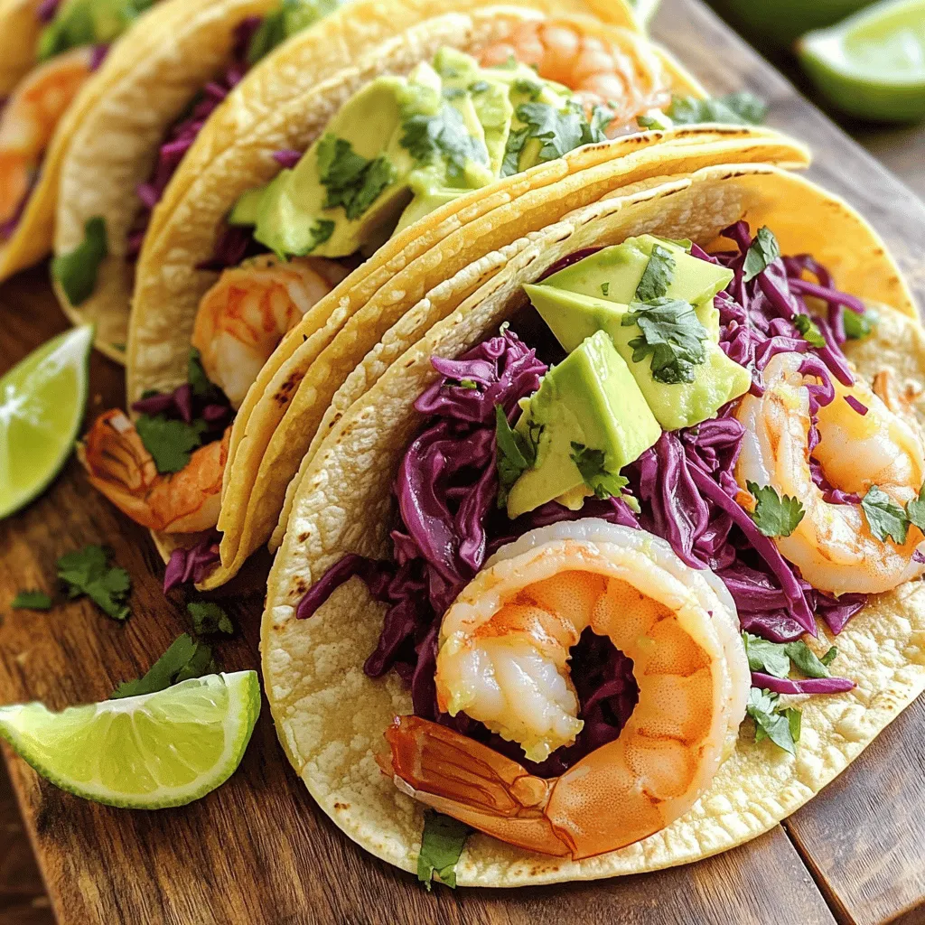 - 1 pound large shrimp, peeled and deveined - 2 tablespoons olive oil - 3 cloves garlic, minced - Zest and juice of 2 limes - 1 teaspoon smoked paprika - 1 teaspoon cumin - Salt and pepper to taste - 8 small corn tortillas - 1 cup red cabbage, finely shredded - 1 ripe avocado, sliced - Fresh cilantro leaves, for garnish - Lime wedges, for serving Fresh shrimp should look clear and feel firm. Check for a slight sea smell. If you can, buy shrimp from local markets. For veggies, choose bright and crisp cabbage. Avoid any that look wilting or brown. Lime plays a big role in this dish. Its zest adds a bright note. The juice gives a tangy kick that brings all the flavors together. Lime also helps balance the spices, making each bite fresh and zesty. To make the shrimp super tasty, we need to marinate them. First, grab a mixing bowl. Add 1 pound of peeled and deveined shrimp. Then, pour in 2 tablespoons of olive oil. Next, add 3 minced garlic cloves, the zest and juice of 2 limes, 1 teaspoon of smoked paprika, and 1 teaspoon of cumin. Don’t forget to sprinkle in some salt and pepper too. Mix everything well until the shrimp are fully coated. Let them sit for about 15-20 minutes to soak up all that flavor. Cooking shrimp is easy when you know how. Heat a non-stick skillet over medium-high heat. Once hot, place the marinated shrimp in a single layer. Cook them for 2-3 minutes on each side. Look for that lovely pink color. When they turn pink and opaque, they are done. Remove them from heat to keep them juicy. Warming corn tortillas makes them soft and tasty. Use another skillet or a flat griddle for this. Heat the tortillas for about 30 seconds on each side. They should be warm and flexible. If you prefer, you can use flour tortillas instead. Now comes the fun part! Grab a warm tortilla and place some cooked shrimp in the center. Add a handful of finely shredded red cabbage on top. Next, add a few slices of ripe avocado. This adds creaminess and balances the flavors. To finish, sprinkle fresh cilantro leaves over everything. For a zesty kick, serve with lime wedges on the side. Enjoy your zesty lime shrimp tacos! To cook shrimp well, keep these tips in mind: - Use fresh shrimp: Freshness is crucial. Buy shrimp from a trusted source. - Don’t overcook: Shrimp cooks fast. Aim for 2-3 minutes per side. They should turn pink. To boost flavor, try these enhancements: - Add spices: A pinch of chili powder or cayenne can kick it up. - Experiment with citrus: Mix in orange or grapefruit juice for variety. Pair your tacos with tasty sides and drinks: - Cilantro rice: This adds a nice touch. It’s simple to make. - Margaritas: A classic drink that goes well with shrimp tacos. For presentation, follow these tips: - Use colorful plates: Bright colors make your dish pop. - Garnish well: Fresh cilantro and lime wedges add eye appeal. Make your tacos unique with these topping ideas: - Alternative toppings: Try mango salsa or pineapple for sweetness. - Vegetarian option: Use grilled veggies or black beans instead of shrimp. - Spicy kick: Add jalapeños or a spicy sauce for heat. With these tips, you’ll create delicious Zesty Lime Shrimp Tacos that everyone will love! {{image_2}} You can switch up your shrimp tacos with different proteins. Try fish, chicken, or tofu for a new taste. Each protein brings its own flavor. For instance, fish adds a light touch, while chicken gives a hearty bite. Regional shrimp tacos vary by location. In Baja, people love their shrimp tacos with creamy sauces. In the Caribbean, they use fresh mango salsa. These local twists make each bite special. If you need gluten-free options, use corn tortillas. They are naturally gluten-free and full of flavor. You can also try lettuce wraps for a fresh crunch. For low-carb versions, skip the tortillas. Serve the shrimp over a bed of greens. This keeps the meal light and healthy while still being delicious. To change the flavor profile, consider adding fresh herbs. Cilantro, mint, or dill can brighten the dish. For a spicy kick, add jalapeños or hot sauce. Adjust spices according to your taste. Want it bolder? Add more paprika or cumin. If you prefer milder flavors, reduce the spices. This way, you can make the tacos just how you like them! To keep your shrimp fresh, store them in an airtight container. Make sure the shrimp cool down first. Place a paper towel in the container to absorb moisture. This helps keep them from getting soggy. For tortillas, wrap them in foil or plastic wrap. Store them in the fridge to maintain softness. To reheat shrimp, use a skillet over medium heat. This method keeps the shrimp juicy. Cook for about two minutes, just until warm. For tortillas, heat them in a dry skillet for about 30 seconds on each side. This will make them warm and pliable again. Avoid microwave reheating. It can make the tortillas tough. You can freeze leftover tacos for later. Wrap each taco tightly in plastic wrap. Then, place them in a freezer bag, removing as much air as possible. To thaw, place them in the fridge overnight. For cooking from frozen, reheat in a skillet. This keeps the shrimp juicy and the tortillas soft. Yes, you can use frozen shrimp. Just make sure to thaw them first. Place the shrimp in the fridge overnight. If you're short on time, run them under cold water for about 10-15 minutes. After thawing, pat the shrimp dry. This helps the marinade stick better. If you don't have lime juice, you can use lemon juice. Lemon adds a nice tang. Another option is vinegar, such as apple cider or white wine vinegar. Both will give a different taste but still work well. Shrimp cook quickly. Look for a pink color and a firm texture. They should curl into a nice "C" shape. If they turn too tight, they may be overcooked. You can prep the shrimp ahead of time. Marinate the shrimp and store it in the fridge for up to 4 hours. You can also chop the veggies and warm the tortillas just before serving. This keeps everything fresh and tasty. In this blog post, I explored how to make tasty shrimp tacos. We began with the key ingredients, emphasizing freshness, especially for shrimp and veggies. Next, I shared step-by-step instructions for marinating and cooking shrimp, warming tortillas, and assembling your tacos. I provided tips for perfecting your tacos, including serving suggestions and customization ideas. Lastly, I covered variations, storage, and reheating options. By following these steps, you’ll end up with delicious shrimp tacos that impress. Enjoy experimenting with flavors and make them your own!