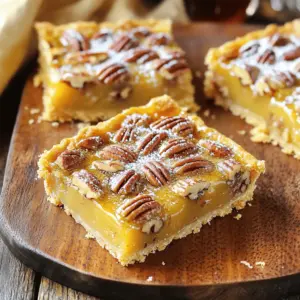 - 1 ½ cups all-purpose flour - ½ cup granulated sugar - ½ cup unsalted butter, softened - 1 teaspoon vanilla extract - ¼ teaspoon salt - 1 cup pecans, roughly chopped - 1 cup dark maple syrup - 3 large eggs - 1 teaspoon cinnamon - 1 teaspoon baking powder - ¼ cup brown sugar, packed To make delicious Maple Pecan Pie Bars, you need key ingredients for a great flavor. First, all-purpose flour gives the bars a sturdy base. Granulated sugar adds sweetness, while unsalted butter keeps the crust rich. Vanilla extract brings warmth, and salt balances the flavors. Pecans are the star of these bars, providing a crunchy texture. Dark maple syrup gives a deep, sweet taste, and eggs bind everything together. Cinnamon adds a warm spice, and baking powder helps the filling rise. Brown sugar enriches the flavor and adds moisture. - Alternative sweeteners - Different nut options - Gluten-free flour substitutes If you want to switch things up, consider optional ingredients. You can use alternative sweeteners like honey or agave syrup for a different taste. For a nut twist, you might try walnuts or almonds. If you need a gluten-free option, use almond flour or a gluten-free blend instead of all-purpose flour. These changes let you customize your bars to fit your taste or diet. - Preheat your oven to 350°F (175°C). - In a bowl, mix 1 ½ cups of flour, ½ cup sugar, and ¼ teaspoon salt. - Add ½ cup of softened butter and 1 teaspoon vanilla extract. Mix until crumbly. - Press the dough into a greased 9x9-inch baking dish. - Use a fork to poke holes in the bottom to prevent bubbling. - In another bowl, whisk together 1 cup dark maple syrup, 3 eggs, ¼ cup brown sugar, 1 teaspoon cinnamon, and 1 teaspoon baking powder. - Gently fold in 1 cup of chopped pecans until they are well mixed. - Pour the pecan filling over the crust, spreading it evenly. - Bake for 25-30 minutes until the filling is set and slightly puffed. To get the right texture for your crust, mix the flour, sugar, and salt well. Make sure your butter is soft but not melted. This helps create a nice crumbly dough. Press the dough evenly into the baking dish. Use a fork to poke holes in the bottom. This stops bubbles from forming while it bakes. Preventing over-baking is key. Bake the crust for just 15 minutes. Look for a light golden color. If it gets too brown, the texture will change. It should be firm but not hard. Add cinnamon to the filling for warmth and depth. Cinnamon brings a cozy taste that pairs well with maple. You can also try adding nutmeg for an extra kick. These spices make each bite special. A touch of salt in the filling balances the sweetness. It helps highlight the rich flavor of the maple syrup. Don’t skip this step; it makes a big difference! For a great presentation, cut the bars into squares. Place them on a rustic wooden platter. Dust the tops with powdered sugar for a sweet touch. Add whole pecans on top for a nice look. A drizzle of maple syrup adds a beautiful finish. Pair these bars with coffee or tea. They also go well with vanilla ice cream. The warm, sweet flavors create a perfect match. Enjoy sharing these with friends or family! {{image_2}} You can change the taste of your Maple Pecan Pie Bars easily. To add a rich twist, try mixing in chocolate chips or a layer of caramel. The chocolate gives a sweet, creamy taste that pairs perfectly with the nuts. Caramel adds a chewy texture that is simply divine. For an extra maple punch, use maple extract. This ingredient boosts the maple flavor without adding more syrup. Just a few drops can elevate your bars to new heights. If you follow a vegan diet, you can still enjoy these bars. Replace the eggs with a mixture of flaxseed and water. Use 1 tablespoon of ground flaxseed mixed with 2.5 tablespoons of water for each egg. This will help bind your filling together nicely. For those looking to cut carbs, opt for a low-carb sweetener like erythritol. Substitute the brown sugar and granulated sugar with this alternative. You can also use almond flour instead of all-purpose flour. This will keep the texture but lower the carbs. You can adapt these bars to fit the season or a holiday. Adding spices like nutmeg or ginger can bring warmth to your dessert. These spices work well for fall and winter gatherings. For holidays, consider adding a touch of orange zest or cranberry. This adds color and a refreshing taste. These small changes can make your Maple Pecan Pie Bars feel special and festive. To keep your Maple Pecan Pie Bars fresh, use airtight containers. This helps keep moisture out and flavor in. If you want them to last longer, refrigerate them. They can stay fresh for a week in the fridge. You can also freeze the bars. Wrap them well in plastic wrap and then in foil. This prevents freezer burn and keeps them tasty. How long can the bars last? If stored well, the bars can last up to one week in the fridge. In the freezer, they can last for about three months. Signs of spoilage include a change in smell or mold. If they look dry or hard, it’s best to toss them. To enjoy the bars warm, reheat them in the oven. Set your oven to 350°F (175°C) and place the bars on a baking sheet. Heat for about 10 minutes. This keeps the crust crisp and the filling soft. You can also serve them chilled. Some people like them cold with a scoop of ice cream on top. Yes, you can make these bars ahead. Prepare them and let them cool completely. Once cool, cut them into squares. Store the bars in an airtight container. They stay fresh for about five days at room temperature. You can also refrigerate them for longer freshness. Just be sure to bring them back to room temperature before serving. If you need a nut-free option, try using sunflower seeds. They add a nice crunch and are safe for those with nut allergies. You can also substitute pecans with walnuts or almonds. Both nuts work well and change the flavor slightly. For a sweet twist, consider using caramelized nuts. Look for a golden top and set filling. The bars should puff up slightly during baking. You can also insert a toothpick into the center. If it comes out clean or with just a few crumbs, the bars are done. Let them cool to firm up and finish cooking. Yes, you can use light maple syrup. It has a milder flavor compared to dark syrup. This will change the taste of the bars but still keep them sweet. The texture will remain similar, so feel free to swap it out based on what you have on hand. Maple pecan pie bars bring comfort and joy. We discussed key ingredients like flour, butter, and dark maple syrup. I shared how to create a tasty crust and a rich filling. You learned tips for baking, serving, and storing these delicious bars. Remember, variations can add your unique touch. Experiment with flavors and dietary needs. Enjoy making and sharing these delightful treats with your family and friends. Your journey in the kitchen can spark happiness in everyone who tastes your creations.