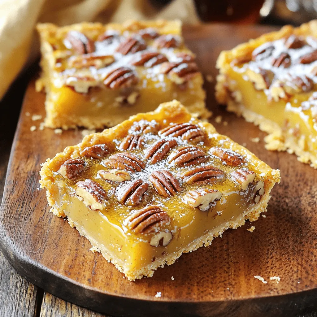 - 1 ½ cups all-purpose flour - ½ cup granulated sugar - ½ cup unsalted butter, softened - 1 teaspoon vanilla extract - ¼ teaspoon salt - 1 cup pecans, roughly chopped - 1 cup dark maple syrup - 3 large eggs - 1 teaspoon cinnamon - 1 teaspoon baking powder - ¼ cup brown sugar, packed To make delicious Maple Pecan Pie Bars, you need key ingredients for a great flavor. First, all-purpose flour gives the bars a sturdy base. Granulated sugar adds sweetness, while unsalted butter keeps the crust rich. Vanilla extract brings warmth, and salt balances the flavors. Pecans are the star of these bars, providing a crunchy texture. Dark maple syrup gives a deep, sweet taste, and eggs bind everything together. Cinnamon adds a warm spice, and baking powder helps the filling rise. Brown sugar enriches the flavor and adds moisture. - Alternative sweeteners - Different nut options - Gluten-free flour substitutes If you want to switch things up, consider optional ingredients. You can use alternative sweeteners like honey or agave syrup for a different taste. For a nut twist, you might try walnuts or almonds. If you need a gluten-free option, use almond flour or a gluten-free blend instead of all-purpose flour. These changes let you customize your bars to fit your taste or diet. - Preheat your oven to 350°F (175°C). - In a bowl, mix 1 ½ cups of flour, ½ cup sugar, and ¼ teaspoon salt. - Add ½ cup of softened butter and 1 teaspoon vanilla extract. Mix until crumbly. - Press the dough into a greased 9x9-inch baking dish. - Use a fork to poke holes in the bottom to prevent bubbling. - In another bowl, whisk together 1 cup dark maple syrup, 3 eggs, ¼ cup brown sugar, 1 teaspoon cinnamon, and 1 teaspoon baking powder. - Gently fold in 1 cup of chopped pecans until they are well mixed. - Pour the pecan filling over the crust, spreading it evenly. - Bake for 25-30 minutes until the filling is set and slightly puffed. To get the right texture for your crust, mix the flour, sugar, and salt well. Make sure your butter is soft but not melted. This helps create a nice crumbly dough. Press the dough evenly into the baking dish. Use a fork to poke holes in the bottom. This stops bubbles from forming while it bakes. Preventing over-baking is key. Bake the crust for just 15 minutes. Look for a light golden color. If it gets too brown, the texture will change. It should be firm but not hard. Add cinnamon to the filling for warmth and depth. Cinnamon brings a cozy taste that pairs well with maple. You can also try adding nutmeg for an extra kick. These spices make each bite special. A touch of salt in the filling balances the sweetness. It helps highlight the rich flavor of the maple syrup. Don’t skip this step; it makes a big difference! For a great presentation, cut the bars into squares. Place them on a rustic wooden platter. Dust the tops with powdered sugar for a sweet touch. Add whole pecans on top for a nice look. A drizzle of maple syrup adds a beautiful finish. Pair these bars with coffee or tea. They also go well with vanilla ice cream. The warm, sweet flavors create a perfect match. Enjoy sharing these with friends or family! {{image_2}} You can change the taste of your Maple Pecan Pie Bars easily. To add a rich twist, try mixing in chocolate chips or a layer of caramel. The chocolate gives a sweet, creamy taste that pairs perfectly with the nuts. Caramel adds a chewy texture that is simply divine. For an extra maple punch, use maple extract. This ingredient boosts the maple flavor without adding more syrup. Just a few drops can elevate your bars to new heights. If you follow a vegan diet, you can still enjoy these bars. Replace the eggs with a mixture of flaxseed and water. Use 1 tablespoon of ground flaxseed mixed with 2.5 tablespoons of water for each egg. This will help bind your filling together nicely. For those looking to cut carbs, opt for a low-carb sweetener like erythritol. Substitute the brown sugar and granulated sugar with this alternative. You can also use almond flour instead of all-purpose flour. This will keep the texture but lower the carbs. You can adapt these bars to fit the season or a holiday. Adding spices like nutmeg or ginger can bring warmth to your dessert. These spices work well for fall and winter gatherings. For holidays, consider adding a touch of orange zest or cranberry. This adds color and a refreshing taste. These small changes can make your Maple Pecan Pie Bars feel special and festive. To keep your Maple Pecan Pie Bars fresh, use airtight containers. This helps keep moisture out and flavor in. If you want them to last longer, refrigerate them. They can stay fresh for a week in the fridge. You can also freeze the bars. Wrap them well in plastic wrap and then in foil. This prevents freezer burn and keeps them tasty. How long can the bars last? If stored well, the bars can last up to one week in the fridge. In the freezer, they can last for about three months. Signs of spoilage include a change in smell or mold. If they look dry or hard, it’s best to toss them. To enjoy the bars warm, reheat them in the oven. Set your oven to 350°F (175°C) and place the bars on a baking sheet. Heat for about 10 minutes. This keeps the crust crisp and the filling soft. You can also serve them chilled. Some people like them cold with a scoop of ice cream on top. Yes, you can make these bars ahead. Prepare them and let them cool completely. Once cool, cut them into squares. Store the bars in an airtight container. They stay fresh for about five days at room temperature. You can also refrigerate them for longer freshness. Just be sure to bring them back to room temperature before serving. If you need a nut-free option, try using sunflower seeds. They add a nice crunch and are safe for those with nut allergies. You can also substitute pecans with walnuts or almonds. Both nuts work well and change the flavor slightly. For a sweet twist, consider using caramelized nuts. Look for a golden top and set filling. The bars should puff up slightly during baking. You can also insert a toothpick into the center. If it comes out clean or with just a few crumbs, the bars are done. Let them cool to firm up and finish cooking. Yes, you can use light maple syrup. It has a milder flavor compared to dark syrup. This will change the taste of the bars but still keep them sweet. The texture will remain similar, so feel free to swap it out based on what you have on hand. Maple pecan pie bars bring comfort and joy. We discussed key ingredients like flour, butter, and dark maple syrup. I shared how to create a tasty crust and a rich filling. You learned tips for baking, serving, and storing these delicious bars. Remember, variations can add your unique touch. Experiment with flavors and dietary needs. Enjoy making and sharing these delightful treats with your family and friends. Your journey in the kitchen can spark happiness in everyone who tastes your creations.