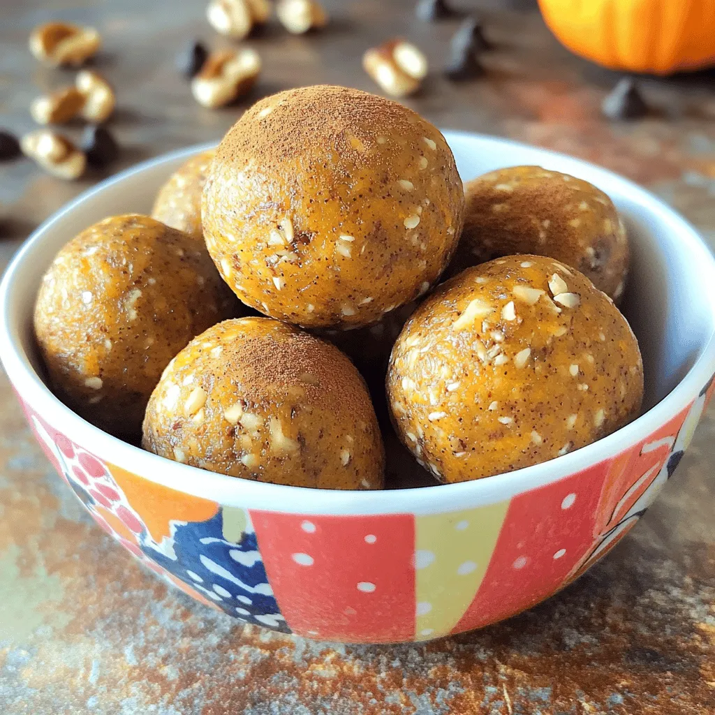 - 1 cup rolled oats - 1/2 cup canned pumpkin puree - 1/3 cup almond butter (or nut butter of choice) - 1/4 cup honey or maple syrup - 1 teaspoon vanilla extract - 1 teaspoon cinnamon - 1/2 teaspoon nutmeg - 1/4 teaspoon allspice - 1/4 teaspoon salt - 1/4 cup mini dark chocolate chips - 1/4 cup chopped walnuts or pecans - 2 tablespoons chia seeds These ingredients come together to create tasty and healthy energy balls. The oats provide a great base for texture. I love using canned pumpkin puree for its rich flavor and nutrients. Almond butter adds creaminess and healthy fats. Honey or maple syrup gives just the right touch of sweetness. The spices bring warmth and depth. Cinnamon is my favorite, but nutmeg and allspice add a nice kick. A pinch of salt can balance the flavors perfectly. If you want to mix things up, try adding optional ingredients. Mini dark chocolate chips are a fun treat. Nuts add crunch, and chia seeds boost nutrition. These energy balls can fit many tastes! First, grab a large mixing bowl. Add 1 cup of rolled oats, 1/2 cup of canned pumpkin puree, and 1/3 cup of almond butter. Use a spatula to mix these ingredients well. Next, add 1/4 cup of honey or maple syrup and 1 teaspoon of vanilla extract. Stir until everything is combined. You want a smooth mixture without clumps. Now it's time to add flavor. Sprinkle in 1 teaspoon of cinnamon, 1/2 teaspoon of nutmeg, 1/4 teaspoon of allspice, and 1/4 teaspoon of salt. Mix well until all the spices are evenly spread. If you want more texture, fold in 1/4 cup of mini dark chocolate chips, 1/4 cup of chopped walnuts or pecans, and 2 tablespoons of chia seeds. These extras not only taste great but add nutrition. After mixing, chill the mixture in the fridge for 30 minutes. This makes it easier to roll into balls. Once chilled, use your hands to roll the mixture into 1-inch balls. Place them on a lined baking sheet. Make sure they don’t touch each other. For best results, return them to the fridge for at least an hour. Now, they are ready to eat or store in an airtight container for later. Enjoy your tasty and healthy snack! Chilling the mixture is key for easy rolling. When the mixture is cold, it firms up. This makes it less sticky and easier to shape into balls. I often chill it for about 30 minutes. This extra step saves time and hassle later on. To combine ingredients well, start by mixing the wet and dry ingredients in separate bowls. Then, mix them together gradually. This helps ensure every bite is full of flavor. If you add optional ingredients like nuts or chocolate chips, fold them in gently. This keeps the texture nice and even. You can adjust the spices to make the energy balls suit your taste. If you like more warmth, add extra cinnamon or nutmeg. You could even try ginger or cloves for a kick. Feel free to experiment with the amounts until it feels just right for you. Using different nut butters can change the flavor too. Almond butter gives a nutty taste, while peanut butter adds richness. Sunflower seed butter is a great nut-free option. Each choice brings something unique to your energy balls. Serve your energy balls in colorful bowls to make them pop. Adding a sprinkle of cinnamon on top can make them look fancy. You can also pack them in small jars. This is a fun way to gift them to friends. The jars make great treats for parties or special occasions. {{image_2}} You can swap honey or maple syrup for agave syrup or date syrup. Both options add a sweet touch. Agave syrup has a low glycemic index. This means it raises blood sugar slower than regular sugar. Date syrup also packs nutrients and fiber, making it a great alternative. I love these sweeteners for their health benefits. They help you enjoy a sweet snack without the sugar crash. Want to make this recipe vegan? Just replace honey with maple syrup. This keeps all the flavors while making it vegan-friendly. If you have nut allergies, use seed butters like sunflower seed butter. It gives a similar creamy texture. You won’t lose any taste, and you stay safe. Add dried fruits like raisins or cranberries for more flavor. They bring natural sweetness and chewiness. You could also mix in shredded coconut for a tropical twist. If you love chocolate, try a chocolate-dipped version. Just melt dark chocolate and dip each ball. It adds a rich layer of flavor that is hard to resist. To keep your Cinnamon Pumpkin Energy Balls fresh, store them in an airtight container. This helps lock in moisture and flavor. I recommend placing them in the fridge. They stay fresh for about one week. After that, they might lose taste and texture. If you want to keep them longer, freezing is a great option. Simply place the energy balls in a single layer on a baking sheet. Freeze them for about an hour until firm. Then, transfer them to a freezer-safe bag or container. They can last up to three months in the freezer. When you're ready to eat, just thaw them in the fridge overnight. For quick snacks, think smart with packaging. You can use small containers or snack bags. This way, you grab just what you need. Portioning them into servings helps control how many you eat. It also makes them easy to take to work, school, or on trips. Enjoy your tasty and healthy snack anytime! Cinnamon Pumpkin Energy Balls can last up to one week in the refrigerator. Store them in an airtight container. If you freeze them, they can last for up to two months. Just make sure to separate them with parchment paper to avoid sticking. Yes, you can make these energy balls nut-free. Use sunflower seed butter or soy nut butter instead of almond butter. This way, you still get a creamy texture without nuts. To boost protein, add a scoop of protein powder. You can also mix in hemp seeds or pumpkin seeds. These options will add extra nutrition and a nice crunch. Absolutely! These energy balls are great for kids. They have sweet flavors from honey and chocolate. Plus, they are packed with good ingredients like oats and pumpkin. They make a tasty and healthy snack. These Cinnamon Pumpkin Energy Balls combine healthy ingredients and quick steps for a tasty snack. You learned about mixing rolled oats, pumpkin, and nut butter with sweeteners and spices. Chilling makes rolling easy, and flavors can be tweaked for your taste. Remember, you can experiment with sweeteners and add-ins. Storing them right ensures they last longer. These energy balls are not just good for you; they are fun and kid-friendly too. Enjoy a healthy snack, knowing it's made just for you!