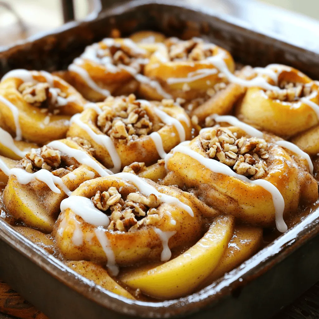 - Apples: Use 4 medium apples. Peel and slice them thin. This helps them cook evenly and absorb flavors. - Cinnamon Roll Dough: You need 1 can of refrigerated cinnamon roll dough. It adds a sweet and soft topping. - Optional Ingredients: Add ½ cup of chopped walnuts for crunch. You can also use ¼ cup of rolled oats to enhance texture. - Brown Sugar and Cinnamon: Combine ¼ cup of brown sugar with 1 teaspoon of cinnamon. This mix gives the apples a rich sweetness. - Lemon Juice: Use 1 tablespoon of lemon juice. It brightens the flavor and balances the sweetness. - Icing Ingredients: For the icing, mix 1 cup of powdered sugar with 1-2 tablespoons of milk. This creates a creamy drizzle. - Adjustments for Consistency: If your icing is too thick, add more milk, one teaspoon at a time. Aim for a smooth, pourable texture. First, we need to prep the apples. Take four medium apples, peel them, and slice them thin. In a large bowl, toss the apple slices with one tablespoon of lemon juice, one teaspoon of cinnamon, and a quarter cup of brown sugar. Mix well and let it sit for about ten minutes. This helps the apples soak up the flavors. Next, grease a 9x13-inch baking dish with some butter or cooking spray. Spread the apple mixture evenly across the bottom. If you like, sprinkle in half a cup of chopped walnuts for a nice crunch. Now, let’s get to the fun part! Open your can of refrigerated cinnamon roll dough. Separate the rolls and cut each one into quarters. Scatter these pieces evenly over the apple filling in the baking dish. For an extra burst of flavor, mix a quarter cup of rolled oats with a pinch of cinnamon. Sprinkle this mixture over the cinnamon rolls. This adds great texture and taste. Preheat your oven to 350°F (175°C). Place the cobbler in the oven and bake for 25 to 30 minutes. Keep an eye on it! The cinnamon rolls should turn golden brown, and the apples will bubble up nicely. Once done, take the cobbler out and let it cool for about ten minutes. While it cools, make the icing. In a small bowl, whisk together one cup of powdered sugar with one to two tablespoons of milk. Adjust until it’s the right thickness. Drizzle the icing generously over the warm cobbler. Enjoy! To get the best texture in your cobbler, slice the apples thin. Thin slices cook evenly and soak up flavor well. I like to use a sharp knife for clean cuts. A mandoline can help you slice them quickly, too. For the baking dish, a 9x13-inch glass or ceramic dish works great. Glass lets you see the bubbling apples, which is fun! It also helps the cobbler bake evenly. You can spice things up by adding nuts and extra spices. Walnuts give a nice crunch, but pecans work too. If you want more flavor, add a pinch of nutmeg or ginger. For serving, I love to add a scoop of vanilla ice cream on top. You can also use whipped cream for a soft touch. A sprinkle of cinnamon on top looks pretty and adds extra warmth. If your cobbler is over-baked, it can be dry. Keep an eye on it while baking. If it’s under-baked, it will be mushy. Make sure the cinnamon rolls are golden brown and the apples are bubbling. For icing, mix powdered sugar with milk until it flows smoothly. If it’s too thick, add a bit more milk. If it’s too runny, add more sugar. Finding the right balance is key! {{image_2}} You can use different fruits for this cobbler. Pears, peaches, or berries work well. Each fruit brings its own flavor and texture. You can also try different doughs or crusts. Biscuit dough or pie crust gives a unique twist. Just make sure to adjust the baking time as needed. Want to spice things up? Add extra spices like nutmeg or ginger. A touch of vanilla extract can add depth to the flavor. You might also want to mix in chocolate chips or drizzle caramel on top. Both add rich flavor and a sweet touch. If you're looking for vegan options, use plant-based butter and milk. You can also swap the cinnamon roll dough for a vegan version. For gluten-free options, look for gluten-free dough. Reducing sugar is easy too. Use a sugar substitute or less brown sugar. You can store leftovers at room temperature for up to two days. If you want to keep it longer, put it in the fridge. Wrap it well in plastic wrap or put it in an airtight container. This helps keep it fresh and prevents it from drying out. If you notice it getting dry, a spoonful of apple juice can help. To reheat, set your oven to 350°F (175°C). Place the cobbler in the oven for about 10-15 minutes. This keeps it warm and soft. You can also microwave it for 30-60 seconds. Just cover it with a damp paper towel to keep moisture in. If you serve it cold, add a scoop of ice cream. The cold and warm mix is delicious! To freeze the cobbler, let it cool completely first. Cut it into single servings for easier thawing. Wrap each piece in plastic wrap, then put them in a freezer bag. This way, you can take out just what you need. To thaw, place it in the fridge overnight. You can also use the microwave, but be careful not to overheat it. Enjoy your cobbler anytime! Cinnamon Roll Apple Cobbler is a warm dessert that combines apples and cinnamon rolls. You get sweet and tart apples, soft cinnamon rolls, and a hint of spice. The cinnamon rolls bake into a golden layer on top. This dish is perfect for fall and cozy gatherings. Yes, you can prepare the apple filling ahead. Toss the apples with lemon juice, cinnamon, and brown sugar. Store it in the fridge for up to a day. When you’re ready, layer it in the baking dish and top with the cinnamon rolls. Bake it fresh when guests arrive for the best taste. This cobbler goes great with vanilla ice cream or whipped cream. The cold cream adds a nice contrast to the warm cobbler. You can also serve it with a drizzle of caramel sauce for extra sweetness. Enjoy it with a cup of coffee or tea for a perfect dessert pairing. In this article, we explored how to make a delicious Cinnamon Roll Apple Cobbler. We covered essential ingredients like apples, cinnamon roll dough, and the best icing. I shared step-by-step instructions for preparing, assembling, and baking the cobbler. You learned tips for achieving the perfect texture and flavor, along with variations and storage advice. With these simple steps and ideas, you can create a dessert that delights everyone. Enjoy every bite and make it your own!