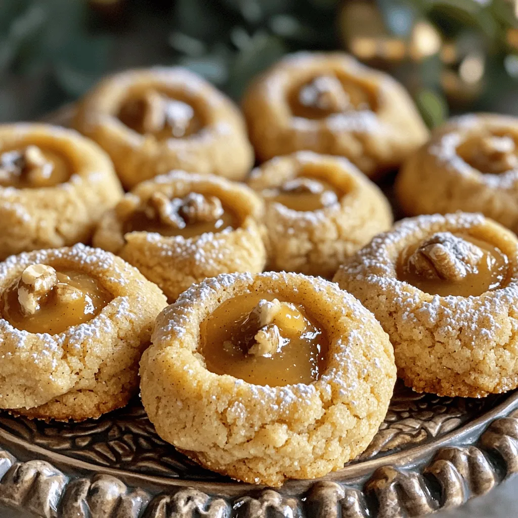- 1 cup unsalted butter, softened - 3/4 cup brown sugar, packed - 1/2 cup granulated sugar - 2 large eggs - 1 teaspoon vanilla extract - 3 cups all-purpose flour - 1 teaspoon baking powder - 1/2 teaspoon baking soda - 1/4 teaspoon salt - 1 cup apple butter - 1 teaspoon cinnamon - 1/2 cup chopped walnuts (optional) The main ingredients in these cookies create a soft and rich treat. Butter gives cookies a tender texture. Brown sugar adds depth with its caramel notes. Granulated sugar increases sweetness. Eggs bind the dough and help it rise. Vanilla extract adds warmth and a delicious aroma. The flour is the backbone of the cookies, while baking powder and baking soda help them puff. Salt balances the sweetness, and cinnamon gives a warm flavor. Apple butter is the star, adding moisture and a fruity punch. Walnuts can add crunch if you like. - Baking sheet - Parchment paper - Mixing bowls - Electric mixer (optional) - Measuring cups and spoons - Wire rack You need some basic tools to make these cookies. A baking sheet lined with parchment paper helps prevent sticking. Mixing bowls are key for combining ingredients. An electric mixer speeds up creaming butter and sugar but you can use a hand mixer too. Measuring cups and spoons ensure you get the right amounts. Finally, a wire rack cools your cookies evenly, keeping their texture just right. With these ingredients and tools, you are ready to bake a delightful treat! - Preheat the oven to 350°F (175°C). - Prepare the baking sheet with parchment paper. - In a large bowl, cream the softened butter with brown and granulated sugar until fluffy. - Add the eggs one at a time, mixing well after each. Stir in the vanilla extract. - In another bowl, whisk the flour, baking powder, baking soda, salt, and cinnamon. - Gradually mix the dry ingredients into the wet mixture, folding in walnuts if you want. - Scoop tablespoons of dough and roll them into balls. - Make indentations in the center of each cookie ball with your thumb. - Fill each indentation with a teaspoon of apple butter. - Bake for 12-15 minutes until the edges are golden. - Cool the cookies on the baking sheet for a few minutes before moving them to a wire rack. Chilling the dough is key for great cookies. It firms up the butter and helps the cookies keep their shape. I recommend chilling the dough for at least 30 minutes. This simple step makes a big difference. To prevent cookies from spreading too much, make sure you measure your flour correctly. Use the spoon-and-level method to avoid packing the flour. Also, keep your dough balls tight and uniform in size. This helps them bake evenly. Using homemade apple butter gives a richer taste. It often has fewer added sugars and more spices. If you use store-bought, choose a brand with natural ingredients. Taste it first to see if it meets your flavor needs. You can add spices to boost warmth and depth. Cinnamon is great, but try nutmeg or ginger for a twist. A pinch of allspice can also add a nice touch. Just a little can make your cookies stand out. For presentation, arrange your cookies on a pretty platter. A sprinkle of powdered sugar adds charm and elegance. It makes the cookies look extra special. You can also serve them with a small bowl of apple butter for dipping. This adds flavor and makes for a fun serving idea. A few fresh apple slices can enhance the look, too. Enjoy making your cookies not just tasty but also lovely to see! {{image_2}} You can change the taste of your apple butter thumbprint cookies easily. Try using different nut butters instead of regular butter. Almond or cashew butter adds a unique twist. You can also mix in spices like nutmeg or ginger. These spices bring a warm flavor that pairs well with apple butter. If you want to make these cookies gluten-free, use alternatives like almond or coconut flour. These flours work well and keep the cookies tasty. For a vegan version, swap out the butter for coconut oil and use flax eggs instead of regular eggs. This keeps the cookies soft and delicious. If you need a nut-free version, just skip the chopped walnuts. Instead, use seeds like sunflower or pumpkin seeds. They add a nice crunch without the nuts. You can also try other crunchy toppings like crushed graham crackers or oats for texture. To keep your Apple Butter Thumbprint Cookies fresh, use an airtight container. This helps seal in moisture and keep them soft. You can store them at room temperature for up to a week. If you live in a humid area, consider refrigerating them. Just remember to let them warm up a bit before serving. Freezing cookie dough is easy and a great way to save some for later. Scoop dough into balls and place them on a baking sheet. Freeze them for about an hour, then transfer them to a freezer bag. This way, you can bake fresh cookies anytime! For baked cookies, let them cool completely. Then wrap each cookie in plastic wrap, and place them in a freezer bag. They will stay fresh for about three months. These cookies can stay fresh for about one week at room temperature. Look for signs like a hard texture or an off smell. If you notice these signs, it’s best to toss them. Keeping them in an airtight container helps extend their life. Enjoy your cookies while they are soft and tasty! You can use other fruit preserves. Try peach, apricot, or cherry preserves. You can also make a homemade version. Cook down apples with sugar and spices until thick. This makes a great apple butter substitute. Yes, you can make the dough in advance. Mix the dough and wrap it tightly in plastic wrap. Store it in the fridge for up to three days. You can also freeze the dough for longer storage. Just thaw it overnight in the fridge before using. Look for golden edges on the cookies. They should feel firm to the touch but soft in the center. If they are lightly brown around the edges, they are ready. Let them cool, and they will firm up more. You can create delicious cookies using simple ingredients and steps. We covered the main ingredients, tools needed, and the step-by-step process for baking. Remember to chill the dough for the best texture and consider fun variations to suit your taste. Proper storage ensures your cookies stay fresh longer, so follow the tips provided. With these methods, you’ll enjoy baking and sharing these treats. Go ahead and experiment—baking is fun!