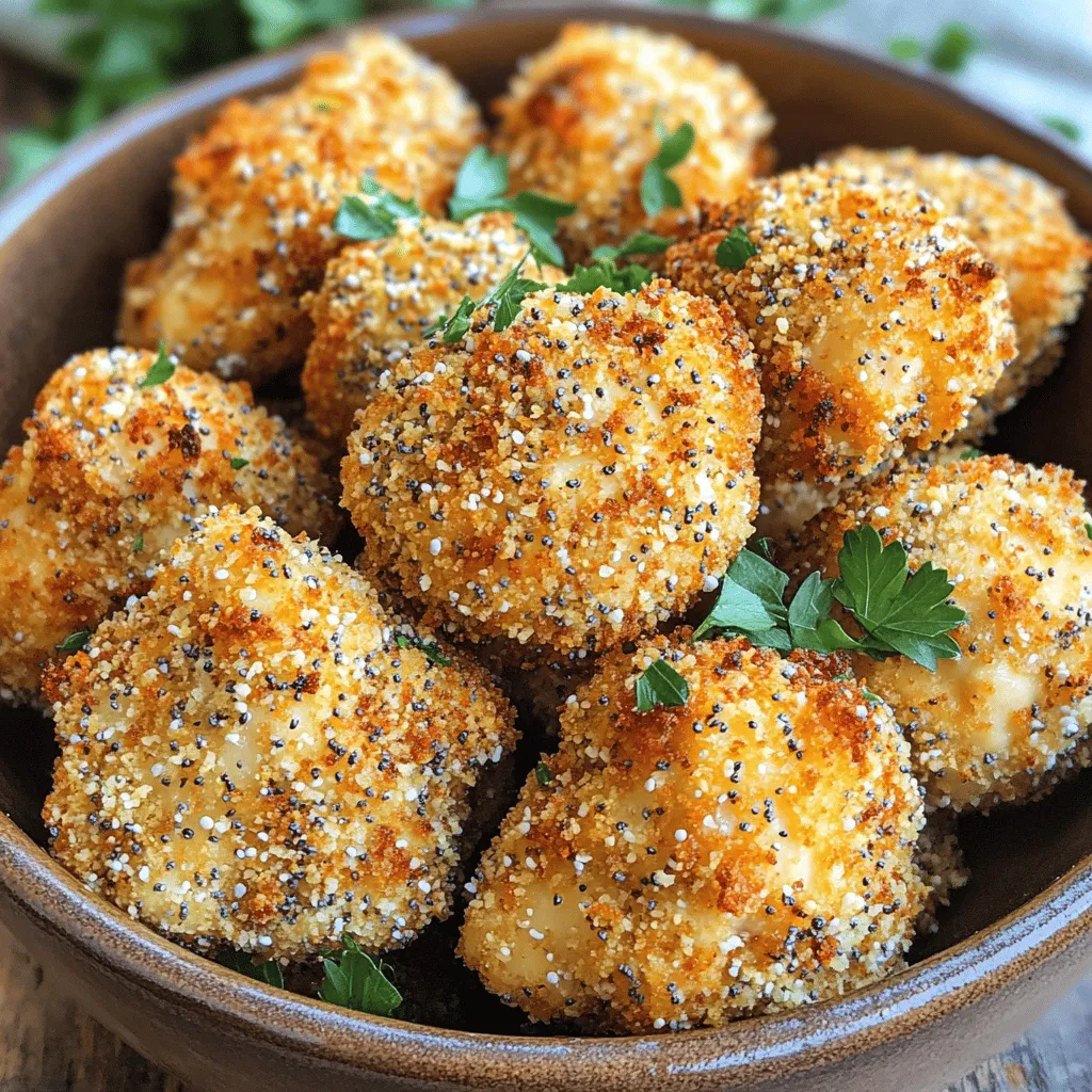 - 1 lb chicken breast, cut into bite-sized pieces - 1 cup breadcrumbs (Panko for extra crunch works great) - 2 tablespoons everything bagel seasoning - 1/2 cup grated Parmesan cheese - 2 large eggs, beaten - Salt and pepper to taste - Cooking spray Choosing the right chicken I love using fresh chicken breast for this recipe. Fresh chicken gives great flavor and texture. If you prefer, you can also use chicken thighs; they stay moist and tender. Types of breadcrumbs Panko breadcrumbs are my favorite. They make the bites super crunchy. Regular breadcrumbs work too, but Panko gives that extra crunch we all love. Alternatives for bagel seasoning If you can’t find everything bagel seasoning, you can make your own. Mix sesame seeds, poppy seeds, garlic powder, onion powder, and salt. This gives a similar taste and works great. To start, I prep the chicken. Cut 1 pound of chicken breast into bite-sized pieces. I season them with a pinch of salt and pepper. This simple step adds flavor. Next, I mix the dry ingredients. In a bowl, I combine 1 cup of breadcrumbs, 1/2 cup of grated Parmesan cheese, and 2 tablespoons of everything bagel seasoning. This mix gives the bites a great taste. Now, I prepare to beat the eggs. I crack 2 large eggs into a bowl and whisk them until smooth. This will help the breadcrumbs stick later on. Now it’s time to coat the chicken. I dip each piece into the beaten eggs, making sure it’s fully covered. This step is key for a good crust. After that, I roll the chicken in the breadcrumb mixture. I make sure each piece is well covered. This creates a tasty outer layer. I repeat this process for all the chicken pieces until they are ready for cooking. Next, I preheat the air fryer. I set it to 380°F (193°C) and let it heat for about 5 minutes. This ensures even cooking. After preheating, I lightly spray the air fryer basket with cooking spray. I arrange the chicken bites in a single layer. It’s important not to overcrowd the basket. I may need to cook them in batches. Finally, I air fry the chicken bites for 10 to 12 minutes. I turn them halfway through for even browning. They should be golden brown and reach an internal temperature of 165°F (74°C) when done. To get crispy chicken bites, choose Panko breadcrumbs. They add extra crunch. Ensure you coat each piece well with the breadcrumb mix. I find that lightly pressing the mixture onto the chicken helps it stick better. When it comes to cooking spray, use an olive oil spray. It works great and adds flavor. Arrange the chicken bites in a single layer in the air fryer. This helps them cook evenly. Do not overcrowd the basket. If you fill it too much, the chicken won’t crisp up well. Cook in batches if needed. For extra flavor, try adding garlic powder or onion powder to the breadcrumb mix. You can also use smoked paprika for a nice kick. For dipping sauces, ranch dressing pairs wonderfully. Honey mustard also complements the bites well. Experiment with your favorite sauces for a fun twist! {{image_2}} You can make your Air Fryer Everything Bagel Chicken Bites even more special by changing the seasoning. Making your own everything bagel seasoning is easy. Just mix equal parts of sesame seeds, poppy seeds, dried garlic, dried onion, and salt. This way, you control the flavors and freshness. If you want to try something new, use different spices and herbs. For a spicy kick, add cayenne pepper or smoked paprika. For a fresh taste, consider using dried herbs like thyme or oregano. This will give your chicken bites a unique twist. If you prefer turkey, swap the chicken for ground turkey. It cooks well and stays juicy. For a plant-based option, use plant-based chicken. This option is great for vegans or those who want a lighter meal. When it comes to breading, there are gluten-free options available. Use gluten-free breadcrumbs or crushed nuts. Almond flour or crushed rice cereal can also work well to keep the crunch. Serving these chicken bites is where the fun begins! You can pair them with dips like ranch or honey mustard. These add flavor and make the bites more enjoyable. Another great idea is to incorporate the chicken bites into salads or bowls. Toss them on a bed of greens with your favorite veggies. Add some avocado and a drizzle of dressing for a tasty meal. These ideas make the chicken bites versatile and fun to eat! Store any leftover chicken bites in an airtight container. This helps keep them fresh. Place them in the fridge within two hours after cooking. When properly stored, they will last for 3 to 4 days. Check for any signs of spoilage before eating. If they smell off or look strange, it's best to toss them. To freeze air fryer chicken bites, let them cool completely. Then, arrange them in a single layer on a baking sheet. Freeze for about 1 hour until solid. Once frozen, transfer them to a freezer-safe bag or container. Remove as much air as possible to prevent freezer burn. They can last up to 3 months in the freezer. When you're ready to eat, thaw the chicken bites in the fridge overnight. Reheat them in the air fryer at 375°F (190°C) for about 5-7 minutes. This will help keep them crispy. You can also use the microwave, but they may not stay as crunchy. Enjoy your tasty bites anytime! To check if your chicken is done, use a meat thermometer. The safe internal temperature for chicken is 165°F (74°C). You can insert the thermometer into the thickest part of a chicken piece. If it reads 165°F, your chicken bites are ready. This ensures they are safe to eat and still juicy. Yes, you can use fresh chicken. Fresh chicken cooks faster than frozen. If you use fresh chicken, reduce the cooking time. Check the chicken after about 8 minutes to see if it's done. Always ensure it reaches that safe temperature of 165°F (74°C) for best results. You can serve these chicken bites with many tasty sides. Here are a few ideas: - Dipping sauces: Try ranch, honey mustard, or barbecue sauce. - Fresh veggies: Serve with carrot sticks or cucumber slices for crunch. - Salads: Toss them in a salad for added protein. These options make your meal fun and flavorful! This blog post covers everything you need to know for making delicious air fryer chicken bites. We explored the key ingredients, shared helpful tips for prep and cooking, and discussed flavor variations and storage options. With these insights, you can create tasty bites that fit your needs. Whether you stick to the recipe or try something new, these bites are sure to please. Enjoy your cooking journey and experiment with flavors!