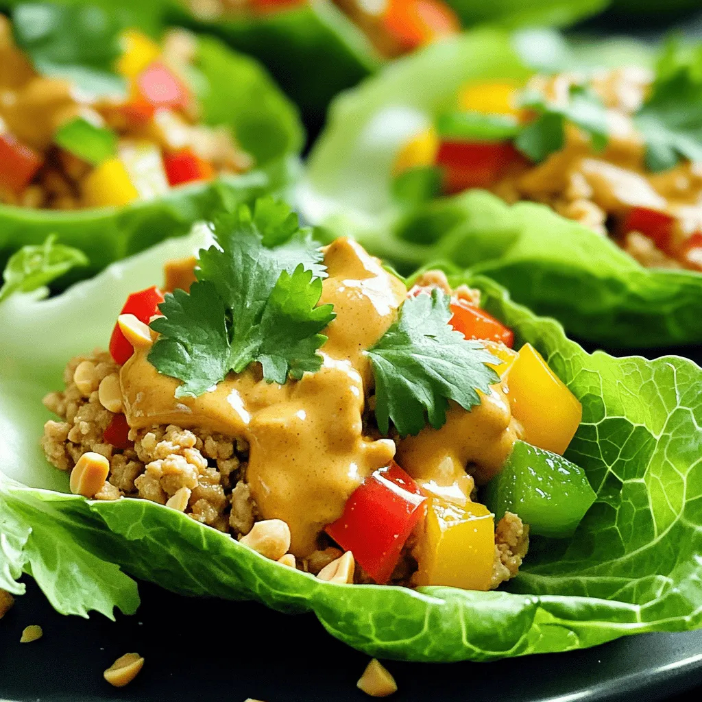 To make Minute Thai Peanut Chicken Lettuce Wraps, you need these key ingredients: - 1 lb ground chicken - 1/4 cup creamy peanut butter - 2 tablespoons soy sauce (or tamari for gluten-free) - 1 tablespoon brown sugar or honey - 1 tablespoon rice vinegar - 1 tablespoon sesame oil - 1 clove garlic, minced - 1 teaspoon fresh ginger, grated - 1/2 red bell pepper, finely diced - 1/2 cup shredded carrots - 1/4 cup chopped green onions - 1 head butter or romaine lettuce, leaves separated - Chopped cilantro and crushed peanuts, for garnish Each ingredient plays a vital role. The ground chicken gives protein, while peanut butter adds creaminess and flavor. Soy sauce or tamari brings saltiness, and rice vinegar adds tang. Garlic and ginger offer warmth, and vegetables like bell peppers and carrots add crunch. You can switch some ingredients for different flavors or needs: - Ground turkey or beef can replace ground chicken. - Almond butter or sunflower seed butter can replace peanut butter. - Honey can be swapped with maple syrup for a vegan option. - Use lime juice instead of rice vinegar for a citrus kick. - Any crunchy vegetable can work, like cucumbers or zucchini. These swaps keep the dish tasty while meeting your needs. Garnishes make the wraps look and taste even better. Here are some ideas: - Chopped cilantro adds freshness. - Crushed peanuts add crunch. - Sliced jalapeños for heat. - Sesame seeds for a nutty flavor. Feel free to mix and match garnishes to suit your taste. Start by heating a skillet over medium heat. Add 1 pound of ground chicken to the pan. Cook it until it turns brown and is fully cooked. This should take about 5 to 7 minutes. Use a spatula to break the chicken apart as it cooks. This helps to ensure even cooking. Once the chicken is cooked, it is ready for the sauce. While the chicken cooks, grab a bowl. In this bowl, whisk together the following ingredients until smooth: - 1/4 cup creamy peanut butter - 2 tablespoons soy sauce (or tamari for gluten-free) - 1 tablespoon brown sugar or honey - 1 tablespoon rice vinegar - 1 tablespoon sesame oil - 1 clove garlic, minced - 1 teaspoon fresh ginger, grated Mix these until well blended. This sauce adds a delightful nutty flavor to the chicken. Once the chicken is cooked, pour the peanut sauce over it in the skillet. Stir the chicken until it is well coated and the sauce is heated through. This should take an additional 2 to 3 minutes. Next, add in 1/2 red bell pepper, finely diced, and 1/2 cup shredded carrots. Stir them into the chicken mixture until they are combined and warmed through. Now, remove the skillet from heat and mix in 1/4 cup chopped green onions. These add a nice crunch and fresh flavor. To assemble, take a lettuce leaf from your head of butter or romaine lettuce. Scoop a generous portion of the chicken mixture into the center. Top it with chopped cilantro and crushed peanuts for extra flavor. Fold the sides of the lettuce leaf over the filling and enjoy! To make the best peanut sauce, start with creamy peanut butter. Mix it with soy sauce and brown sugar. This gives it a sweet, salty flavor. Add rice vinegar for tang and sesame oil for a rich taste. Mince some garlic and grate fresh ginger to boost the flavor. Whisk all these together until smooth. This sauce is key to your wraps! For the perfect wrap, use butter or romaine lettuce. Butter lettuce has soft, pliable leaves that fold easily. Romaine is crisp and sturdy, holding the filling well. Both types add a nice crunch. Make sure to wash the leaves gently and separate them carefully. This keeps them intact for filling. To adjust spice levels, start with a small amount of ginger. You can always add more later. If you like heat, try adding red pepper flakes to the sauce. For a milder taste, skip the flakes. You can also serve sriracha on the side for those who want more kick. This way, everyone can enjoy their wraps just how they like! {{image_2}} You can easily swap out ground chicken for plant-based protein. I suggest using lentils or chickpeas. These options are tasty and full of fiber. You can also use crumbled tofu for a great texture. Just make sure to cook it until golden brown. This way, it will soak up the yummy peanut sauce. Feel free to mix in various vegetables. Try adding diced cucumbers or chopped mushrooms. They add crunch and flavor. You can also use shredded cabbage or sliced radishes for a fresh twist. The more colors you add, the more fun your wraps will be! This makes each bite exciting. If you follow a gluten-free diet, use tamari instead of soy sauce. This simple swap keeps your wraps safe and still delicious. Check all labels to ensure all ingredients are gluten-free. You can also serve the filling in bell pepper halves for a gluten-free option. This adds a sweet flavor and a fun way to enjoy your meal. After enjoying your wraps, let any leftovers cool down to room temperature. Place the chicken mixture in an airtight container. Store it in the fridge for up to three days. Keep the lettuce leaves in a separate bag. This keeps them fresh and crisp for later use. To reheat, use a skillet over medium heat. Add a splash of water or broth to keep the chicken moist. Heat until warm, stirring often. You can also use the microwave. Place the chicken in a microwave-safe bowl, cover it, and heat in short bursts until hot. Avoid reheating the lettuce leaves, as they lose their crunch. You can freeze the chicken mixture for longer storage. Place it in a freezer-safe bag or container. It will stay fresh for up to three months. To thaw, move it to the fridge overnight. When ready to eat, reheat it as mentioned above. Serve it with fresh lettuce leaves for the best taste. To make this recipe dairy-free, simply use creamy peanut butter. Most brands are dairy-free. You can also replace any sauce with a dairy-free option. Tamari is a great choice for soy sauce. Yes! You can use ground turkey, pork, or tofu for a vegetarian option. Each protein adds a unique flavor. Just cook them until they’re fully done, just like the chicken. These wraps go well with rice or quinoa. You can also serve them with a light salad. A refreshing cucumber salad adds a nice crunch. For dessert, try fresh fruit or coconut sorbet. In this blog post, we explored how to make Thai Peanut Chicken Lettuce Wraps. We covered essential ingredients, tasty substitutions, and optional garnishes. You learned how to prepare chicken, make peanut sauce, and assemble the wraps. We shared tips on sauce perfection, best lettuce choices, and spice customization. You can also create fun variations, store leftovers efficiently, and answer common questions. Now, you have the tools to make delicious wraps your way. Enjoy cooking and sharing these tasty dishes!