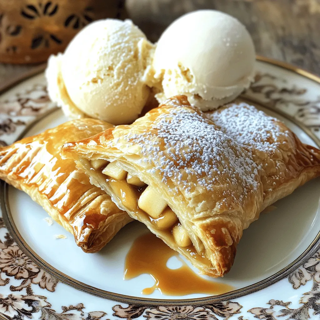 - 2 large apples (Granny Smith or Honeycrisp) - 1 cup caramel sauce (store-bought or homemade) - 1 teaspoon cinnamon - 1 tablespoon lemon juice - 1 package (17.3 oz) frozen puff pastry sheets - 1 egg (beaten for egg wash) - 2 tablespoons brown sugar - 1 tablespoon all-purpose flour - A pinch of salt You need a few simple ingredients to make caramel apple turnovers. Start with two large apples. I love using Granny Smith for their tartness or Honeycrisp for sweetness. Next, grab a cup of caramel sauce. You can buy this at a store or make your own. Add a teaspoon of cinnamon for warmth and a tablespoon of lemon juice for brightness. The lemon juice also helps keep the apples fresh. You will also need a package of frozen puff pastry sheets. This is the key to that flaky texture we all love. Don’t forget the egg! You will beat it to make an egg wash. This helps the turnovers turn golden when baking. Measure out two tablespoons of brown sugar and one tablespoon of all-purpose flour. These add sweetness and help thicken the filling. Lastly, just a pinch of salt will balance all the flavors. With these ingredients, you will create a warm and sweet treat that everyone loves. - Preheat oven to 400°F (200°C). - Prepare baking sheet with parchment paper. - In a bowl, combine: - 2 large apples, peeled and diced - 1 cup caramel sauce - 1 teaspoon cinnamon - 1 tablespoon lemon juice - 2 tablespoons brown sugar - 1 tablespoon all-purpose flour - A pinch of salt - Mix well until apples are coated. - Roll out puff pastry on a floured surface. - Cut each sheet into 4x4 inch squares. - Place a heaping tablespoon of filling in the center of each square. - Fold the square diagonally to form a triangle. - Seal edges by pressing down with a fork. - Brush tops with beaten egg for a golden finish. - Place turnovers on the prepared baking sheet. - Bake for 15-20 minutes until golden brown. - Let cool for a few minutes before serving. These steps make it easy to create warm, sweet caramel apple turnovers. Enjoy the delightful taste! Choose apples that give the best taste. I suggest using Granny Smith or Honeycrisp apples. Granny Smith offers a nice tartness, while Honeycrisp brings sweet and juicy flavors. Mixing both types gives you a great balance. This blend makes the filling rich and tasty, ensuring a perfect bite. To seal edges well, press down firmly with a fork. This keeps the filling inside. Make sure to fold the pastry tightly. For even baking, space the turnovers apart on the baking sheet. This allows heat to circulate and gives them a nice, golden color. Serve the turnovers warm for the best flavor. Dust them with powdered sugar for a sweet touch. Drizzle extra caramel sauce over the top for added sweetness. Pair them with vanilla ice cream for a creamy contrast. Enjoying them fresh from the oven makes every bite special! {{image_2}} You can make your caramel apple turnovers even better with fun extras. Try adding chopped nuts like walnuts or pecans for a crunchy texture. You can also mix in some raisins or dried cranberries for a fruity twist. These add-ins will bring new flavors to your turnovers. If you want to switch up the sauce, consider using chocolate or vanilla. A drizzle of melted chocolate can create a rich taste. Vanilla sauce adds a nice sweetness that pairs well with apples and caramel. Both options give you a chance to be creative with your toppings. While puff pastry is great, you can also try different types of dough. Phyllo dough works well for a crispy and flaky texture. It can give your turnovers a unique crunch. You can also use traditional pie crust for a more classic taste. Each type of dough will change the final result, making it fun to experiment. For those who need gluten-free options, look for gluten-free puff pastry. Many brands offer this choice, so you can enjoy the same flavors without the gluten. If you're vegan, you can make simple swaps. Use a plant-based caramel sauce and replace the egg wash with almond milk or soy milk. This way, everyone can enjoy caramel apple turnovers, no matter their diet. To keep your caramel apple turnovers fresh, use these tips: - Let them cool completely before storage. - Place leftovers in an airtight container. - For short-term storage, keep them at room temperature for up to two days. - For long-term storage, freeze them. Wrap each turnover in plastic wrap, then place them in a freezer bag. To maintain crispness: - Reheat before serving. - Avoid stacking them in the container, as this can make them soggy. To reheat your turnovers for the best results: - Preheat your oven to 350°F (175°C). - Place turnovers on a baking sheet. - Heat for about 10-15 minutes until warm and crisp. Common mistakes to avoid: - Don't microwave them; this makes them chewy and soggy. - Avoid reheating from frozen without thawing, as this can lead to uneven heating. Yes, you can prepare the filling a day before. Just keep it in the fridge. For the pastry, you can cut the squares early. Store them in the fridge too. When you are ready, fill and bake them. This saves time and makes baking easier. You can use store-bought caramel sauce for ease. Look for brands that taste good. Homemade caramel sauce can be richer and more fun to make. If you have time, try making it. Both options work well in this recipe. The turnovers are done when they look golden brown. You should see them puffed up nicely. If the outer crust is crisp, they are ready to enjoy. A good sign is the smell of warm apple and caramel filling. Yes, you can freeze turnovers before baking. Place them in a single layer on a baking sheet. Once frozen, transfer them to a freezer bag. To bake, do not thaw them first. Bake for a few extra minutes until golden. Caramel apple turnovers are simple and delicious. We covered key ingredients, easy steps, and helpful tips to make them perfect. You can choose the right apples and even try fun variations. Remember to store your turnovers well to keep them fresh. I hope you enjoy baking and sharing these treats. They are sure to impress family and friends.