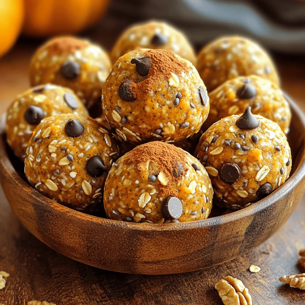 - 1 cup rolled oats - 1/2 cup pumpkin puree - 1/4 cup vanilla protein powder - 1/4 cup almond butter or peanut butter - 1/4 cup maple syrup - 1 teaspoon pumpkin pie spice - 1/4 teaspoon salt - 1/4 cup mini chocolate chips (optional) - 1/4 cup chopped walnuts or pecans (optional) To make pumpkin pie protein balls, gather these simple ingredients. Each one plays a key role in flavor and texture. Rolled oats serve as the base. They add fiber and a chewy bite. Pumpkin puree gives a rich, autumn flavor. It also keeps the balls moist. Vanilla protein powder adds protein, making these treats great for a snack. You can swap it with any flavor you like. Nut butter adds healthy fats and creaminess. Choose almond or peanut butter based on your taste. Maple syrup brings sweetness. It pairs well with pumpkin spice, which gives that classic pumpkin pie flavor. Salt balances the sweetness. You can skip it, but it adds depth to the taste. Mini chocolate chips and chopped nuts are optional but fun! They add extra texture and flavor. If you want a crunchy bite, include nuts. If you love chocolate, go for the chips. Now you are ready to create these tasty, no-bake protein balls! To start, grab a mixing bowl. Combine 1 cup of rolled oats and 1/4 cup of vanilla protein powder. Stir them well to mix evenly. Next, add in 1/2 cup of pumpkin puree, 1/4 cup of almond or peanut butter, 1/4 cup of maple syrup, 1 teaspoon of pumpkin pie spice, and 1/4 teaspoon of salt. Mix everything together until it forms a sticky and uniform mixture. You might find using your hands helps to combine it well. Once your mixture is ready, you can add in some fun ingredients. Fold in 1/4 cup of mini chocolate chips and 1/4 cup of chopped walnuts or pecans if you want. Then, using your hands, roll the mixture into small balls, about 1 inch in diameter. Place each ball on a parchment-lined baking sheet to keep them from sticking. Now it’s time to let them firm up. Refrigerate the protein balls for at least 30 minutes. This helps them hold their shape. After they are chilled, you can serve them cold or at room temperature. Enjoy your tasty and healthy treat! To make the best pumpkin pie protein balls, you need the right mix. The mix should be sticky but not too wet. If it feels too dry, add a splash of maple syrup. This will help bind the ingredients together. I like to use my hands to mix. This way, I can feel the texture and ensure everything blends well. Mixing with your hands helps you get an even consistency. When you do this, it makes rolling the balls much easier. You can adjust the sweetness by adding more maple syrup. If you prefer a less sweet taste, cut back on the syrup. Everyone has different tastes, so feel free to play around with it! For serving, I love to use a rustic bowl or a wooden platter. It adds a cozy touch to any table. You can also sprinkle some pumpkin spice on top for a nice look. This gives a great visual appeal and adds extra flavor. When storing the protein balls, use an airtight container. This keeps them fresh longer. You can place them in the fridge for quick snacks. If you want to take them on the go, pack a few in a small container. They make a perfect treat anytime! {{image_2}} You can easily change up the flavor of your pumpkin pie protein balls. This makes them fun and tasty. - Add cocoa powder: Mixing in cocoa powder gives you a chocolate twist. This adds richness to the flavor. Just a few tablespoons will do. - Include dried fruit: You can toss in some dried fruit for natural sweetness. Raisins or cranberries work well. This adds chewiness and a burst of flavor. If you have nut allergies, don’t worry. You can still enjoy these protein balls with a few changes. - Substitute nut butter: Use sunflower seed butter instead of almond butter or peanut butter. This keeps the creamy texture without nuts. - Omit nuts: You can skip the nuts altogether. This makes the recipe safe for those with nut allergies. Feel free to experiment with these variations to make the perfect treat for you! To keep your pumpkin pie protein balls fresh, use airtight containers. This helps to lock in moisture and flavor. You can use glass or plastic containers with tight lids. Store them in the fridge to maintain their taste and texture. They will stay good for about a week when refrigerated. If you want to save some for later, freezing works great. To freeze, place the protein balls on a baking sheet first. Make sure they don’t touch each other. Freeze them for about two hours. Once firm, transfer the balls to a freezer bag. This way, they won’t stick together. They can last up to three months in the freezer. When you're ready to eat them, take out what you need. Let the protein balls thaw in the fridge for a few hours or at room temperature. This keeps them tasty and easy to enjoy. To make these protein balls vegan, you can easily swap out a few ingredients. Here are some substitutes you can use: - Replace almond butter with a nut-free option like sunflower seed butter. - Use maple syrup as your sweetener. It is already vegan. - Choose a plant-based protein powder. Look for options made from peas or brown rice. These changes keep the taste delicious while making them suitable for a vegan diet. Yes, you can use different protein powder flavors! Here are some great options: - Chocolate protein powder adds a rich taste. - Cinnamon protein powder can enhance the fall flavor. - Unflavored protein powder allows the pumpkin and spices to shine. Feel free to experiment and find your favorite flavor combination! Pumpkin pie protein balls can last about a week in the fridge. To keep them fresh: - Store them in an airtight container. - If you want to keep them longer, freeze them. They can last up to three months when frozen. For best taste, let them thaw in the fridge overnight before enjoying! In this post, we explored how to make tasty pumpkin pie protein balls. We covered the key ingredients, steps for mixing and rolling, and tips for storage. You can even customize these snacks with flavors or nut-free versions. These protein balls are easy to make and perfect for a healthy boost. Enjoy them as a snack or a quick breakfast option! Make them today for a delicious treat that fits your diet.