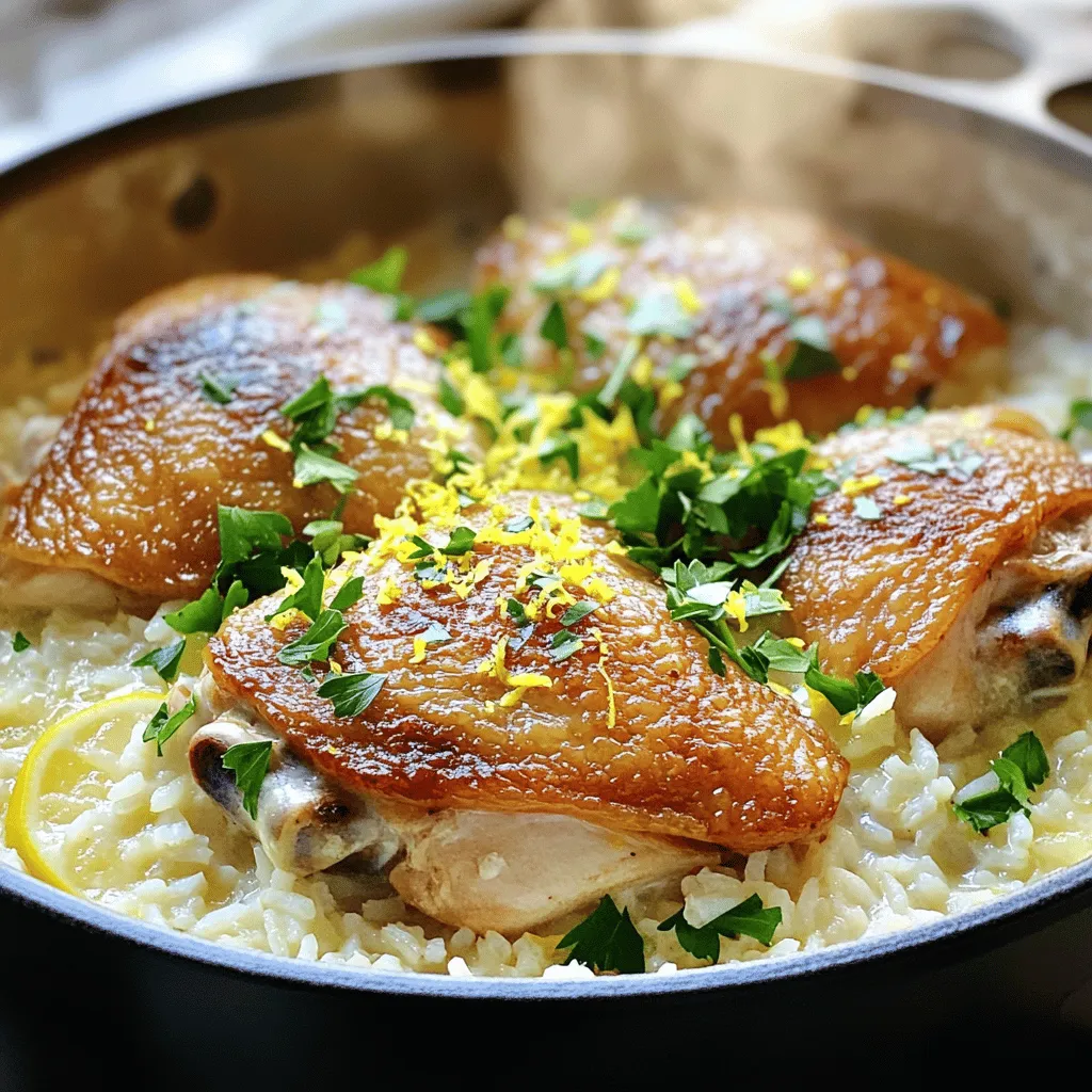 - 4 boneless, skinless chicken thighs - 1 cup jasmine rice - 2 cups chicken broth - 1 medium onion, diced - 4 cloves garlic, minced - 1 teaspoon dried thyme - 1 teaspoon paprika - 2 tablespoons lemon juice - Zest of 1 lemon - Salt and pepper to taste - 1 cup heavy cream - 2 tablespoons olive oil for cooking - Fresh parsley for garnish In this dish, I use boneless, skinless chicken thighs. They stay juicy and tender while cooking. Jasmine rice adds a lovely fragrance and absorbs the flavors well. Chicken broth gives depth to the meal, making it rich and savory. For the aromatics, I choose onion and garlic. They create a wonderful base. Dried thyme and paprika add warmth and earthiness. Fresh lemon juice and zest brighten the dish, cutting through the creaminess. Salt and pepper enhance all the flavors, making each bite pop. Heavy cream is the star of the creamy component. It gives the dish a luxurious texture. Olive oil helps in cooking the chicken and aromatics, adding flavor. Finally, fresh parsley gives a vibrant touch and freshness when garnished on top. With these ingredients, you can create a meal that is both simple and comforting. The combination of flavors will leave you wanting more. First, get your chicken thighs ready. Season them with salt, pepper, thyme, and paprika. This adds depth to your dish. Heat olive oil in a large pot over medium heat. Once the oil is hot, add the chicken thighs. Sear each side for about 5 minutes until they turn golden brown. This gives a nice crust. Remove the chicken and set it aside for later. Next, we focus on the aromatics. In the same pot, add diced onion and minced garlic. Sauté them for 3-4 minutes. You want the onion to be translucent and fragrant. This step builds a strong base for flavor in your dish. The smell will make your kitchen feel warm and inviting. Now, it’s time to combine everything. Add jasmine rice to the pot. Stir it for a minute to coat it with the onion and garlic. Then, pour in the chicken broth, lemon juice, and lemon zest. Stir the mixture well to combine all the flavors. Return the seared chicken thighs to the pot, making sure they are mostly submerged in the liquid. Bring this to a gentle simmer. Cover the pot and reduce the heat to low. Cook for about 20 minutes. This allows the rice to become tender and soak up most of the liquid. Once the rice is cooked, stir in the heavy cream. Let it simmer for an additional 2-3 minutes to thicken slightly. Taste and adjust the seasoning if needed. Enjoy the creamy goodness! To get the right creaminess, adjust the amount of heavy cream. If you want it richer, add more. For a lighter option, you can use half-and-half or coconut milk. Both alternatives still give a nice texture. To boost flavor, add herbs like basil or dill. You can also sprinkle in some red pepper flakes for a bit of heat. For acidity balance, consider adding more lemon juice or even a splash of white wine. This brightens the dish and makes the flavors pop. Serve the creamy chicken and rice in nice bowls. Garnish with fresh parsley for color. A sprinkle of lemon zest adds a vibrant touch. You can also serve it on a large platter for a family-style meal. Make sure it looks as good as it tastes! {{image_2}} You can easily swap the chicken thighs for chicken breasts. Chicken breasts are leaner but may need less cooking time. If you're looking for a lighter option, you can use turkey. For rice, jasmine rice works great, but brown rice or quinoa can also be used. Both add a nutty flavor and are healthy. If you want a vegetarian dish, try chickpeas or tofu instead of chicken. They soak up flavors well and add protein. To make this dish more exciting, think about adding vegetables. Spinach or peas can brighten up the meal. You can add them at the end so they stay fresh and colorful. If you like heat, consider adding red pepper flakes or cayenne pepper. Fresh herbs like basil or dill can also enhance the taste. Just sprinkle them in before serving for a fresh pop. Consider using seasonal produce to brighten the dish. In spring, asparagus or fresh peas work well. In summer, cherry tomatoes add a sweet burst. In fall, you might try butternut squash for a sweet touch. For a twist on lemon, use lime or even orange juice. Each offers a different citrus flavor that can change the whole dish. To keep your Creamy Lemon Garlic Chicken and Rice fresh, use an airtight container. Place the dish in the refrigerator within two hours of cooking. This helps prevent bacteria growth. Your leftovers will stay good for about 3 to 4 days. If you want the best taste, eat them sooner rather than later. When you’re ready to enjoy your leftovers, you can use either the microwave or stovetop. If you microwave, heat in short bursts. Stir between each burst to ensure even heating. If you choose the stovetop, add a splash of chicken broth to keep the dish creamy. Heat gently over low heat, stirring often. This helps avoid a dry texture. If you want to freeze your meal, let it cool completely first. Transfer it to a freezer-safe container. Make sure to leave some space at the top for expansion. Your dish can last in the freezer for up to 3 months. To defrost, place it in the fridge overnight. Then, reheat it using the stovetop method to keep it creamy and delicious. Yes, you can use brown rice. However, brown rice takes longer to cook. You will need to adjust the liquid and cooking time. Use 2 ½ cups of chicken broth and cook for about 40-45 minutes. Check the rice for tenderness before serving. This dish pairs well with several sides. Consider these options: - Steamed broccoli - Roasted asparagus - Mixed green salad - Garlic bread These sides add color and balance the meal. To make this dish dairy-free, swap heavy cream for coconut milk or cashew cream. Both options add creaminess without dairy. Use the same amount as heavy cream. You can also use vegetable broth instead of chicken broth for a full dairy-free dish. This blog post covered how to make a tasty, creamy lemon garlic chicken and rice dish. We looked at the key ingredients, cooking steps, and ways to enhance flavors. You learned tips to get the best creamy texture and ways to switch up the recipe with different ingredients. Storing and reheating advice ensures you enjoy this dish later. Cooking can be fun and fulfilling. I hope you feel ready to try this recipe and add your own twist! Enjoy your cooking journey!