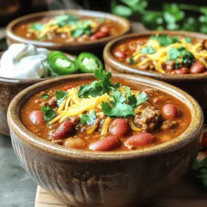 - 2 lbs ground beef - 1 large onion, diced - 4 cloves garlic, minced - 2 bell peppers (1 red, 1 green), diced - 2 cans (14 oz each) diced tomatoes with green chilies - 1 can (15 oz) kidney beans, drained and rinsed - 1 can (15 oz) pinto beans, drained and rinsed - 2 tablespoons chili powder - 1 tablespoon cumin - 1 tablespoon smoked paprika - 1 teaspoon cayenne pepper (adjust for spice level) - 1 teaspoon salt - ½ teaspoon black pepper - 2 cups beef broth - 2 tablespoons olive oil - Fresh parsley or cilantro for garnish - Optional toppings: shredded cheese, sour cream, jalapeños Ground beef is the star of this dish. It gives the chili its hearty base. I use a blend of spices like chili powder, cumin, and smoked paprika for flavor. Chili powder adds warmth, while cumin gives it a nutty taste. Smoked paprika brings a sweet, smoky flavor that makes every bite exciting. The beans, kidney and pinto, add texture and protein. Diced tomatoes with green chilies provide a tasty sauce and a bit of heat. The bell peppers and onion add sweetness and depth. Don’t skip the garlic; it brightens the whole dish. Fresh parsley or cilantro adds a nice touch when serving. You can swap ground beef for ground turkey or chicken for a leaner option. If you want a vegetarian chili, use lentils or extra beans instead of meat. You can replace diced tomatoes with fresh tomatoes if you prefer. For spice, use jalapeños instead of cayenne. If you don’t have smoked paprika, regular paprika will work, but it won’t have that smoky taste. First, gather all your ingredients. This makes cooking easier and more fun. You will need: - 2 lbs ground beef - 1 large onion, diced - 4 cloves garlic, minced - 2 bell peppers (1 red, 1 green), diced - 2 cans (14 oz each) diced tomatoes with green chilies - 1 can (15 oz) kidney beans, drained and rinsed - 1 can (15 oz) pinto beans, drained and rinsed - 2 tablespoons chili powder - 1 tablespoon cumin - 1 tablespoon smoked paprika - 1 teaspoon cayenne pepper - 1 teaspoon salt - ½ teaspoon black pepper - 2 cups beef broth - 2 tablespoons olive oil - Fresh parsley or cilantro for garnish - Optional toppings: shredded cheese, sour cream, jalapeños Next, chop the onion, garlic, and bell peppers. This helps them cook evenly. Heat the olive oil in a large pot over medium heat. Add the diced onion, garlic, and bell peppers. Cook them for about 5-7 minutes. They should be soft but not brown. Now, turn the heat to medium-high. Add the ground beef to the pot. Break it up with a spatula. Cook it for about 8-10 minutes until it is browned. If needed, drain any extra fat. Once the beef is cooked, stir in the chili powder, cumin, smoked paprika, cayenne pepper, salt, and black pepper. Let the spices cook for another 2 minutes. This helps release their flavors. Now, add the diced tomatoes with their juices and the beef broth. Mix well to combine everything. Bring this mixture to a boil, then turn the heat down to a simmer. Cover the pot and let it cook for at least 30 minutes. Stir occasionally to prevent sticking. After 30 minutes, add the kidney and pinto beans. Stir again and let it simmer for an additional 15-30 minutes. This helps the flavors blend together. The longer you simmer, the thicker the chili will be. Prep time is about 15 minutes. The total cooking time is about 1 hour. This makes enough for 6-8 servings. For best results, let the chili sit for a bit after cooking. This allows the flavors to deepen. Serve hot with your favorite toppings like cheese or sour cream. Enjoy your tasty Texas-style beef chili! To make your Texas style beef chili pop, use fresh spices. Fresh chili powder and cumin add depth. Toast spices in the pot for a minute before adding other ingredients. This step wakes up the flavors. You can also add a splash of apple cider vinegar or lime juice before serving. This brightens the dish and adds a nice zing. One common mistake is overcooking the beef. Brown it well but don’t let it dry out. Another mistake is rushing the simmering time. Letting it simmer for at least 30 minutes allows flavors to mix well. Don't skip on salt; it brings out the taste of other ingredients. Lastly, avoid using canned beans that are not rinsed. Rinsing removes extra salt and improves the texture. Serve your chili hot in deep bowls. Garnish with fresh parsley or cilantro for color. Offer toppings like shredded cheese, sour cream, and sliced jalapeños. These add creaminess and heat. Pair with crusty bread or cornbread for a complete meal. This way, your guests can customize their bowls to their liking. {{image_2}} You can make a tasty vegetarian chili by swapping the beef for lentils or mushrooms. Both options add great texture and flavor. Use vegetable broth instead of beef broth. Add extra veggies like zucchini or carrots to bulk it up. For a vegan twist, skip cheese and sour cream. Try avocado or cashew cream as a topping. Chili beans are key to a hearty dish. You can use black beans or cannellini beans instead of kidney and pinto beans. Mix different beans to create your own blend. Each type adds a unique taste and texture. Make sure to drain and rinse them well to keep the chili from getting too watery. Adjust the spice level to fit your taste. If you love heat, add more cayenne pepper or some diced jalapeños. For a milder chili, reduce the cayenne or skip it entirely. You can also use sweet bell peppers to balance the heat. Try adding a spoonful of sugar to cut through the spice if it gets too hot. After enjoying your Texas Style Beef Chili, let it cool completely. Transfer it to an airtight container. Store it in the fridge for up to four days. If you want it to last longer, consider freezing it. When you're ready to eat again, take the chili out of the fridge. Pour it into a pot and heat it over medium heat. Stir often to avoid sticking. If the chili is too thick, add a bit of beef broth or water. Heat until it's warm all the way through. To freeze your chili, use a freezer-safe container. Leave some space at the top, as the chili will expand. Label the container with the date. It can stay in the freezer for about three months. When you’re ready to use it, thaw it overnight in the fridge. Reheat it on the stove as mentioned above. Texas Style Chili is a rich, hearty stew made with beef. It often includes spices like chili powder and cumin. Unlike other chili styles, it usually skips beans. Texas chili focuses on meat, tomatoes, and a mix of peppers. This dish packs a bold flavor punch, perfect for cold nights. Each bite warms you up and satisfies your hunger. Yes, you can use ground turkey if you prefer. Ground turkey is leaner than beef and offers a lighter taste. Just remember, turkey may need extra seasoning to match the beef's flavor. Cook it the same way as the beef in the recipe. This swap keeps the chili delicious while making it a bit healthier. Texas Style Beef Chili can last in the fridge for about four days. Store it in an airtight container for best results. If you want to keep it longer, freeze it! Chili can last up to three months in the freezer. Just remember to thaw it in the fridge before reheating. Toppings can make your chili even better! Here are some great options: - Shredded cheese - Sour cream - Sliced jalapeños - Fresh parsley or cilantro These toppings add creaminess, spice, and freshness to each bowl. Feel free to mix and match, so everyone gets their favorite! This blog post covered all you need for Texas Style Chili. We explored the key ingredients, step-by-step cooking instructions, and helpful tips. You learned about ingredient swaps, flavor boosts, and common errors to avoid. Consider trying different variations for your chili, whether vegetarian or spicy. Proper storage and reheating can keep your leftovers fresh and tasty for days. Now, you have everything you need to make a perfect bowl of chili. Enjoy the cooking journey and savor every bite!