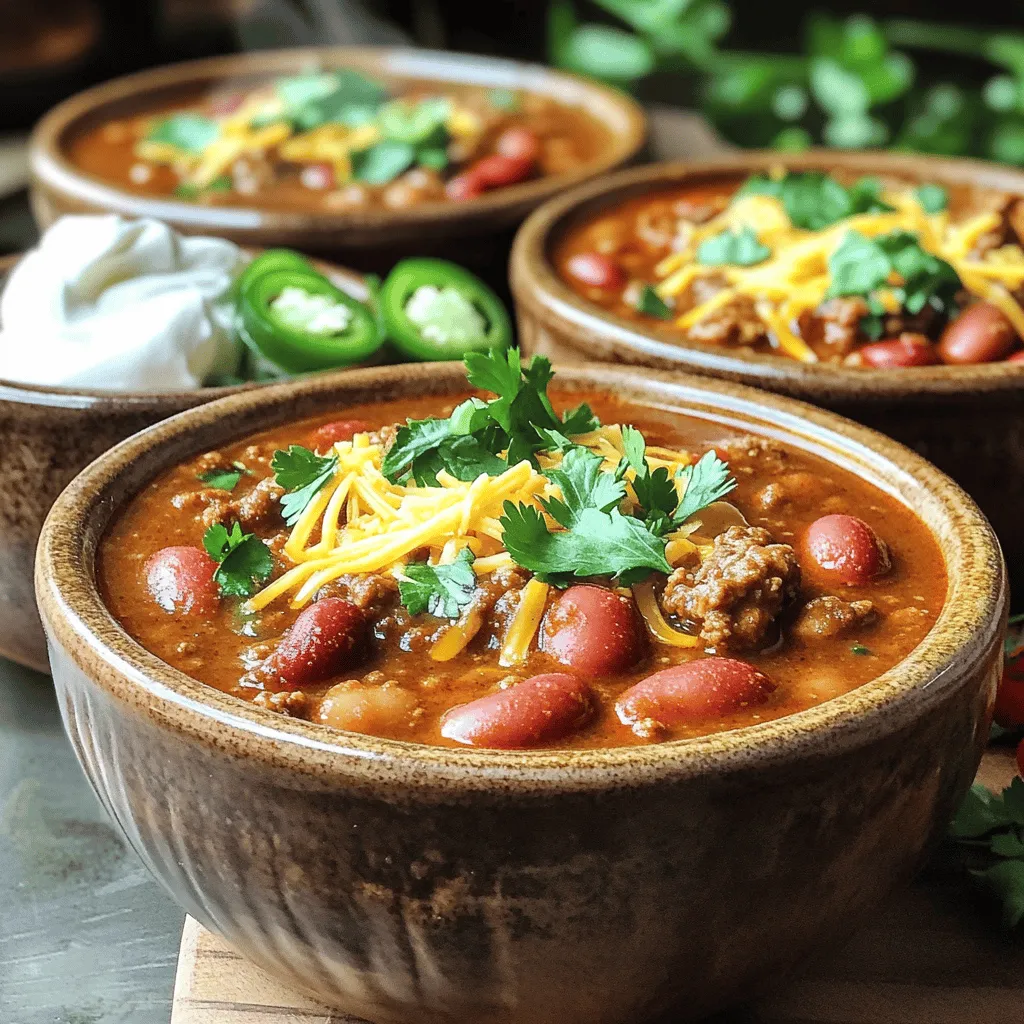 - 2 lbs ground beef - 1 large onion, diced - 4 cloves garlic, minced - 2 bell peppers (1 red, 1 green), diced - 2 cans (14 oz each) diced tomatoes with green chilies - 1 can (15 oz) kidney beans, drained and rinsed - 1 can (15 oz) pinto beans, drained and rinsed - 2 tablespoons chili powder - 1 tablespoon cumin - 1 tablespoon smoked paprika - 1 teaspoon cayenne pepper (adjust for spice level) - 1 teaspoon salt - ½ teaspoon black pepper - 2 cups beef broth - 2 tablespoons olive oil - Fresh parsley or cilantro for garnish - Optional toppings: shredded cheese, sour cream, jalapeños Ground beef is the star of this dish. It gives the chili its hearty base. I use a blend of spices like chili powder, cumin, and smoked paprika for flavor. Chili powder adds warmth, while cumin gives it a nutty taste. Smoked paprika brings a sweet, smoky flavor that makes every bite exciting. The beans, kidney and pinto, add texture and protein. Diced tomatoes with green chilies provide a tasty sauce and a bit of heat. The bell peppers and onion add sweetness and depth. Don’t skip the garlic; it brightens the whole dish. Fresh parsley or cilantro adds a nice touch when serving. You can swap ground beef for ground turkey or chicken for a leaner option. If you want a vegetarian chili, use lentils or extra beans instead of meat. You can replace diced tomatoes with fresh tomatoes if you prefer. For spice, use jalapeños instead of cayenne. If you don’t have smoked paprika, regular paprika will work, but it won’t have that smoky taste. First, gather all your ingredients. This makes cooking easier and more fun. You will need: - 2 lbs ground beef - 1 large onion, diced - 4 cloves garlic, minced - 2 bell peppers (1 red, 1 green), diced - 2 cans (14 oz each) diced tomatoes with green chilies - 1 can (15 oz) kidney beans, drained and rinsed - 1 can (15 oz) pinto beans, drained and rinsed - 2 tablespoons chili powder - 1 tablespoon cumin - 1 tablespoon smoked paprika - 1 teaspoon cayenne pepper - 1 teaspoon salt - ½ teaspoon black pepper - 2 cups beef broth - 2 tablespoons olive oil - Fresh parsley or cilantro for garnish - Optional toppings: shredded cheese, sour cream, jalapeños Next, chop the onion, garlic, and bell peppers. This helps them cook evenly. Heat the olive oil in a large pot over medium heat. Add the diced onion, garlic, and bell peppers. Cook them for about 5-7 minutes. They should be soft but not brown. Now, turn the heat to medium-high. Add the ground beef to the pot. Break it up with a spatula. Cook it for about 8-10 minutes until it is browned. If needed, drain any extra fat. Once the beef is cooked, stir in the chili powder, cumin, smoked paprika, cayenne pepper, salt, and black pepper. Let the spices cook for another 2 minutes. This helps release their flavors. Now, add the diced tomatoes with their juices and the beef broth. Mix well to combine everything. Bring this mixture to a boil, then turn the heat down to a simmer. Cover the pot and let it cook for at least 30 minutes. Stir occasionally to prevent sticking. After 30 minutes, add the kidney and pinto beans. Stir again and let it simmer for an additional 15-30 minutes. This helps the flavors blend together. The longer you simmer, the thicker the chili will be. Prep time is about 15 minutes. The total cooking time is about 1 hour. This makes enough for 6-8 servings. For best results, let the chili sit for a bit after cooking. This allows the flavors to deepen. Serve hot with your favorite toppings like cheese or sour cream. Enjoy your tasty Texas-style beef chili! To make your Texas style beef chili pop, use fresh spices. Fresh chili powder and cumin add depth. Toast spices in the pot for a minute before adding other ingredients. This step wakes up the flavors. You can also add a splash of apple cider vinegar or lime juice before serving. This brightens the dish and adds a nice zing. One common mistake is overcooking the beef. Brown it well but don’t let it dry out. Another mistake is rushing the simmering time. Letting it simmer for at least 30 minutes allows flavors to mix well. Don't skip on salt; it brings out the taste of other ingredients. Lastly, avoid using canned beans that are not rinsed. Rinsing removes extra salt and improves the texture. Serve your chili hot in deep bowls. Garnish with fresh parsley or cilantro for color. Offer toppings like shredded cheese, sour cream, and sliced jalapeños. These add creaminess and heat. Pair with crusty bread or cornbread for a complete meal. This way, your guests can customize their bowls to their liking. {{image_2}} You can make a tasty vegetarian chili by swapping the beef for lentils or mushrooms. Both options add great texture and flavor. Use vegetable broth instead of beef broth. Add extra veggies like zucchini or carrots to bulk it up. For a vegan twist, skip cheese and sour cream. Try avocado or cashew cream as a topping. Chili beans are key to a hearty dish. You can use black beans or cannellini beans instead of kidney and pinto beans. Mix different beans to create your own blend. Each type adds a unique taste and texture. Make sure to drain and rinse them well to keep the chili from getting too watery. Adjust the spice level to fit your taste. If you love heat, add more cayenne pepper or some diced jalapeños. For a milder chili, reduce the cayenne or skip it entirely. You can also use sweet bell peppers to balance the heat. Try adding a spoonful of sugar to cut through the spice if it gets too hot. After enjoying your Texas Style Beef Chili, let it cool completely. Transfer it to an airtight container. Store it in the fridge for up to four days. If you want it to last longer, consider freezing it. When you're ready to eat again, take the chili out of the fridge. Pour it into a pot and heat it over medium heat. Stir often to avoid sticking. If the chili is too thick, add a bit of beef broth or water. Heat until it's warm all the way through. To freeze your chili, use a freezer-safe container. Leave some space at the top, as the chili will expand. Label the container with the date. It can stay in the freezer for about three months. When you’re ready to use it, thaw it overnight in the fridge. Reheat it on the stove as mentioned above. Texas Style Chili is a rich, hearty stew made with beef. It often includes spices like chili powder and cumin. Unlike other chili styles, it usually skips beans. Texas chili focuses on meat, tomatoes, and a mix of peppers. This dish packs a bold flavor punch, perfect for cold nights. Each bite warms you up and satisfies your hunger. Yes, you can use ground turkey if you prefer. Ground turkey is leaner than beef and offers a lighter taste. Just remember, turkey may need extra seasoning to match the beef's flavor. Cook it the same way as the beef in the recipe. This swap keeps the chili delicious while making it a bit healthier. Texas Style Beef Chili can last in the fridge for about four days. Store it in an airtight container for best results. If you want to keep it longer, freeze it! Chili can last up to three months in the freezer. Just remember to thaw it in the fridge before reheating. Toppings can make your chili even better! Here are some great options: - Shredded cheese - Sour cream - Sliced jalapeños - Fresh parsley or cilantro These toppings add creaminess, spice, and freshness to each bowl. Feel free to mix and match, so everyone gets their favorite! This blog post covered all you need for Texas Style Chili. We explored the key ingredients, step-by-step cooking instructions, and helpful tips. You learned about ingredient swaps, flavor boosts, and common errors to avoid. Consider trying different variations for your chili, whether vegetarian or spicy. Proper storage and reheating can keep your leftovers fresh and tasty for days. Now, you have everything you need to make a perfect bowl of chili. Enjoy the cooking journey and savor every bite!
