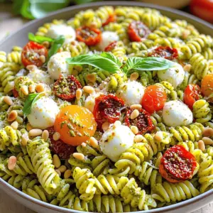To make this tasty pasta salad, you need the following ingredients: - 8 oz (225 g) pasta (fusilli or bowtie works well) - 1 cup sun-dried tomatoes (packed in oil, drained and chopped) - 1/2 cup fresh basil leaves, roughly chopped - 1/4 cup pine nuts, toasted - 1/2 cup grated Parmesan cheese - 1 garlic clove, minced - 1/3 cup olive oil - 1 tablespoon balsamic vinegar - Salt and pepper to taste - 1 cup cherry tomatoes, halved - 1/2 cup mozzarella balls (bocconcini), halved - Fresh basil leaves for garnish When picking sun-dried tomatoes, look for those packed in oil. The oil helps keep them moist and flavorful. Check the color; they should be a vibrant red, not too dark or dried out. The texture matters too. You want them soft but not mushy. Always check the label for added preservatives. Pure ingredients lead to a better taste. Fusilli and bowtie pasta work best for this salad. Their shapes hold the pesto well. If you want to try something different, rotini or farfalle are great options too. For gluten-free diets, use gluten-free pasta. You can even swap pasta for quinoa or zoodles if you're feeling adventurous. Each option brings its own fun twist to the dish! To cook pasta just right, start by boiling water in a large pot. Add a pinch of salt to the water. This will help flavor the pasta. Once the water boils, add your pasta. I love using fusilli or bowtie shapes for this recipe. Cook according to the package instructions until the pasta is al dente. This means it should be firm, not mushy. After cooking, drain the pasta in a colander. Rinse it under cold water to stop the cooking. This keeps the pasta from getting sticky. Set the cooled pasta aside in a big mixing bowl. Next, we will make the sun-dried tomato pesto. Grab a food processor and add the following: - 1 cup sun-dried tomatoes, drained and chopped - 1/2 cup fresh basil leaves, roughly chopped - 1/4 cup pine nuts, toasted - 1/2 cup grated Parmesan cheese - 1 garlic clove, minced - 1 tablespoon balsamic vinegar Pulse these ingredients together until they form a coarse paste. It should look thick and tasty. Now, while the food processor runs, slowly drizzle in 1/3 cup of olive oil. This helps the pesto become smooth and creamy. After blending, taste it. Add salt and pepper as needed for flavor. Now it’s time to mix everything together! Pour the sun-dried tomato pesto over your cooled pasta. Toss it well so that every piece of pasta gets coated with that yummy pesto. Next, gently fold in the halved cherry tomatoes and mozzarella balls. These add freshness and creaminess to the salad. Taste the salad one more time. If it needs more seasoning, add a pinch of salt or pepper. Cover the bowl and let it sit in the fridge for at least 30 minutes. This resting time helps all the flavors blend together. Before serving, give it a gentle toss and add fresh basil leaves on top for a beautiful finish. Tossing pasta salad right is key to a good dish. Use a large mixing bowl for enough space. Start by adding your pesto to the cooled pasta. Mix gently to coat each piece. Use a spatula to lift and fold the pasta. This helps keep it light and airy. Avoid smashing the ingredients. You want each bite to be fresh and tasty. To boost the taste, add fresh herbs. Chopped parsley or arugula can give a nice kick. A squeeze of lemon juice brightens the flavors too. If you like spice, consider red pepper flakes. They add a fun heat without being too much. For creaminess, include more mozzarella or a bit of cream cheese. Each tweak can make your pasta salad unique. Serving your salad well makes it even more appetizing. Use a big bowl to show off the colors. Add extra cherry tomatoes and mozzarella on top. This creates an inviting look. Drizzle a bit of extra pesto over the salad for shine. Toasted pine nuts sprinkled on top give a nice crunch. Finally, garnish with fresh basil leaves for a pop of green. This makes it not just tasty, but beautiful too. {{image_2}} You can boost your Sun-Dried Tomato Pesto Pasta Salad with extra protein and veggies. Here are some great options: - Grilled Chicken: Add sliced grilled chicken for a hearty meal. - Shrimp: Toss in cooked shrimp for a seafood twist. - Chickpeas: Use canned chickpeas for plant-based protein. - Spinach: Fresh spinach adds color and nutrition. - Bell Peppers: Chopped bell peppers give a nice crunch. - Zucchini: Grated zucchini blends well with the flavors. Seasonal ingredients can make this dish even better. Use what is fresh in your area: - Spring: Add asparagus or peas for a fresh touch. - Summer: Use ripe tomatoes or corn for sweetness. - Fall: Mix in roasted butternut squash for a warm flavor. - Winter: Try adding kale or Brussels sprouts for depth. You can easily adapt this recipe for gluten-free and vegan diets: - Gluten-Free Pasta: Use your favorite gluten-free pasta for a safe option. - Nutritional Yeast: Swap Parmesan cheese with nutritional yeast for a cheesy flavor. - Vegan Pesto: Make pesto with nuts, basil, garlic, and olive oil, skipping cheese altogether. Feel free to get creative with these variations! Each change can make your pasta salad unique and delicious. To keep your sun-dried tomato pesto pasta salad fresh, place it in an airtight container. Make sure to cover it well. This helps prevent moisture loss and keeps the flavors intact. If you have any extra pesto, store that separately. This way, you can add more flavor when serving. Glass containers work best for storing pasta salad. They do not absorb smells and keep food fresh. Alternatively, you can use high-quality plastic containers. Just ensure they have a good seal. Avoid using containers that are too large. This can lead to air exposure and spoilage. You can keep the pasta salad in the fridge for up to three days. After that, the taste and texture may change. If you notice any off smells or colors, it’s best to toss it out. Always check before eating leftovers to ensure they are still good. You can keep this pasta salad in the fridge for about 3 to 5 days. Make sure to store it in a tight container. The flavors will get better as it sits. Just give it a good stir before serving again. Yes, you can make the pesto a few days ahead. Store it in a sealed container with a thin layer of olive oil on top. This will keep it fresh. When you are ready, just toss it with the pasta. If you don’t have pine nuts, you can use walnuts or sunflower seeds. Both options will add a nice crunch. You can also try pumpkin seeds for a different flavor. Yes, you can freeze the pasta salad, but it may change texture. To freeze, place it in an airtight container. It’s best to eat it fresh. If you freeze it, thaw it in the fridge before serving. This pasta salad goes well with grilled chicken or fish. It also complements a fresh green salad. For a light meal, serve it with a crusty bread or garlic bread. Enjoy the mix of flavors! This blog post covered how to make a tasty sun-dried tomato pesto pasta salad. I shared tips on choosing the best ingredients and cooking pasta perfectly. You learned how to enhance flavors, try variations, and store leftovers. Keep these lessons in mind to create your best pasta salad yet. Enjoy experimenting with each step for a meal that everyone will love. Simple changes can make a big difference!