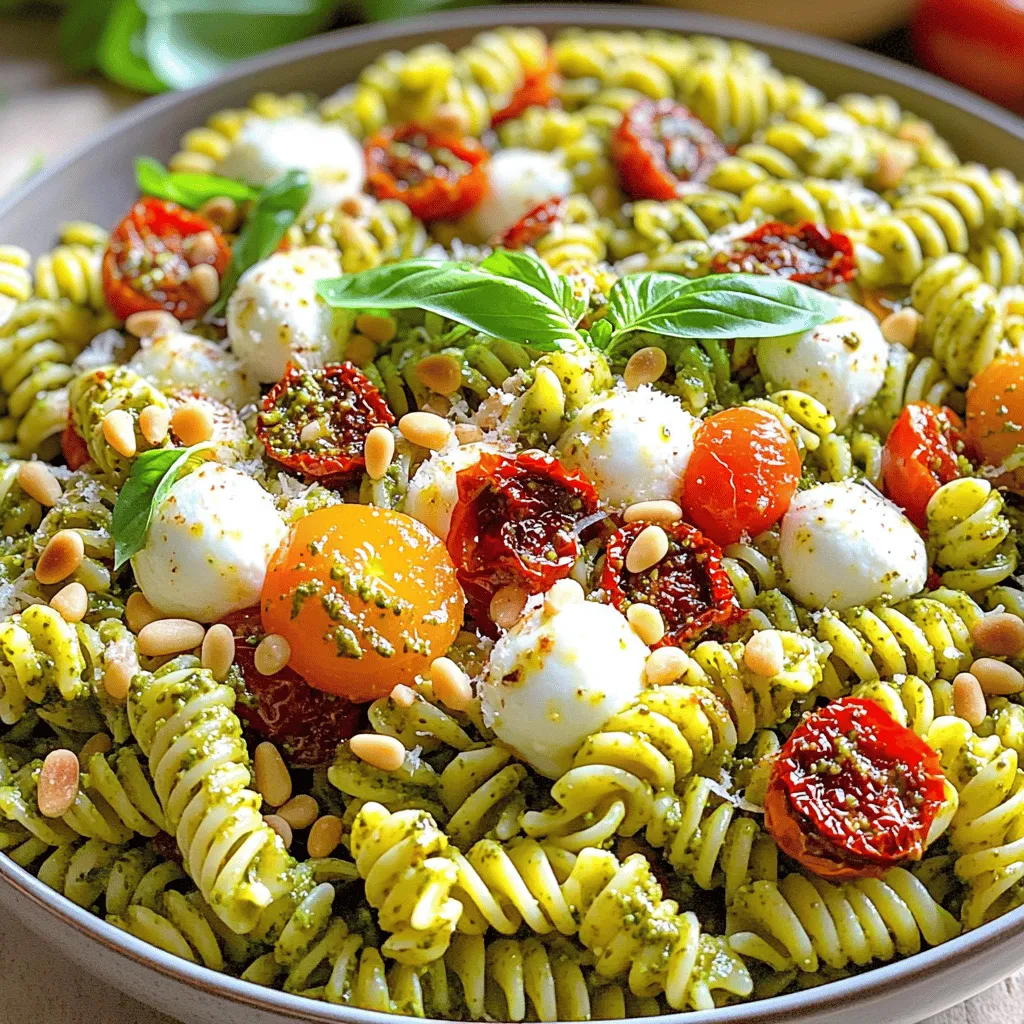 To make this tasty pasta salad, you need the following ingredients: - 8 oz (225 g) pasta (fusilli or bowtie works well) - 1 cup sun-dried tomatoes (packed in oil, drained and chopped) - 1/2 cup fresh basil leaves, roughly chopped - 1/4 cup pine nuts, toasted - 1/2 cup grated Parmesan cheese - 1 garlic clove, minced - 1/3 cup olive oil - 1 tablespoon balsamic vinegar - Salt and pepper to taste - 1 cup cherry tomatoes, halved - 1/2 cup mozzarella balls (bocconcini), halved - Fresh basil leaves for garnish When picking sun-dried tomatoes, look for those packed in oil. The oil helps keep them moist and flavorful. Check the color; they should be a vibrant red, not too dark or dried out. The texture matters too. You want them soft but not mushy. Always check the label for added preservatives. Pure ingredients lead to a better taste. Fusilli and bowtie pasta work best for this salad. Their shapes hold the pesto well. If you want to try something different, rotini or farfalle are great options too. For gluten-free diets, use gluten-free pasta. You can even swap pasta for quinoa or zoodles if you're feeling adventurous. Each option brings its own fun twist to the dish! To cook pasta just right, start by boiling water in a large pot. Add a pinch of salt to the water. This will help flavor the pasta. Once the water boils, add your pasta. I love using fusilli or bowtie shapes for this recipe. Cook according to the package instructions until the pasta is al dente. This means it should be firm, not mushy. After cooking, drain the pasta in a colander. Rinse it under cold water to stop the cooking. This keeps the pasta from getting sticky. Set the cooled pasta aside in a big mixing bowl. Next, we will make the sun-dried tomato pesto. Grab a food processor and add the following: - 1 cup sun-dried tomatoes, drained and chopped - 1/2 cup fresh basil leaves, roughly chopped - 1/4 cup pine nuts, toasted - 1/2 cup grated Parmesan cheese - 1 garlic clove, minced - 1 tablespoon balsamic vinegar Pulse these ingredients together until they form a coarse paste. It should look thick and tasty. Now, while the food processor runs, slowly drizzle in 1/3 cup of olive oil. This helps the pesto become smooth and creamy. After blending, taste it. Add salt and pepper as needed for flavor. Now it’s time to mix everything together! Pour the sun-dried tomato pesto over your cooled pasta. Toss it well so that every piece of pasta gets coated with that yummy pesto. Next, gently fold in the halved cherry tomatoes and mozzarella balls. These add freshness and creaminess to the salad. Taste the salad one more time. If it needs more seasoning, add a pinch of salt or pepper. Cover the bowl and let it sit in the fridge for at least 30 minutes. This resting time helps all the flavors blend together. Before serving, give it a gentle toss and add fresh basil leaves on top for a beautiful finish. Tossing pasta salad right is key to a good dish. Use a large mixing bowl for enough space. Start by adding your pesto to the cooled pasta. Mix gently to coat each piece. Use a spatula to lift and fold the pasta. This helps keep it light and airy. Avoid smashing the ingredients. You want each bite to be fresh and tasty. To boost the taste, add fresh herbs. Chopped parsley or arugula can give a nice kick. A squeeze of lemon juice brightens the flavors too. If you like spice, consider red pepper flakes. They add a fun heat without being too much. For creaminess, include more mozzarella or a bit of cream cheese. Each tweak can make your pasta salad unique. Serving your salad well makes it even more appetizing. Use a big bowl to show off the colors. Add extra cherry tomatoes and mozzarella on top. This creates an inviting look. Drizzle a bit of extra pesto over the salad for shine. Toasted pine nuts sprinkled on top give a nice crunch. Finally, garnish with fresh basil leaves for a pop of green. This makes it not just tasty, but beautiful too. {{image_2}} You can boost your Sun-Dried Tomato Pesto Pasta Salad with extra protein and veggies. Here are some great options: - Grilled Chicken: Add sliced grilled chicken for a hearty meal. - Shrimp: Toss in cooked shrimp for a seafood twist. - Chickpeas: Use canned chickpeas for plant-based protein. - Spinach: Fresh spinach adds color and nutrition. - Bell Peppers: Chopped bell peppers give a nice crunch. - Zucchini: Grated zucchini blends well with the flavors. Seasonal ingredients can make this dish even better. Use what is fresh in your area: - Spring: Add asparagus or peas for a fresh touch. - Summer: Use ripe tomatoes or corn for sweetness. - Fall: Mix in roasted butternut squash for a warm flavor. - Winter: Try adding kale or Brussels sprouts for depth. You can easily adapt this recipe for gluten-free and vegan diets: - Gluten-Free Pasta: Use your favorite gluten-free pasta for a safe option. - Nutritional Yeast: Swap Parmesan cheese with nutritional yeast for a cheesy flavor. - Vegan Pesto: Make pesto with nuts, basil, garlic, and olive oil, skipping cheese altogether. Feel free to get creative with these variations! Each change can make your pasta salad unique and delicious. To keep your sun-dried tomato pesto pasta salad fresh, place it in an airtight container. Make sure to cover it well. This helps prevent moisture loss and keeps the flavors intact. If you have any extra pesto, store that separately. This way, you can add more flavor when serving. Glass containers work best for storing pasta salad. They do not absorb smells and keep food fresh. Alternatively, you can use high-quality plastic containers. Just ensure they have a good seal. Avoid using containers that are too large. This can lead to air exposure and spoilage. You can keep the pasta salad in the fridge for up to three days. After that, the taste and texture may change. If you notice any off smells or colors, it’s best to toss it out. Always check before eating leftovers to ensure they are still good. You can keep this pasta salad in the fridge for about 3 to 5 days. Make sure to store it in a tight container. The flavors will get better as it sits. Just give it a good stir before serving again. Yes, you can make the pesto a few days ahead. Store it in a sealed container with a thin layer of olive oil on top. This will keep it fresh. When you are ready, just toss it with the pasta. If you don’t have pine nuts, you can use walnuts or sunflower seeds. Both options will add a nice crunch. You can also try pumpkin seeds for a different flavor. Yes, you can freeze the pasta salad, but it may change texture. To freeze, place it in an airtight container. It’s best to eat it fresh. If you freeze it, thaw it in the fridge before serving. This pasta salad goes well with grilled chicken or fish. It also complements a fresh green salad. For a light meal, serve it with a crusty bread or garlic bread. Enjoy the mix of flavors! This blog post covered how to make a tasty sun-dried tomato pesto pasta salad. I shared tips on choosing the best ingredients and cooking pasta perfectly. You learned how to enhance flavors, try variations, and store leftovers. Keep these lessons in mind to create your best pasta salad yet. Enjoy experimenting with each step for a meal that everyone will love. Simple changes can make a big difference!