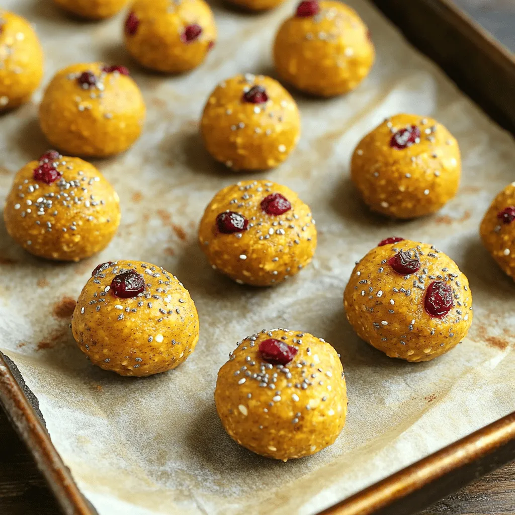 - 1 cup rolled oats - 1/2 cup canned pumpkin puree - 1/3 cup almond butter (or peanut butter) - 1/4 cup honey or maple syrup - 1/2 teaspoon vanilla extract - 1/2 cup dried cranberries, chopped - 1/4 cup chia seeds - 1 teaspoon cinnamon - 1/2 teaspoon nutmeg - Pinch of salt Pumpkin Cranberry Energy Bites use simple, wholesome ingredients. Each one plays a key role in flavor and nutrition. - Calories per serving: About 100 calories per bite. - Macronutrient breakdown: - Carbs: 14 grams - Protein: 3 grams - Fats: 4 grams Health benefits of each ingredient: - Rolled oats offer fiber for digestion. - Pumpkin puree provides vitamins A and C. - Almond butter is rich in healthy fats and protein. - Honey or maple syrup adds natural sweetness and energy. - Chia seeds are packed with omega-3s and fiber. - Cranberries provide antioxidants. - Cinnamon and nutmeg add flavor and may help regulate blood sugar. - Salt enhances all the flavors. These bites are not just tasty; they also fuel your day! Enjoy them as a quick snack or a healthy treat. First, combine the dry ingredients. In a large bowl, mix 1 cup of rolled oats, 1/4 cup of chia seeds, 1 teaspoon of cinnamon, 1/2 teaspoon of nutmeg, and a pinch of salt. Stir them well until they are blended. This mix gives the bites texture and flavor. Next, whisk the wet ingredients together. In a separate bowl, blend 1/2 cup of canned pumpkin puree, 1/3 cup of almond butter, 1/4 cup of honey or maple syrup, and 1/2 teaspoon of vanilla extract. Whisk until the mixture is smooth and creamy. This adds moisture and sweetness to your bites. Now, it’s time to incorporate the wet into the dry. Pour the wet mixture into the dry ingredients. Mix everything well until fully combined. This step is crucial for even flavor. After that, fold in the cranberries. Add 1/2 cup of chopped dried cranberries to the mix. Gently stir to distribute them evenly. This adds a nice tartness to each bite. Refrigeration time is important. Place the mixture in the fridge for about 30 minutes. This helps it firm up, making it easier to roll into bites. Once chilled, roll the bites into balls. Scoop tablespoon-sized portions of the mixture. Roll each portion into a ball using your hands. Place them on a parchment-lined baking sheet. This makes clean-up easy. Finally, store the energy bites in an airtight container. Keep them in the fridge for up to one week. This way, you always have a tasty, healthy snack ready to go! To make your energy bites great, start by measuring your ingredients well. Use measuring cups and spoons for accuracy. This helps your bites hold together and taste just right. You might want to adjust the sweetness. If you like sweeter bites, add a bit more honey or maple syrup. If you want less, cut back on the sweetener. Taste the mixture before rolling it into balls to get it just right. Storing energy bites properly is key for keeping them fresh. Use an airtight container to prevent moisture loss. You can keep them in the fridge for up to one week. If you want them to last longer, freeze them. Wrap each bite in plastic wrap, then place them in a freezer-safe bag. They can stay good for up to three months in the freezer. These energy bites make a perfect on-the-go snack. You can grab a few for a quick breakfast or a mid-day boost. Try pairing them with a banana for added energy. You could also serve them with yogurt for a tasty treat. {{image_2}} You can easily swap almond butter for peanut butter. Both add a rich taste. Almond butter has a nutty flavor. Peanut butter gives a classic taste. Try different sweeteners too. You can use honey or maple syrup. Agave syrup or stevia works well too. These swaps keep your bites sweet and tasty. Want to mix things up? Add some chocolate chips or nuts. They add crunch and sweetness. You can also sprinkle in spices like ginger or cloves. These spices bring warmth and depth to each bite. You can make these bites vegan-friendly. Just use maple syrup instead of honey. Almond butter or any nut butter keeps them plant-based. If you're looking for gluten-free options, stick to certified gluten-free oats. This ensures everyone can enjoy these tasty bites without worry. To keep your Pumpkin Cranberry Energy Bites fresh, use airtight containers. This helps keep moisture out and keeps the bites tasty. Store them in the fridge. The cool temperature helps maintain their flavor and texture. When stored in the refrigerator, these energy bites last for up to one week. If you want a longer shelf life, freeze them. Place the bites in a single layer on a baking sheet to freeze them. After they are frozen, transfer them to a freezer-safe bag or container. They can stay fresh for about three months in the freezer. To defrost, simply leave them in the fridge overnight. Check for freshness before eating. If the bites feel sticky or have an off smell, it’s time to toss them. Look for discoloration or mold. If you see any, do not eat them. Fresh bites should be firm and smell sweet and spicy. How long do these energy bites last? These energy bites can last for up to one week when stored in an airtight container in the fridge. They stay fresh and tasty, making them a great snack option. Can I use fresh pumpkin instead of canned? Yes, you can use fresh pumpkin. Just make sure to cook and puree it well. Canned pumpkin is convenient, but fresh adds a unique taste. Are these energy bites gluten-free? Yes, these bites are gluten-free. Just ensure you use certified gluten-free oats. This makes them a safe choice for those with gluten sensitivities. What can I use instead of almond butter? You can swap almond butter for peanut butter. Sunflower seed butter is another great option for nut-free diets. Each option adds a different flavor. Can I substitute honey with maple syrup? Yes, maple syrup works well as a substitute for honey. It gives a nice sweetness with a hint of flavor. Use the same amount for the best results. What are energy bites? Energy bites are small, no-bake snacks packed with nutrients. They often combine oats, nut butters, and sweeteners. These bites provide quick energy and are perfect for busy days. Are energy bites healthy for snacks? Yes, energy bites can be a healthy snack. They provide fiber, healthy fats, and protein. They help keep you full and energized between meals. These pumpkin cranberry energy bites are simple and full of flavor. We covered key ingredients, from oats to chia seeds, highlighting their health benefits. I shared step-by-step instructions for easy prep and tips to keep them fresh. You can even make fun variations to suit your taste or diet. In the end, these bites are not just tasty; they are healthy snacks perfect for any time. Enjoy making and sharing them with friends and family. Keep experimenting to find your favorite mix!