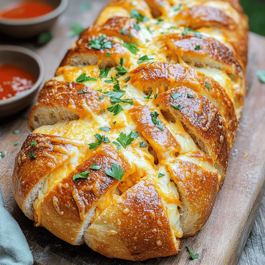 For the best cheesy pull-apart garlic bread, I choose a large loaf of sourdough. Sourdough has a thick crust and a soft inside. This keeps the bread sturdy while you pull it apart. You can also try other types like French or Italian bread. Just make sure it is fresh for the best taste. You need two kinds of cheese for great flavor. I use 1 cup of shredded mozzarella cheese. It melts nicely and becomes gooey. The second cheese is 1 cup of shredded cheddar cheese. It adds a sharp taste that balances the mozzarella. You can mix and match cheeses based on your taste. Try gouda or pepper jack for a twist! The garlic butter mixture is key to this dish. You start with 4 tablespoons of melted unsalted butter. Then, add 4 cloves of minced garlic for a strong flavor. I also include 2 tablespoons of chopped fresh parsley. This adds color and freshness. Don’t forget ½ teaspoon of salt and ½ teaspoon of black pepper. If you want a little heat, add ¼ teaspoon of red pepper flakes. This will give your bread a fun kick! To start, you need to make the garlic butter. In a small bowl, mix four tablespoons of melted unsalted butter with four minced garlic cloves. Add two tablespoons of chopped fresh parsley, half a teaspoon of salt, and half a teaspoon of black pepper. If you like spice, feel free to add a quarter teaspoon of red pepper flakes. Stir this mix well until everything combines. This butter will give your bread a rich, tasty flavor. Next, it’s time to work on the sourdough bread. Place one large loaf on a large piece of aluminum foil. Carefully cut diagonal lines across the top to create a crisscross pattern. Be careful not to cut all the way through the bottom. This helps the bread pull apart easily. Now, gently pull apart the sections to form small pockets. Use a pastry brush to spread half of the garlic butter mixture into these crevices. After that, fill the gaps with one cup of shredded mozzarella cheese and one cup of shredded cheddar cheese. Make sure the cheese is evenly spread throughout the bread. Finally, brush the remaining garlic butter on top of your loaf. Now, it's time to bake! Wrap the bread loosely in the aluminum foil and place it on a baking sheet. Preheat your oven to 375°F (190°C). Bake the bread for about 15 minutes. Then, remove the foil and continue baking for another 10 to 15 minutes. You want the cheese to melt and bubble, and the top to turn golden brown. Once done, take it out of the oven and let it cool slightly before serving. Enjoy the warm, cheesy goodness! To get that gooey cheese you crave, use fresh cheese. Shredded mozzarella and cheddar work best. Mixing these two gives you a great blend of flavors. Make sure to fill every gap in the bread with cheese. This way, every piece is cheesy and fun to pull apart. Bake until the cheese is bubbling and golden. This usually takes about 25-30 minutes total. Serve your cheesy pull-apart garlic bread with marinara sauce for dipping. It adds a nice touch of acidity. You can also pair it with a fresh salad for balance. For a heartier meal, serve it as a side with pasta or soup. You could even add some sliced meats or veggies between the bread layers for a twist. To bake evenly, preheat your oven to the right temperature. Wrapping the bread in foil helps trap steam and keeps it soft. After the first 15 minutes, remove the foil. This lets the top get nice and crisp. If your oven has hot spots, rotate the bread halfway through baking. This ensures every side gets that perfect golden crust. {{image_2}} You can switch up the cheeses to change the flavor. Try using gouda or pepper jack. These cheeses melt well and add a unique taste. You can mix different cheeses for more depth. Just keep the total amount at two cups. This will keep the bread cheesy and gooey. If you like heat, add red pepper flakes. This spice gives the bread a nice kick. Mix it into the garlic butter for even flavor. Start with a little, like a quarter teaspoon. Taste it before you add more. This will make a tasty spicy pull-apart bread. Herbs can really boost the taste of your bread. You can add dried oregano, thyme, or rosemary to the garlic butter. Fresh herbs also work well. Try basil or chives for a fresh twist. Mix in two tablespoons of your chosen herb. This makes the bread fragrant and full of flavor. To keep your cheesy pull-apart garlic bread fresh, wrap it well. Use plastic wrap or aluminum foil. This helps keep moisture in and stops the bread from drying out. Store it at room temperature for up to two days. If you want to keep it longer, move it to the fridge. It will last about a week there. When you are ready to enjoy your leftovers, preheat your oven to 350°F (175°C). Place the bread on a baking sheet. Cover it with aluminum foil to keep the cheese from burning. Heat it for about 10-15 minutes. If you want a crispy top, remove the foil for the last few minutes. You can also use a microwave, but it may make the bread soggy. Heat it in short bursts, about 10-15 seconds at a time. If you want to keep your cheesy pull-apart garlic bread for longer, freezing is a great option. Wrap the cooled bread tightly in plastic wrap, then in aluminum foil. This prevents freezer burn. Label it with the date. You can freeze it for up to three months. To reheat, let it thaw overnight in the fridge. Then, follow the reheating instructions above to enjoy your tasty treat again! Yes, you can use other breads. French bread works well too. You might even try a ciabatta loaf. Just ensure the bread is sturdy. This way, it holds the cheese and butter without falling apart. To make this dish ahead, follow the steps until the baking part. Prepare the bread and add the cheese and garlic butter. Wrap it tightly in foil and store in the fridge. When you're ready to bake, just preheat the oven and bake it straight from the fridge. Yes, you can make it dairy-free! Use dairy-free cheese options, like cashew or almond cheese. For the butter, use a dairy-free spread or olive oil. The taste will change a bit, but it can still be tasty. This blog post covered how to make delicious garlic cheese bread. We talked about selecting the right bread, choosing cheese, and enhancing flavors. I gave you easy steps for preparation and baking. Tips for a perfect cheese melt and great serving ideas were shared. Remember, variations can make your bread unique, and storing leftovers is simple. Now, go ahead and make this tasty treat! Enjoy every bite and share it with friends. You’ll impress everyone with your skills.