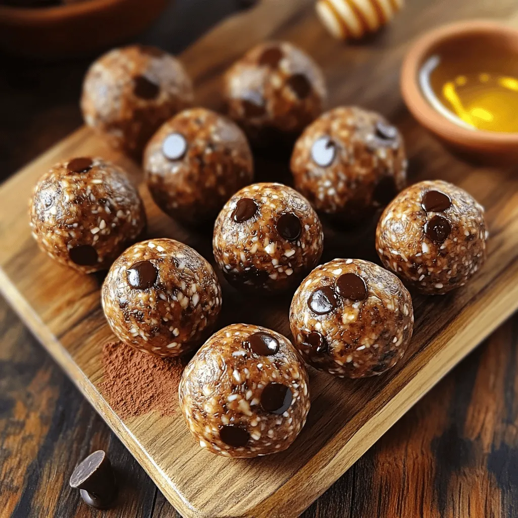 - 1 cup rolled oats - 1/2 cup almond butter or peanut butter - 1/4 cup honey or maple syrup - 1/4 cup cocoa powder - 1 tablespoon instant coffee granules - 1/2 teaspoon vanilla extract - 1/2 cup mini chocolate chips - A pinch of salt Each ingredient plays a key role in making these energy balls both tasty and nutritious. Rolled oats form the base and give texture. Almond butter or peanut butter adds creaminess and protein. Honey or maple syrup provides sweetness and binds everything together. Cocoa powder gives that rich chocolate flavor. Instant coffee granules add a kick of mocha taste. Vanilla extract enhances the overall flavor. Mini chocolate chips bring sweetness and a fun crunch. A pinch of salt balances all the flavors. - Additional nuts or seeds - Flavored protein powder - Dried fruits You can easily customize your energy balls with optional ingredients. Adding nuts or seeds gives extra crunch and nutrition. Flavored protein powder can boost protein levels for a post-workout snack. Dried fruits add sweetness and chewiness, making each bite a treat. Don't be afraid to mix and match based on your taste! - Mixing dry ingredients Start with a large mixing bowl. Add 1 cup of rolled oats, 1/4 cup of cocoa powder, 1 tablespoon of instant coffee granules, and a pinch of salt. Stir well to blend the dry ingredients. This helps each bite pack a flavor punch. - Adding wet ingredients Next, add 1/2 cup of almond butter (or peanut butter) and 1/4 cup of honey (or maple syrup). Drizzle in 1/2 teaspoon of vanilla extract. Mix everything with a spatula or your hands. You want it sticky, so if it's too dry, add a splash of water or more honey. - Forming the dough After mixing, you should have a thick dough. Fold in 1/2 cup of mini chocolate chips. Make sure they are spread throughout the dough for even sweetness. - Size and consistency Take small portions of the dough, about 1 inch in diameter. Roll them into balls using your hands. The size should be uniform for even chilling. - Placement on baking sheet Place the rolled balls on a baking sheet lined with parchment paper. This prevents sticking and makes for easy cleanup. - Refrigeration time Once all the balls are shaped, refrigerate them for at least 30 minutes. This helps them firm up and makes them easier to eat. - Final texture check After chilling, check the texture. They should be firm yet chewy. If they hold their shape, they are ready to enjoy! To make the best mocha chocolate chip energy balls, focus on dough texture. You want a thick, sticky dough that holds together. If it feels too dry, add a splash of water or more honey. Too wet? Sprinkle in more oats until it thickens. This balance helps the balls form well. Next, think about sweetness. Honey gives a rich taste, but maple syrup offers a lighter flavor. Taste the mixture before rolling it into balls. Adjust the sweetness if needed. A little extra honey can go a long way! These energy balls pair well with drinks. Try them with coffee or tea for a quick boost. They also go great with smoothies. Blend a banana and some spinach for a healthy shake. For extra nutrition, add nuts or seeds. A sprinkle of chia seeds or hemp seeds can add protein. You can also enjoy them with yogurt. Just break a ball into your yogurt for a tasty treat! One big mistake is not refrigerating the energy balls long enough. If you skip this step, they may fall apart. Chill them for at least 30 minutes. This helps them firm up nicely. Another mistake is mixing too much or too little. Overmixing can make them tough. Undermixing leaves dry spots. Mix until just combined, and then fold in the chocolate chips gently to keep them soft. {{image_2}} You can change the coffee type in these energy balls. Try espresso for a stronger taste. A light roast gives a milder flavor. You can also add spices like cinnamon or nutmeg. These spices add warmth and depth. Just a pinch goes a long way. If you want a different nut butter, try cashew or sunflower butter. Each nut brings its unique taste. For sweeteners, maple syrup or agave syrup work well too. They add sweetness without being too heavy. For vegan energy balls, use maple syrup and a nut butter. This keeps the recipe plant-based. If you need gluten-free options, use certified gluten-free oats. They make this snack safe for everyone. To keep your mocha chocolate chip energy balls fresh, use an airtight container. This helps maintain their taste and texture. Glass or plastic containers work well. Make sure the lid seals tightly. Store the container in the fridge for best results. This keeps the balls firm and easy to grab. Freezing energy balls is a great way to save them for later. To freeze, first place them in a single layer on a baking sheet. Freeze for about an hour until they are solid. After that, transfer them into a freezer-safe bag or container. This prevents them from sticking together. When you want to eat one, take it out and thaw it in the fridge for a few hours. You can also thaw it at room temperature for about 30 minutes. These energy balls can last in the fridge for about one week. Keep an eye on them for any signs of spoilage. If they smell off or have a strange texture, it’s best to toss them. Always trust your senses when checking for freshness. Enjoy your tasty snack while it’s at its best! Mocha chocolate chip energy balls last about one week in the fridge. Store them in an airtight container to keep them fresh. The cool temperature helps maintain their taste and texture. If you want them to last longer, you can freeze them. They will stay good for up to three months in the freezer. Yes, you can swap cocoa powder for chocolate protein powder. This change will add extra protein to your energy balls. Keep in mind that protein powder can change the taste a bit. You may need to adjust the sweetness as well, depending on the brand you use. Absolutely! Mocha chocolate chip energy balls are great for kids. They are tasty, easy to eat, and packed with good ingredients. Kids love the chocolate flavor, and the energy boost helps them stay active. Just keep an eye on the caffeine from the coffee if your kids are sensitive. Using regular coffee is possible, but it’s not the best choice. Instant coffee dissolves easily and gives a strong flavor. Brewed coffee may make the mixture too wet. If you use brewed coffee, reduce the amount of other wet ingredients to keep the right texture. These energy balls are a healthy snack choice. Each ball has around 100 calories, depending on the exact ingredients you use. They provide: - Good fiber from oats - Healthy fats from almond or peanut butter - Natural sweetness from honey or maple syrup - Antioxidants from cocoa powder This mix makes them a great option for a quick energy boost! In this blog post, you learned how to make mocha chocolate chip energy balls. We covered key ingredients like rolled oats and nut butter, plus tips for perfecting the recipe. Customization options allow you to add your favorite nuts or spices. Storing your energy balls properly keeps them fresh longer. Follow these steps, avoid common mistakes, and enjoy a healthy snack. With these ideas, you can boost your energy while enjoying delicious flavors. Now, go ahead and create your own tasty treats!