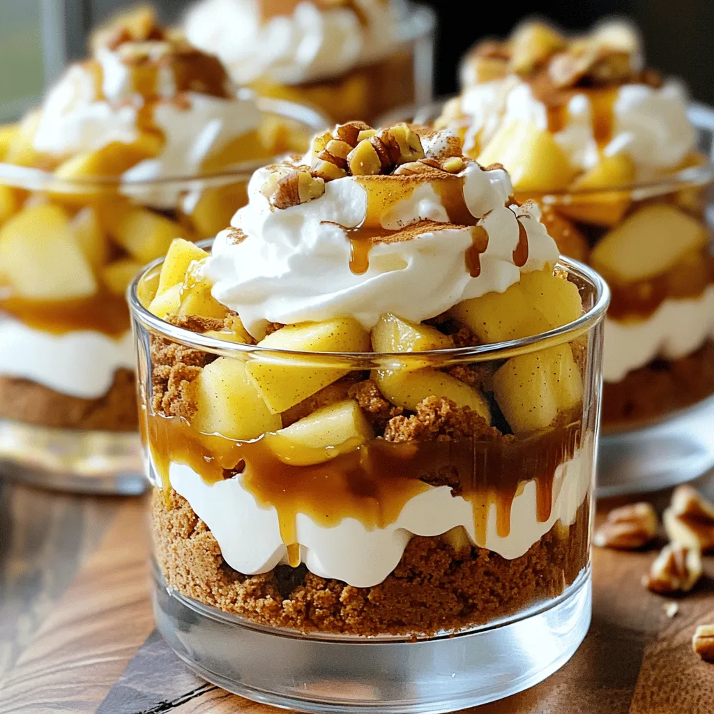 To make the Caramel Apple Gingerbread Trifles, gather these ingredients: - 1 batch of gingerbread cake (store-bought or homemade) - 2 cups apples, peeled, cored, and diced - 1 tablespoon lemon juice - 1 cup caramel sauce (store-bought or homemade) - 1 cup heavy whipping cream - 2 tablespoons powdered sugar - 1 teaspoon vanilla extract - 1 teaspoon ground cinnamon - 1 tablespoon butter - Optional: chopped nuts (like pecans or walnuts) for garnish You can swap some ingredients if needed: - Use apple pie filling instead of fresh apples for a quicker option. - Substitute maple syrup for caramel sauce for a different taste. - Opt for coconut cream in place of heavy cream for a dairy-free option. - Use gluten-free gingerbread mix if you need a gluten-free cake. Add fun touches to your trifles with these garnishes: - Sprinkle chopped nuts on top for crunch. - Drizzle extra caramel sauce for a sweet finish. - Add a dusting of cinnamon for color and flavor. - Top with a thin slice of apple for a pretty look. Start by melting one tablespoon of butter in a medium saucepan over medium heat. Add two cups of diced apples, one tablespoon of lemon juice, and one teaspoon of ground cinnamon. Cook them for about five to seven minutes. The apples should soften but still keep their shape. Once done, take them off the heat and let them cool. This step adds a warm, spiced flavor to your trifles. You can use a store-bought gingerbread cake or make it from scratch. If making your own, bake according to your recipe or package instructions. Once baked, let it cool completely. After cooling, crumble the gingerbread cake into small pieces. This creates a perfect base for the layers in your trifle. In a mixing bowl, combine one cup of heavy whipping cream, two tablespoons of powdered sugar, and one teaspoon of vanilla extract. Use an electric mixer to whip the cream until soft peaks form. Be careful not to overwhip, as this can turn your cream grainy. This fluffy cream will add richness to your dessert. Grab clear dessert cups or bowls for a beautiful display. Start with a layer of crumbled gingerbread cake at the bottom. Next, add a layer of the sautéed apples. Drizzle some caramel sauce over the apples. Repeat this layering until the cups are nearly full. The layers create a stunning visual that makes your trifles inviting. Once assembled, cover the trifles and refrigerate them for at least one hour. This chilling time allows the flavors to meld together nicely. When ready to serve, top each trifle with a generous dollop of whipped cream and drizzle with more caramel sauce. For an extra touch, consider adding chopped nuts like pecans or walnuts on top. This will add crunch and a delightful contrast to the creamy layers. Layering is key to making your trifle look great. Start with crumbled gingerbread cake at the bottom. This gives a solid base. Then, add a layer of sautéed apples. Follow this with a drizzle of caramel sauce. Repeat these layers until you reach the top of your cup. Finish with a generous dollop of whipped cream. This creates a beautiful contrast of colors and textures. Use clear cups to show off those lovely layers. If you have leftover trifles, storing them is simple. Cover each cup with plastic wrap. This keeps them fresh. Place them in the fridge. Enjoy them within two days for the best taste. If the whipped cream starts to separate, give it a quick whip before serving again. For extra flavor, think about adding nuts. Chopped pecans or walnuts bring a nice crunch. You can also sprinkle a bit of extra cinnamon on top. This enhances the warm flavors. If you want to add a bit of zest, try a touch of orange zest. The citrus brightens every bite and pairs well with apples and caramel. {{image_2}} You can swap apples for other fruits in this recipe. Pears work well and add a nice twist. Their sweet taste pairs perfectly with gingerbread. You can also try diced peaches or even berries for a fruity zing. Each fruit brings its own flavor, making your trifle unique. If you need a gluten-free option, use a gluten-free gingerbread mix. Many brands offer tasty blends that work well. You can also mix gluten-free flour with spices to create your gingerbread. Just ensure you follow the same steps for baking and crumbling the cake. It will still taste great! To make dairy-free whipped cream, use coconut cream instead of heavy cream. Chill a can of coconut milk overnight. Scoop out the solid part and whip it with powdered sugar. You can also use almond or oat-based whipped toppings. Both options are delicious and will keep your dessert creamy. After you enjoy your caramel apple gingerbread trifles, you may have some left. Store them in the fridge. Make sure to cover them tightly with plastic wrap or a lid. This keeps the flavors fresh and helps prevent them from drying out. Enjoy them within three days for the best taste. Use clear, airtight containers for your trifles. This way, you can still see those beautiful layers. Glass jars or plastic containers work well. Just ensure they are deep enough to hold the layers without spilling. You can freeze the trifles if you want to save them for later. However, the whipped cream will not freeze well. To freeze, assemble the trifles without the whipped cream. Cover them tightly in plastic wrap or use freezer-safe containers. When you are ready to enjoy, let them thaw in the fridge overnight. Then, top with whipped cream just before serving. You can prepare these trifles up to one day ahead. Just layer all the ingredients, cover them, and place them in the fridge. This gives the flavors time to mix. However, I recommend adding whipped cream just before serving for the best texture. Yes, store-bought gingerbread works great! It saves time and still tastes delicious. Just crumble it into small pieces for layering. If you want a homemade taste, you can bake your own gingerbread, but store-bought is a fantastic option. You can get creative with toppings. Here are some ideas: - Chopped nuts like pecans or walnuts for crunch. - A sprinkle of cinnamon to enhance flavor. - Extra caramel sauce for a sweet touch. - Whipped cream for a rich finish. The best caramel sauce depends on your taste. You can use homemade caramel for a richer flavor. However, a good-quality store-bought caramel sauce is also a quick and tasty option. Just ensure it’s smooth and not too thick for easy drizzling. You learned about the key ingredients for making delicious Caramel Apple Gingerbread Trifles. We explored ingredient swaps, tasty garnishes, and easy step-by-step instructions. I shared tips for layering, storing leftovers, and suggested flavor pairings. You discovered variations, including gluten-free and dairy-free options. We also covered storage info and answered common questions. These trifles are simple yet tasty, perfect for any occasion. Enjoy making them and delight your friends and family!