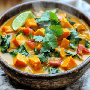 - 2 medium sweet potatoes, peeled and diced - 1 can (14 oz) coconut milk - 1 cup vegetable broth - 1 tablespoon coconut oil - 1 medium onion, diced - 3 cloves garlic, minced - 1 inch ginger, grated Sweet potatoes form the heart of this dish. They add sweetness and creaminess. The coconut milk brings a rich, tropical flavor. The vegetable broth adds depth and helps the curry come together. Aromatics like onion, garlic, and ginger wake up the dish, giving it a strong base. - 1 tablespoon curry powder - 1 teaspoon ground cumin - 1 teaspoon ground coriander - Salt and pepper to taste Spices are key to flavor. The curry powder gives warmth and depth. Ground cumin adds a nutty note. Ground coriander offers a light, citrus touch. Salt and pepper balance the flavors, letting each ingredient shine. - Fresh cilantro - Lime wedges Fresh cilantro adds a burst of color and flavor. It brightens the curry and gives it a fresh taste. Lime wedges add a zesty kick when squeezed over the dish. These garnishes elevate the meal, making it look and taste special. - Dicing Sweet Potatoes and Vegetables Start by peeling and dicing your sweet potatoes. Aim for small, even pieces. This helps them cook faster. Next, chop the red bell pepper and onion into similar sizes. These veggies add color and taste. - Measuring Out Liquid Ingredients Grab your measuring cups. Pour one cup of vegetable broth and open a can of coconut milk. The coconut milk gives the curry a creamy texture. Set these aside for later. - Sautéing Onions, Garlic, and Ginger In a large pot, heat one tablespoon of coconut oil over medium heat. Add the diced onion, stirring for about five minutes. Wait until the onion turns soft and translucent. Then, mix in three cloves of minced garlic and one inch of grated ginger. Cook for one to two minutes until you smell the aroma. - Adding Spices and Vegetables Sprinkle in one tablespoon of curry powder, one teaspoon of ground cumin, and one teaspoon of ground coriander. Stir well for one minute to blend the spices with the onions. Now, add the diced sweet potatoes and red bell pepper, mixing everything together evenly. - Combining All Ingredients Pour in the vegetable broth and coconut milk, making sure all the ingredients are submerged. Bring this mixture to a boil. Once it bubbles, reduce the heat to low. Cover the pot and let it simmer for about 20 to 25 minutes. Check if the sweet potatoes are tender. - Stirring in Spinach and Chickpeas After the sweet potatoes are soft, add one cup of chickpeas and two cups of fresh spinach. Stir gently and let the spinach wilt down, which will take about three to five minutes. Taste the curry and add salt and pepper as needed. Enjoy the rich flavors! How to Achieve Perfectly Tender Sweet Potatoes To get sweet potatoes just right, peel and dice them into small pieces. This helps them cook evenly. When you add them to the pot, keep the heat low after boiling. Let them simmer for about 20-25 minutes. Test them with a fork. They should be soft, not mushy. Adjusting Spice Levels for Personal Preference If you like it mild, use less curry powder or cumin. You can always add more spices later. For a spicier kick, toss in some chili flakes or fresh chili. Taste as you go. You can control the heat to suit your taste. Pairing with Rice, Quinoa, or Naan This curry shines when served with a side of rice or quinoa. Both soak up the sauce well. Naan also pairs great; you can use it to scoop up the curry. Each choice adds a nice texture to your meal. Best Practices for Presentation For a beautiful plate, add a scoop of curry in the center. Sprinkle fresh cilantro on top for color. Add lime wedges on the side for a splash of brightness. This makes the dish pop and look inviting. Adding Other Vegetables (e.g., Carrots, Peas) You can mix in other veggies like carrots or peas. They add color and extra nutrients. Just chop them small and add them in the last 10 minutes of cooking. This keeps them tender but not mushy. Making it Extra Creamy with Additional Coconut Milk If you love creamy texture, pour in more coconut milk. This makes the curry richer and smoother. Start with half a cup and stir it in. Taste to see if you want more. This small change can elevate the dish wonderfully. {{image_2}} To add some heat, you can include chili peppers or hot sauce. Choose your favorite type of chili, like jalapeño or serrano. Dice the peppers and add them when you sauté the onions. For hot sauce, drizzle it in during the cooking phase. This will give your curry a nice kick! Adjust the amount based on your spice tolerance. I love a good kick, but you can always start small and taste as you go. If you want a creamy tomato version, try incorporating tomato paste or puree. Add about a tablespoon of tomato paste when you mix in the spices. This will deepen the flavor and add richness. If you prefer a lighter version, you can use tomato puree instead. Both options work well and balance the sweetness of the potatoes. I find that this version is great for dipping naan! For a protein boost, you can substitute chickpeas with lentils or tofu. Cooked lentils blend well with the sweet potatoes. They add texture and protein without changing the taste much. If you prefer tofu, cube it and add it around the same time as the chickpeas. Make sure to use firm tofu, so it holds its shape. This way, you get a hearty meal that fills you up! To keep your vegan sweet potato curry fresh, use airtight containers. Cool the curry completely before sealing it. Store it in the fridge for up to five days. This way, you can enjoy it later without losing taste. You can freeze this curry for longer storage. First, let it cool completely. Then, pour it into freezer-safe bags or containers. Remove as much air as you can to prevent freezer burn. It will stay fresh for about three months. To reheat, thaw it in the fridge overnight. Heat it in a pot over low heat until warm. In the fridge, the curry lasts about five days. If you freeze it, it can last up to three months. Always check for off smells or changes in texture before eating. This ensures you enjoy every bite safely. Yes, you can make this curry ahead of time. It tastes even better after resting. Just cook it and let it cool. Transfer it to an airtight container. Store it in the fridge for up to four days. When you're ready, reheat it on the stove over medium heat. Add a splash of water if it looks thick. This keeps the curry creamy and tasty. If you don't have coconut milk, several options work well. Almond milk or oat milk can give a nice flavor. For a creamier texture, try cashew cream. You can also use soy milk with a bit of coconut extract. This way, you keep some coconut flavor while adjusting the liquid. Yes, this recipe is gluten-free. All the ingredients are naturally free of gluten. Sweet potatoes, chickpeas, and spices do not contain gluten. Just be sure to check your broth label. Some brands may add gluten ingredients. This ensures a safe dish for anyone avoiding gluten. This blog post covered all you need to make a tasty vegan sweet potato curry. We discussed essential ingredients like sweet potatoes, aromatics, and spices. I shared tips for cooking and serving, as well as ways to add your own twist. I hope you feel ready to create this dish. Try these ideas, and make it your own! Enjoy the rich flavors and nutrients in each bite. Your homemade curry will impress friends and family. Don't forget to store leftovers for later!