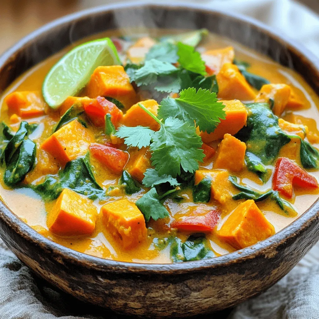 - 2 medium sweet potatoes, peeled and diced - 1 can (14 oz) coconut milk - 1 cup vegetable broth - 1 tablespoon coconut oil - 1 medium onion, diced - 3 cloves garlic, minced - 1 inch ginger, grated Sweet potatoes form the heart of this dish. They add sweetness and creaminess. The coconut milk brings a rich, tropical flavor. The vegetable broth adds depth and helps the curry come together. Aromatics like onion, garlic, and ginger wake up the dish, giving it a strong base. - 1 tablespoon curry powder - 1 teaspoon ground cumin - 1 teaspoon ground coriander - Salt and pepper to taste Spices are key to flavor. The curry powder gives warmth and depth. Ground cumin adds a nutty note. Ground coriander offers a light, citrus touch. Salt and pepper balance the flavors, letting each ingredient shine. - Fresh cilantro - Lime wedges Fresh cilantro adds a burst of color and flavor. It brightens the curry and gives it a fresh taste. Lime wedges add a zesty kick when squeezed over the dish. These garnishes elevate the meal, making it look and taste special. - Dicing Sweet Potatoes and Vegetables Start by peeling and dicing your sweet potatoes. Aim for small, even pieces. This helps them cook faster. Next, chop the red bell pepper and onion into similar sizes. These veggies add color and taste. - Measuring Out Liquid Ingredients Grab your measuring cups. Pour one cup of vegetable broth and open a can of coconut milk. The coconut milk gives the curry a creamy texture. Set these aside for later. - Sautéing Onions, Garlic, and Ginger In a large pot, heat one tablespoon of coconut oil over medium heat. Add the diced onion, stirring for about five minutes. Wait until the onion turns soft and translucent. Then, mix in three cloves of minced garlic and one inch of grated ginger. Cook for one to two minutes until you smell the aroma. - Adding Spices and Vegetables Sprinkle in one tablespoon of curry powder, one teaspoon of ground cumin, and one teaspoon of ground coriander. Stir well for one minute to blend the spices with the onions. Now, add the diced sweet potatoes and red bell pepper, mixing everything together evenly. - Combining All Ingredients Pour in the vegetable broth and coconut milk, making sure all the ingredients are submerged. Bring this mixture to a boil. Once it bubbles, reduce the heat to low. Cover the pot and let it simmer for about 20 to 25 minutes. Check if the sweet potatoes are tender. - Stirring in Spinach and Chickpeas After the sweet potatoes are soft, add one cup of chickpeas and two cups of fresh spinach. Stir gently and let the spinach wilt down, which will take about three to five minutes. Taste the curry and add salt and pepper as needed. Enjoy the rich flavors! How to Achieve Perfectly Tender Sweet Potatoes To get sweet potatoes just right, peel and dice them into small pieces. This helps them cook evenly. When you add them to the pot, keep the heat low after boiling. Let them simmer for about 20-25 minutes. Test them with a fork. They should be soft, not mushy. Adjusting Spice Levels for Personal Preference If you like it mild, use less curry powder or cumin. You can always add more spices later. For a spicier kick, toss in some chili flakes or fresh chili. Taste as you go. You can control the heat to suit your taste. Pairing with Rice, Quinoa, or Naan This curry shines when served with a side of rice or quinoa. Both soak up the sauce well. Naan also pairs great; you can use it to scoop up the curry. Each choice adds a nice texture to your meal. Best Practices for Presentation For a beautiful plate, add a scoop of curry in the center. Sprinkle fresh cilantro on top for color. Add lime wedges on the side for a splash of brightness. This makes the dish pop and look inviting. Adding Other Vegetables (e.g., Carrots, Peas) You can mix in other veggies like carrots or peas. They add color and extra nutrients. Just chop them small and add them in the last 10 minutes of cooking. This keeps them tender but not mushy. Making it Extra Creamy with Additional Coconut Milk If you love creamy texture, pour in more coconut milk. This makes the curry richer and smoother. Start with half a cup and stir it in. Taste to see if you want more. This small change can elevate the dish wonderfully. {{image_2}} To add some heat, you can include chili peppers or hot sauce. Choose your favorite type of chili, like jalapeño or serrano. Dice the peppers and add them when you sauté the onions. For hot sauce, drizzle it in during the cooking phase. This will give your curry a nice kick! Adjust the amount based on your spice tolerance. I love a good kick, but you can always start small and taste as you go. If you want a creamy tomato version, try incorporating tomato paste or puree. Add about a tablespoon of tomato paste when you mix in the spices. This will deepen the flavor and add richness. If you prefer a lighter version, you can use tomato puree instead. Both options work well and balance the sweetness of the potatoes. I find that this version is great for dipping naan! For a protein boost, you can substitute chickpeas with lentils or tofu. Cooked lentils blend well with the sweet potatoes. They add texture and protein without changing the taste much. If you prefer tofu, cube it and add it around the same time as the chickpeas. Make sure to use firm tofu, so it holds its shape. This way, you get a hearty meal that fills you up! To keep your vegan sweet potato curry fresh, use airtight containers. Cool the curry completely before sealing it. Store it in the fridge for up to five days. This way, you can enjoy it later without losing taste. You can freeze this curry for longer storage. First, let it cool completely. Then, pour it into freezer-safe bags or containers. Remove as much air as you can to prevent freezer burn. It will stay fresh for about three months. To reheat, thaw it in the fridge overnight. Heat it in a pot over low heat until warm. In the fridge, the curry lasts about five days. If you freeze it, it can last up to three months. Always check for off smells or changes in texture before eating. This ensures you enjoy every bite safely. Yes, you can make this curry ahead of time. It tastes even better after resting. Just cook it and let it cool. Transfer it to an airtight container. Store it in the fridge for up to four days. When you're ready, reheat it on the stove over medium heat. Add a splash of water if it looks thick. This keeps the curry creamy and tasty. If you don't have coconut milk, several options work well. Almond milk or oat milk can give a nice flavor. For a creamier texture, try cashew cream. You can also use soy milk with a bit of coconut extract. This way, you keep some coconut flavor while adjusting the liquid. Yes, this recipe is gluten-free. All the ingredients are naturally free of gluten. Sweet potatoes, chickpeas, and spices do not contain gluten. Just be sure to check your broth label. Some brands may add gluten ingredients. This ensures a safe dish for anyone avoiding gluten. This blog post covered all you need to make a tasty vegan sweet potato curry. We discussed essential ingredients like sweet potatoes, aromatics, and spices. I shared tips for cooking and serving, as well as ways to add your own twist. I hope you feel ready to create this dish. Try these ideas, and make it your own! Enjoy the rich flavors and nutrients in each bite. Your homemade curry will impress friends and family. Don't forget to store leftovers for later!