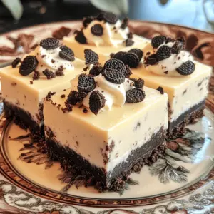 - 24 Oreo cookies (for the crust) - 4 tablespoons unsalted butter (melted) - 16 oz cream cheese (softened) - 1 cup powdered sugar - 1 teaspoon vanilla extract - 1 cup heavy whipping cream - 12 Oreo cookies (chopped for filling) - Extra Oreo cookies (for topping) To make these no-bake Oreo cheesecake bars, you need simple ingredients. You start with 24 Oreo cookies to create a tasty crust. Crush them well and mix them with melted butter. This mixture forms a solid base. Next, you need 16 oz of cream cheese. Make sure it is softened. This helps create a smooth filling. Add 1 cup of powdered sugar to sweeten it up. A teaspoon of vanilla extract brings in extra flavor. For a light and fluffy texture, use 1 cup of heavy whipping cream. Whip it until stiff peaks form. Don’t forget 12 chopped Oreo cookies to mix into the filling. They add great texture and extra yumminess. Finally, keep some extra Oreo cookies aside for a delicious topping. - Mini Oreo cookies - Chocolate shavings - Whipped cream If you want to make your bars even more special, consider these optional garnishes. Mini Oreo cookies are fun and cute. Chocolate shavings add a nice touch. A dollop of whipped cream can make each piece feel fancy. To start, grab a medium bowl. Mix 24 crushed Oreo cookies with 4 tablespoons of melted butter. Stir well until the mix looks like wet sand. Next, take a 9x9 inch baking dish. Press the cookie mixture firmly into the bottom. Make sure it covers the whole bottom evenly. Now, set the dish in the fridge. Let it chill while you prepare the filling. For the filling, use a large mixing bowl. Beat 16 oz of softened cream cheese with 1 cup of powdered sugar and 1 teaspoon of vanilla extract. Use a hand mixer for this task. Mix until the filling is smooth and fluffy. You want a creamy texture with no lumps. This step is key for a perfect cheesecake. In another bowl, whip 1 cup of heavy whipping cream. Use a handheld mixer to whip it until stiff peaks form. This means the cream holds its shape well. Next, gently fold the whipped cream into the cream cheese mixture. Be careful not to deflate the whipped cream. You want it light and airy. After mixing, add 12 chopped Oreo cookies. Fold them in gently. Now, pour the cheesecake filling over your prepared crust. Use a spatula to spread it evenly. Make sure it reaches all corners. Cover the baking dish with plastic wrap. Place it in the fridge for at least 4 hours. This time allows the bars to set completely. When ready, lift them out or cut directly in the dish. Top with extra crushed Oreo cookies for a delightful finish. To get that creamy texture, start with softened cream cheese. Cold cream cheese clumps up and makes mixing hard. Leave it out for about 30 minutes before using. This makes it easy to blend with the sugar and vanilla. When you whip the cream, aim for stiff peaks. This means the cream holds its shape well. Then, gently fold the whipped cream into the cream cheese mix. Use a spatula and be careful not to deflate it. This keeps your cheesecake light and airy. Cutting the bars neatly helps with serving. Use a sharp knife and wipe it clean between cuts. This keeps each piece looking great. For a fancy touch, you can garnish. Top each bar with mini Oreo cookies or chocolate shavings. These little details make a big difference in how they look. One big mistake is over-mixing the filling. If you mix too long, the cheesecake can become dense. Mix just until smooth. Also, don't skip the chilling time. If the bars don't chill long enough, they won’t set. Aim for at least four hours in the fridge. This helps them hold their shape when you cut them. {{image_2}} When it comes to making No-Bake Oreo Cheesecake Bars, the fun doesn’t stop at the basic recipe. You can easily create different flavors and styles to impress your friends and family. Here are some tasty variations you can try. - Adding mint extract: For a refreshing twist, add a few drops of mint extract. This gives your bars a mint chocolate flavor that is perfect for cool weather. - Incorporating flavor extracts: Try using almond or hazelnut extract in place of vanilla. This adds a nutty depth that pairs well with the rich cream cheese. - Using gluten-free Oreos: If you need a gluten-free option, use gluten-free Oreos. They taste just as good and let everyone enjoy your treat. - Substituting cream cheese with mascarpone: For a creamier texture, swap cream cheese for mascarpone. This gives the bars a rich, luxurious feel. - Pairing with fruit sauces: Drizzle fruit sauces like raspberry or strawberry on top. This adds a vibrant color and fresh taste to your bars. - Serving alongside coffee or dessert wine: These bars pair wonderfully with a cup of coffee or a glass of dessert wine. It makes for a perfect end to a meal. To keep your no-bake Oreo cheesecake bars fresh, store them in the fridge. First, cut them into squares. Then, use plastic wrap to cover the bars. This helps keep them moist. You can also use an airtight container. An airtight container provides better protection against odors. If you want to save some for later, freezing is easy. First, cut the bars into squares. Then, wrap each square tightly in plastic wrap. Place the wrapped bars in a freezer bag. Make sure to squeeze out as much air as possible. To enjoy again, take them out of the freezer. Thaw them in the fridge for a few hours or overnight. These cheesecake bars last about 5 days in the fridge. Keep an eye out for any changes. If you see mold or an off smell, it’s time to toss them. Proper storage helps maintain their delicious taste and texture. Yes, you can use light cream cheese. However, it will change the taste and texture. Light cream cheese has less fat, so it may not be as rich. The bars might be softer and less creamy. If you prefer a lighter option, go ahead, but know the difference! The cheesecake bars are set when they feel firm to the touch. Press lightly in the center. If it springs back, they are ready. You can also check the edges; they should not jiggle much. Chill them for at least four hours to get the right consistency. Yes, you can make these cheesecake bars a day in advance. They taste even better after chilling overnight. Just keep them covered in the fridge. This way, you save time on the day you want to serve them. Enjoy the ease of having a sweet treat ready! This blog post covered making delicious Oreo cheesecake bars. We explored the main ingredients, like Oreo cookies and cream cheese, and gave step-by-step instructions. I shared tips for texture, presentation, and common mistakes to avoid. We also discussed fun flavor variations and how to store these treats. In summary, this dessert is easy to make and customizable. Enjoy every bite and share with friends! Happy baking!