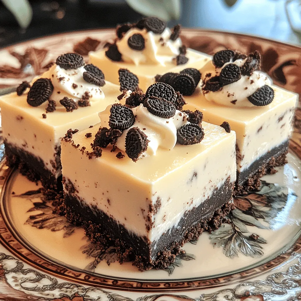 - 24 Oreo cookies (for the crust) - 4 tablespoons unsalted butter (melted) - 16 oz cream cheese (softened) - 1 cup powdered sugar - 1 teaspoon vanilla extract - 1 cup heavy whipping cream - 12 Oreo cookies (chopped for filling) - Extra Oreo cookies (for topping) To make these no-bake Oreo cheesecake bars, you need simple ingredients. You start with 24 Oreo cookies to create a tasty crust. Crush them well and mix them with melted butter. This mixture forms a solid base. Next, you need 16 oz of cream cheese. Make sure it is softened. This helps create a smooth filling. Add 1 cup of powdered sugar to sweeten it up. A teaspoon of vanilla extract brings in extra flavor. For a light and fluffy texture, use 1 cup of heavy whipping cream. Whip it until stiff peaks form. Don’t forget 12 chopped Oreo cookies to mix into the filling. They add great texture and extra yumminess. Finally, keep some extra Oreo cookies aside for a delicious topping. - Mini Oreo cookies - Chocolate shavings - Whipped cream If you want to make your bars even more special, consider these optional garnishes. Mini Oreo cookies are fun and cute. Chocolate shavings add a nice touch. A dollop of whipped cream can make each piece feel fancy. To start, grab a medium bowl. Mix 24 crushed Oreo cookies with 4 tablespoons of melted butter. Stir well until the mix looks like wet sand. Next, take a 9x9 inch baking dish. Press the cookie mixture firmly into the bottom. Make sure it covers the whole bottom evenly. Now, set the dish in the fridge. Let it chill while you prepare the filling. For the filling, use a large mixing bowl. Beat 16 oz of softened cream cheese with 1 cup of powdered sugar and 1 teaspoon of vanilla extract. Use a hand mixer for this task. Mix until the filling is smooth and fluffy. You want a creamy texture with no lumps. This step is key for a perfect cheesecake. In another bowl, whip 1 cup of heavy whipping cream. Use a handheld mixer to whip it until stiff peaks form. This means the cream holds its shape well. Next, gently fold the whipped cream into the cream cheese mixture. Be careful not to deflate the whipped cream. You want it light and airy. After mixing, add 12 chopped Oreo cookies. Fold them in gently. Now, pour the cheesecake filling over your prepared crust. Use a spatula to spread it evenly. Make sure it reaches all corners. Cover the baking dish with plastic wrap. Place it in the fridge for at least 4 hours. This time allows the bars to set completely. When ready, lift them out or cut directly in the dish. Top with extra crushed Oreo cookies for a delightful finish. To get that creamy texture, start with softened cream cheese. Cold cream cheese clumps up and makes mixing hard. Leave it out for about 30 minutes before using. This makes it easy to blend with the sugar and vanilla. When you whip the cream, aim for stiff peaks. This means the cream holds its shape well. Then, gently fold the whipped cream into the cream cheese mix. Use a spatula and be careful not to deflate it. This keeps your cheesecake light and airy. Cutting the bars neatly helps with serving. Use a sharp knife and wipe it clean between cuts. This keeps each piece looking great. For a fancy touch, you can garnish. Top each bar with mini Oreo cookies or chocolate shavings. These little details make a big difference in how they look. One big mistake is over-mixing the filling. If you mix too long, the cheesecake can become dense. Mix just until smooth. Also, don't skip the chilling time. If the bars don't chill long enough, they won’t set. Aim for at least four hours in the fridge. This helps them hold their shape when you cut them. {{image_2}} When it comes to making No-Bake Oreo Cheesecake Bars, the fun doesn’t stop at the basic recipe. You can easily create different flavors and styles to impress your friends and family. Here are some tasty variations you can try. - Adding mint extract: For a refreshing twist, add a few drops of mint extract. This gives your bars a mint chocolate flavor that is perfect for cool weather. - Incorporating flavor extracts: Try using almond or hazelnut extract in place of vanilla. This adds a nutty depth that pairs well with the rich cream cheese. - Using gluten-free Oreos: If you need a gluten-free option, use gluten-free Oreos. They taste just as good and let everyone enjoy your treat. - Substituting cream cheese with mascarpone: For a creamier texture, swap cream cheese for mascarpone. This gives the bars a rich, luxurious feel. - Pairing with fruit sauces: Drizzle fruit sauces like raspberry or strawberry on top. This adds a vibrant color and fresh taste to your bars. - Serving alongside coffee or dessert wine: These bars pair wonderfully with a cup of coffee or a glass of dessert wine. It makes for a perfect end to a meal. To keep your no-bake Oreo cheesecake bars fresh, store them in the fridge. First, cut them into squares. Then, use plastic wrap to cover the bars. This helps keep them moist. You can also use an airtight container. An airtight container provides better protection against odors. If you want to save some for later, freezing is easy. First, cut the bars into squares. Then, wrap each square tightly in plastic wrap. Place the wrapped bars in a freezer bag. Make sure to squeeze out as much air as possible. To enjoy again, take them out of the freezer. Thaw them in the fridge for a few hours or overnight. These cheesecake bars last about 5 days in the fridge. Keep an eye out for any changes. If you see mold or an off smell, it’s time to toss them. Proper storage helps maintain their delicious taste and texture. Yes, you can use light cream cheese. However, it will change the taste and texture. Light cream cheese has less fat, so it may not be as rich. The bars might be softer and less creamy. If you prefer a lighter option, go ahead, but know the difference! The cheesecake bars are set when they feel firm to the touch. Press lightly in the center. If it springs back, they are ready. You can also check the edges; they should not jiggle much. Chill them for at least four hours to get the right consistency. Yes, you can make these cheesecake bars a day in advance. They taste even better after chilling overnight. Just keep them covered in the fridge. This way, you save time on the day you want to serve them. Enjoy the ease of having a sweet treat ready! This blog post covered making delicious Oreo cheesecake bars. We explored the main ingredients, like Oreo cookies and cream cheese, and gave step-by-step instructions. I shared tips for texture, presentation, and common mistakes to avoid. We also discussed fun flavor variations and how to store these treats. In summary, this dessert is easy to make and customizable. Enjoy every bite and share with friends! Happy baking!