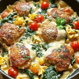 - 4 boneless, skinless chicken thighs - 1 cup heavy cream - 8 ounces pasta of your choice - Salt and pepper to taste - 1 teaspoon paprika - 1 teaspoon Italian seasoning - 1 cup fresh spinach leaves - 1 cup cherry tomatoes, halved - ½ cup grated Parmesan cheese For this delightful dish, you will need some key ingredients. First, choose 4 boneless, skinless chicken thighs. They stay moist and tasty. Next, grab 1 cup of heavy cream. This makes the sauce rich and creamy. You also need 8 ounces of pasta. Farfalle or penne will work well. For seasoning, use salt and pepper to taste. Add 1 teaspoon of paprika. This adds a slight smoky flavor. Don’t forget 1 teaspoon of Italian seasoning, a mix of herbs that gives depth. Now for the veggies! Use 1 cup of fresh spinach leaves. They add color and nutrients. You also need 1 cup of cherry tomatoes, halved. They bring sweetness and a pop of color. Lastly, sprinkle ½ cup of grated Parmesan cheese on top. It melts beautifully and adds a savory touch. With these ingredients, you are ready to create a comforting and tasty meal that everyone will love. - First, season the chicken thighs with salt, pepper, and paprika. - Heat olive oil in a large pot over medium heat. - Once the oil is hot, add the chicken thighs. - Sear them for about 5-6 minutes on each side. - The chicken should be golden brown when done. - Remove the cooked chicken from the pot and set aside. - In the same pot, add minced garlic and sauté for about 30 seconds. - You want the garlic to be fragrant but not burned. - Next, add the halved cherry tomatoes and cook for 2 minutes. - The tomatoes should begin to burst and release their juices. - After that, stir in the fresh spinach and cook until wilted, about 1 minute. - Pour in the heavy cream and chicken broth, mixing well. - Reduce the heat to low for a gentle simmer. - Add the Italian seasoning and grated Parmesan cheese. - Stir until the cheese melts and the sauce thickens slightly. - Now, add the uncooked pasta and the seared chicken back to the pot. - Make sure the pasta is well coated in the creamy sauce. - Cover the pot and let it simmer on low heat. - Cook for about 15-20 minutes, stirring occasionally. - Check that the pasta is tender and the chicken is cooked to 165°F (75°C). To make the sauce shine, taste as you go. Start with salt and pepper. Add more to fit your style. A pinch of paprika adds a nice touch. Adjust the Italian seasoning for depth. Aim for a rich, smooth sauce. If it feels too thick, add a splash of chicken broth. If it's thin, let it cook a bit longer. Stir often to keep it from sticking. Keep your chicken juicy by not overcooking. Sear the thighs until golden, about 5-6 minutes each side. Use a meat thermometer to check for doneness. Aim for 165°F (75°C). Let the chicken rest for a few minutes before slicing. This step helps keep the juices inside. To avoid mushy pasta, use the right timing. Cook the pasta just until al dente, which means firm to the bite. Stir the pasta often while cooking. Farfalle or penne works best in this dish. These shapes hold the sauce well. If you want a different texture, try whole wheat or gluten-free options. {{image_2}} You can change the protein in this dish for fun. Shrimp is a great option if you want seafood. Just sauté it until it turns pink before adding to the pot. Turkey is another tasty choice. It will give the dish a different flavor while keeping it light. If you prefer a plant-based meal, try chickpeas or tofu. Both work well and soak up the creamy sauce. Adding extra vegetables can boost nutrients and flavor. Bell peppers add crunch and sweetness. Just chop them and sauté with garlic. Zucchini is another great option. Slice it thin and toss it in with the spinach. You can also use seasonal veggies like asparagus or mushrooms. They will add freshness to your dish and give it a new twist. For a new taste, try different types of cheese. Mozzarella gives a nice stretch, while feta adds a salty kick. You can also swap the heavy cream for Greek yogurt or coconut milk. Both will lighten the dish but still keep it creamy. Adjust the seasonings to suit your taste. A pinch of red pepper flakes can add some heat, while fresh herbs can brighten the flavor. To keep One Pot Creamy Tuscan Chicken fresh, let it cool first. Place it in an airtight container. This dish stays well in the fridge for up to three days. Choose glass or plastic containers that seal tightly. They help prevent spills and keep the flavors intact. When reheating, keep the creaminess. Use the stovetop for the best results. Place the leftovers in a pan over low heat. Stir often to prevent sticking. If you use a microwave, cover the dish with a lid or microwave-safe wrap. Heat in short bursts, stirring in between. This method helps keep the sauce creamy and delicious. If you want to save some for later, freeze it. Portion the dish into freezer-safe containers. Make sure to leave some space for expansion. This meal can last up to three months in the freezer. When you are ready to eat it, thaw it overnight in the fridge. Then, reheat it on the stovetop for the best taste and texture. You can use coconut cream instead of heavy cream. It adds creaminess without dairy. Nutritional yeast works well for a cheesy flavor. You can also try cashew cream for a richer taste. These options keep the dish creamy and delicious while making it dairy-free. Yes, you can use many types of pasta. Gluten-free options like brown rice pasta work well. Whole grain pasta is a great option for added fiber. You can choose shapes like penne or farfalle. Each will absorb the creamy sauce and taste amazing. The dish lasts about three to four days in the fridge. Store it in an airtight container for best results. Make sure it cools down before putting it in the fridge. This helps keep the flavors fresh and the texture nice. Several sides go well with this dish. A simple green salad with lemon dressing is refreshing. Garlic bread is a great choice for dipping. You can also serve it with roasted vegetables for added nutrition. All these sides complement the rich, creamy flavors. In this blog post, we explored a delicious One Pot Creamy Tuscan Chicken recipe. We covered all the key ingredients and provided easy steps for cooking. You learned tips to perfect the sauce and keep the chicken tender. Plus, we discussed variations and how to store leftovers. Remember, cooking can be fun and rewarding. Experiment with flavors and ingredients to make this dish your own. Enjoy your cooking journey and the tasty meals you create!