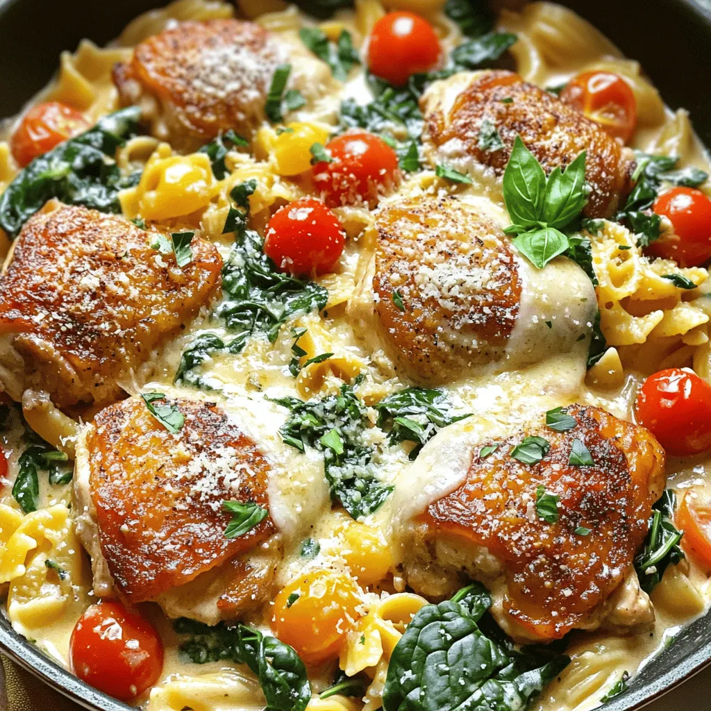 - 4 boneless, skinless chicken thighs - 1 cup heavy cream - 8 ounces pasta of your choice - Salt and pepper to taste - 1 teaspoon paprika - 1 teaspoon Italian seasoning - 1 cup fresh spinach leaves - 1 cup cherry tomatoes, halved - ½ cup grated Parmesan cheese For this delightful dish, you will need some key ingredients. First, choose 4 boneless, skinless chicken thighs. They stay moist and tasty. Next, grab 1 cup of heavy cream. This makes the sauce rich and creamy. You also need 8 ounces of pasta. Farfalle or penne will work well. For seasoning, use salt and pepper to taste. Add 1 teaspoon of paprika. This adds a slight smoky flavor. Don’t forget 1 teaspoon of Italian seasoning, a mix of herbs that gives depth. Now for the veggies! Use 1 cup of fresh spinach leaves. They add color and nutrients. You also need 1 cup of cherry tomatoes, halved. They bring sweetness and a pop of color. Lastly, sprinkle ½ cup of grated Parmesan cheese on top. It melts beautifully and adds a savory touch. With these ingredients, you are ready to create a comforting and tasty meal that everyone will love. - First, season the chicken thighs with salt, pepper, and paprika. - Heat olive oil in a large pot over medium heat. - Once the oil is hot, add the chicken thighs. - Sear them for about 5-6 minutes on each side. - The chicken should be golden brown when done. - Remove the cooked chicken from the pot and set aside. - In the same pot, add minced garlic and sauté for about 30 seconds. - You want the garlic to be fragrant but not burned. - Next, add the halved cherry tomatoes and cook for 2 minutes. - The tomatoes should begin to burst and release their juices. - After that, stir in the fresh spinach and cook until wilted, about 1 minute. - Pour in the heavy cream and chicken broth, mixing well. - Reduce the heat to low for a gentle simmer. - Add the Italian seasoning and grated Parmesan cheese. - Stir until the cheese melts and the sauce thickens slightly. - Now, add the uncooked pasta and the seared chicken back to the pot. - Make sure the pasta is well coated in the creamy sauce. - Cover the pot and let it simmer on low heat. - Cook for about 15-20 minutes, stirring occasionally. - Check that the pasta is tender and the chicken is cooked to 165°F (75°C). To make the sauce shine, taste as you go. Start with salt and pepper. Add more to fit your style. A pinch of paprika adds a nice touch. Adjust the Italian seasoning for depth. Aim for a rich, smooth sauce. If it feels too thick, add a splash of chicken broth. If it's thin, let it cook a bit longer. Stir often to keep it from sticking. Keep your chicken juicy by not overcooking. Sear the thighs until golden, about 5-6 minutes each side. Use a meat thermometer to check for doneness. Aim for 165°F (75°C). Let the chicken rest for a few minutes before slicing. This step helps keep the juices inside. To avoid mushy pasta, use the right timing. Cook the pasta just until al dente, which means firm to the bite. Stir the pasta often while cooking. Farfalle or penne works best in this dish. These shapes hold the sauce well. If you want a different texture, try whole wheat or gluten-free options. {{image_2}} You can change the protein in this dish for fun. Shrimp is a great option if you want seafood. Just sauté it until it turns pink before adding to the pot. Turkey is another tasty choice. It will give the dish a different flavor while keeping it light. If you prefer a plant-based meal, try chickpeas or tofu. Both work well and soak up the creamy sauce. Adding extra vegetables can boost nutrients and flavor. Bell peppers add crunch and sweetness. Just chop them and sauté with garlic. Zucchini is another great option. Slice it thin and toss it in with the spinach. You can also use seasonal veggies like asparagus or mushrooms. They will add freshness to your dish and give it a new twist. For a new taste, try different types of cheese. Mozzarella gives a nice stretch, while feta adds a salty kick. You can also swap the heavy cream for Greek yogurt or coconut milk. Both will lighten the dish but still keep it creamy. Adjust the seasonings to suit your taste. A pinch of red pepper flakes can add some heat, while fresh herbs can brighten the flavor. To keep One Pot Creamy Tuscan Chicken fresh, let it cool first. Place it in an airtight container. This dish stays well in the fridge for up to three days. Choose glass or plastic containers that seal tightly. They help prevent spills and keep the flavors intact. When reheating, keep the creaminess. Use the stovetop for the best results. Place the leftovers in a pan over low heat. Stir often to prevent sticking. If you use a microwave, cover the dish with a lid or microwave-safe wrap. Heat in short bursts, stirring in between. This method helps keep the sauce creamy and delicious. If you want to save some for later, freeze it. Portion the dish into freezer-safe containers. Make sure to leave some space for expansion. This meal can last up to three months in the freezer. When you are ready to eat it, thaw it overnight in the fridge. Then, reheat it on the stovetop for the best taste and texture. You can use coconut cream instead of heavy cream. It adds creaminess without dairy. Nutritional yeast works well for a cheesy flavor. You can also try cashew cream for a richer taste. These options keep the dish creamy and delicious while making it dairy-free. Yes, you can use many types of pasta. Gluten-free options like brown rice pasta work well. Whole grain pasta is a great option for added fiber. You can choose shapes like penne or farfalle. Each will absorb the creamy sauce and taste amazing. The dish lasts about three to four days in the fridge. Store it in an airtight container for best results. Make sure it cools down before putting it in the fridge. This helps keep the flavors fresh and the texture nice. Several sides go well with this dish. A simple green salad with lemon dressing is refreshing. Garlic bread is a great choice for dipping. You can also serve it with roasted vegetables for added nutrition. All these sides complement the rich, creamy flavors. In this blog post, we explored a delicious One Pot Creamy Tuscan Chicken recipe. We covered all the key ingredients and provided easy steps for cooking. You learned tips to perfect the sauce and keep the chicken tender. Plus, we discussed variations and how to store leftovers. Remember, cooking can be fun and rewarding. Experiment with flavors and ingredients to make this dish your own. Enjoy your cooking journey and the tasty meals you create!