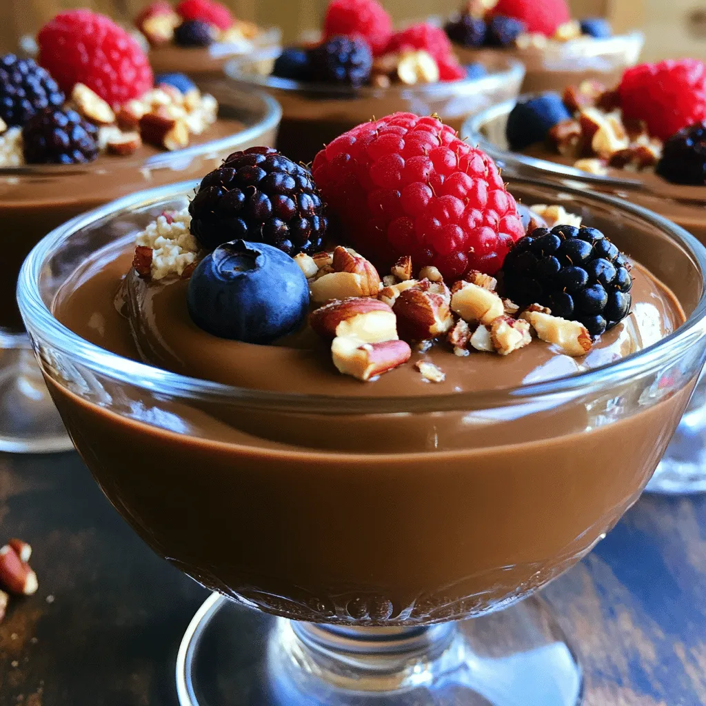 To make this Chocolate Cottage Cheese Pudding, you will need some key ingredients. Here’s what you need: - 1 cup cottage cheese (low-fat or full-fat) - 1/4 cup unsweetened cocoa powder - 1/4 cup honey or maple syrup - 1 teaspoon vanilla extract - Pinch of salt - 1/4 cup milk (dairy or non-dairy) These ingredients work together to create a rich and creamy pudding. The cottage cheese provides protein, while cocoa adds deep chocolate flavor. Honey or maple syrup gives just the right amount of sweetness. You can make your pudding even better by adding toppings. Some fun options include: - Fresh berries - Chopped nuts - Whipped cream These toppings add color, texture, and extra flavor. You can mix and match based on what you like. If you want to change things up, you can swap some ingredients. Here are a few ideas: - Use Greek yogurt instead of cottage cheese for a tangy taste. - Replace honey or maple syrup with agave nectar or stevia for a different sweetener. - Try almond milk or oat milk if you want a dairy-free option. These substitutions let you customize the pudding to fit your diet and taste. Enjoy experimenting! Start by gathering all your ingredients. You need cottage cheese, cocoa powder, honey or maple syrup, vanilla extract, a pinch of salt, and milk. Place the cottage cheese in a blender. Add the cocoa powder, honey, vanilla extract, and salt. This mix gives the pudding its rich flavor. Next, pour in the milk. Blend everything on high. You want a smooth and creamy mix. If you see chunks, stop blending and scrape down the sides. Blend again until it's all mixed well. This step is key for that velvety texture. Now it’s time to taste your pudding. If you want it sweeter, add more honey or maple syrup. Blend again to mix in the sweetener. This lets you control the flavor and sweetness to your liking. Once you're happy, transfer the pudding into bowls. To get your pudding just right, blend well. Start with smooth cottage cheese. Use a good blender or food processor. This helps break down the cheese for a creamy texture. If it feels too thick, add a bit more milk. This small step makes a big difference. Always check the consistency before refrigerating. If you have extra pudding, store it in the fridge. Use an airtight container to keep it fresh. It can last up to three days. Just remember to cover it well to avoid drying out. When ready to eat, stir it again for a smooth texture. Want to spice up your pudding? Try adding a pinch of cinnamon or a splash of coffee. You can also mix in a spoonful of peanut butter for a nutty twist. Fresh berries or chopped nuts on top add a nice crunch. These simple changes make it even more delicious. {{image_2}} You can easily make this pudding dairy-free. Just swap cottage cheese for silken tofu. Silken tofu gives a creamy texture and adds protein. Use almond milk or coconut milk instead of regular milk. If you want it sweet, try agave syrup or a sugar substitute. This way, you can enjoy a rich dessert without dairy. To mix things up, try adding flavors. For mint, add a few drops of mint extract. This gives your pudding a fresh twist. If you love coffee, stir in a shot of espresso or instant coffee. It adds a nice depth to the chocolate. You can also mix in a pinch of cinnamon for warmth or a splash of orange juice for a zesty kick. If you want a lighter version, reduce the sweetener. Use just two tablespoons of honey or maple syrup. This cuts down on sugar but keeps the taste. To make it low-calorie, try using low-fat cottage cheese. You can also skip toppings like whipped cream. Instead, use fruit like berries to keep it fresh and healthy. To keep your Chocolate Cottage Cheese Pudding fresh, store it in an airtight container. This helps prevent it from absorbing other smells in the fridge. Make sure the lid is tight. You want to keep it creamy and delicious. You can freeze the pudding for later use. Pour it into a freezer-safe container. Leave some space at the top, as it may expand. To thaw, place it in the fridge overnight. Blend it again for a smooth texture when you're ready to eat. In the fridge, this pudding lasts about 3 to 5 days. Always check for any changes in smell or texture before eating. If it looks or smells off, throw it away. Enjoy it fresh for the best taste! Yes, you can use flavored cottage cheese. It will add a unique twist. I suggest using vanilla or chocolate flavors for a richer taste. Just remember, this may alter the overall sweetness. If you choose flavored cheese, taste before adding sweeteners. You can use agave syrup, stevia, or sugar if you prefer. Each sweetener has a different taste. Agave syrup is mild and blends well. Stevia is much sweeter, so use less. Sugar works too, but it may change the texture a bit. To make it more indulgent, try adding chocolate chips or a layer of whipped cream. You can also add a swirl of peanut butter or almond butter. For a crunchy touch, top with nuts or granola. These small changes pack a big flavor punch! Now you know how to make chocolate cottage cheese pudding. You have the ingredients, steps, and tips to create it smoothly. Feel free to customize with your favorite toppings or variations. This dish can suit many diets, including dairy-free and low-calorie options. Use proper storage methods to enjoy it longer. Remember, this pudding is easy to make and fun to tweak. I hope you explore the sweet possibilities and enjoy every flavorful bite. Happy pudding making!