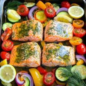 - 4 salmon fillets - 1 cup cherry tomatoes, halved - 1 zucchini, sliced into half-moons - 1 bell pepper (red or yellow), sliced - 1 red onion, cut into wedges - 3 tablespoons olive oil - 2 tablespoons fresh lemon juice - 2 cloves garlic, minced - 1 tablespoon fresh dill, chopped - 1 tablespoon fresh parsley, chopped - 1 teaspoon dried oregano - Salt and pepper to taste - Lemon wedges (for serving) This dish is all about vibrant flavors and easy prep. The main ingredients shine with fresh salmon and colorful veggies. Each veggie adds its own taste and texture. The cherry tomatoes burst with sweetness, while the zucchini and bell pepper add crunch. The red onion brings a nice bite. The herb and oil mixture is key. Olive oil keeps everything moist. Fresh lemon juice brightens the dish. Garlic adds depth, and the herbs give it a fresh, garden-like feel. Dill and parsley are my favorites to use here. They pair so well with salmon. Don’t skip the optional garnishes! Lemon wedges add a zesty touch when serving. They make the dish pop and balance the richness of the salmon. This meal is not just healthy; it’s also a feast for the eyes. - Preheat oven to 400°F (200°C). - Line the baking sheet with parchment paper. Start by preheating your oven. This step is key for even cooking. While the oven heats, line your baking sheet with parchment paper. This will help with cleanup later. - Whisk together olive oil, lemon juice, garlic, and herbs. - Prepare the salmon and vegetables for roasting. In a small bowl, mix the olive oil, lemon juice, minced garlic, dill, parsley, oregano, salt, and pepper. This mixture will add great flavor. Set it aside. Next, get your salmon and veggies ready. Place the salmon in the center of the baking sheet. Brush it with the herb mix. Then, arrange the cherry tomatoes, zucchini, bell pepper, and red onion around the salmon. Drizzle the rest of the herb oil over the veggies. Toss them gently so they are coated in the mix. - Arrange salmon and veggies on the sheet pan. - Baking time and doneness indicators. Now it's time to bake. Place the sheet pan in the oven and bake for 15-20 minutes. The salmon should be opaque and flake easily with a fork. The veggies should be tender and slightly caramelized. Keep an eye on it to ensure perfect doneness. Enjoy the wonderful aroma as it cooks! To achieve tender salmon, cook it at 400°F (200°C). This temperature helps keep the fish moist. Use a fish spatula to transfer the salmon. When the fish is ready, it should flake easily with a fork. Check for doneness by looking for opaque flesh. If it looks bright pink, it needs more time. Cut your veggies into similar sizes for even cooking. For cherry tomatoes, halving them helps release juices. Slice zucchini into half-moons. This shape allows for quick cooking. Bell peppers and red onions should be cut into thin strips for best results. To season the veggies, drizzle them with olive oil. A sprinkle of salt and pepper enhances their natural flavors. Serve the salmon and veggies right from the baking sheet. This style keeps it casual and fun. Garnish with fresh herbs and lemon wedges. They add color and brightness to the dish. For extra flavor, consider adding a sprinkle of red pepper flakes or a dash of balsamic vinegar. These additions can take your meal to the next level. {{image_2}} You can switch salmon for other proteins. Chicken breasts work well in this dish. Tofu is a great choice for a plant-based option. If you use chicken, cook for 20-25 minutes. For tofu, bake it for 15-18 minutes. Always check the doneness to ensure food safety. You can change up the veggies based on the season. In spring, try asparagus or snap peas. Summer calls for corn or green beans. In fall, use butternut squash or Brussels sprouts. You can use frozen vegetables, but fresh ones taste better. If using frozen, reduce the cooking time by a few minutes. Add spices or sauces to change the taste. A bit of chili powder adds heat. Honey or maple syrup gives a sweet touch. You can customize the herb mix too. Try basil, thyme, or rosemary for a different flavor. Experiment and find what you love! To keep your leftover sheet pan herb salmon and veggies fresh, follow these steps: - Refrigerate: Place leftovers in a shallow container. - Freeze: Use airtight containers or freezer bags for freezing. - Storage Containers: Glass or BPA-free plastic containers work best. They help keep moisture in. When you want to enjoy your leftovers, reheating is key. Here are the best methods: - Oven: Preheat to 350°F (175°C) and cover with foil. Bake for about 10 minutes. - Microwave: Heat on medium power in short bursts. Check often to avoid drying out. To keep your salmon juicy, add a splash of water before microwaving. Knowing how long you can store your dish is important: - Fridge: Your salmon and veggies last up to 3 days. - Freezer: They can stay good for 2-3 months. Watch for signs of spoilage like off smells or a change in color. If you see these signs, it’s best to discard the dish. Yes, you can use frozen salmon. Just make sure to thaw it first. Place it in the fridge overnight or run it under cold water. This helps it cook evenly. Frozen salmon may take a little longer to cook, so check for doneness as you go. The salmon is done when it turns opaque and flakes easily with a fork. You can also check the internal temperature. It should reach 145°F (63°C). This ensures it is safe to eat. You can serve this dish with rice, quinoa, or a fresh green salad. These sides add great texture and flavor. You can also pair it with crusty bread to soak up the juices. Yes, this recipe is great for meal prep. You can make it ahead and store it in the fridge. Just reheat it when you're ready to eat. It stays tasty for up to three days. To make this recipe keto-friendly, keep the veggies low-carb. Use zucchini and bell peppers, but skip starchy veggies. You can also add more healthy fats, like avocado, to boost the meal's richness. In this article, we explored how to make Sheet Pan Herb Salmon and Veggies. We discussed the main ingredients, steps for prep and baking, and tips for the best results. You can customize this dish with different proteins and seasonal veggies to fit your taste. Remember to store any leftovers properly for future meals. This simple recipe offers great flavor and is perfect for any occasion. Now, it’s your turn to try it and enjoy a tasty, healthy meal.