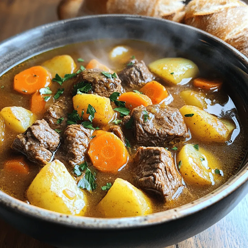 - 2 lbs beef chuck, cut into 1-inch cubes - 4 cups beef broth - 3 medium carrots, sliced - 3 medium potatoes, diced - 1 large onion, chopped - 3 garlic cloves, minced - 2 tablespoons tomato paste - 1 teaspoon dried thyme - 1 teaspoon dried rosemary - 1 bay leaf - Salt and pepper to taste - 2 tablespoons olive oil - Fresh parsley, chopped (for garnish) Gathering the right ingredients is key to making a tasty beef stew. First, select high-quality beef chuck. This cut is perfect for stew as it becomes tender during cooking. Look for bright red meat with good marbling. Next, get fresh vegetables. Carrots, potatoes, onions, and garlic add flavor and texture. Choose firm carrots and smooth potatoes for the best taste. For seasoning, you need tomato paste, thyme, rosemary, and a bay leaf. These add depth to the stew. Use fresh herbs if you can find them. They give a bright taste. Don't forget salt and pepper. Seasoning at each step builds flavor. Lastly, have olive oil for browning the beef and garnishing parsley for a fresh finish. Each ingredient plays a role in creating a warm and comforting beef stew. First, cut the beef chuck into 1-inch cubes. This size helps it cook evenly. Next, chop your vegetables. Slice the carrots and dice the potatoes. Finally, chop the onion and mince the garlic. Having everything ready makes cooking smooth and fast. Start by browning the beef cubes. Heat 2 tablespoons of olive oil in a large pot over medium heat. Add the beef and sprinkle with salt and pepper. Cook until brown on all sides, about 5 to 7 minutes. Once done, remove the beef from the pot and set it aside. Now, in the same pot, add the chopped onion. Sauté it for about 3 to 4 minutes until it turns translucent. Add the minced garlic and cook for another minute. This step adds a nice depth of flavor. Next, stir in 2 tablespoons of tomato paste, 1 teaspoon of dried thyme, and 1 teaspoon of dried rosemary. Cook for a minute to blend the flavors. Now, return the browned beef to the pot. Pour in 4 cups of beef broth. Add the sliced carrots, diced potatoes, and 1 bay leaf. Bring this mixture to a boil. Once boiling, reduce the heat to low. Cover the pot with a lid and let it simmer. Cook for about 1.5 to 2 hours, or until the beef is tender. Stir occasionally and taste. Add more salt and pepper if needed. When the stew is done, remove the bay leaf. Before serving, garnish with freshly chopped parsley. This adds a nice pop of color. Enjoy your comforting, hearty beef stew! To make your beef stew tender, cook it low and slow. Aim for 1.5 to 2 hours of simmering. This helps break down the meat fibers. Always stir occasionally to prevent sticking. This also helps blend the flavors well. For a richer taste, add a splash of red wine. It adds depth to the stew. You can also include more vegetables like peas or green beans. This boosts the nutrition and flavor while adding color. Serve your beef stew in deep bowls. Pair it with crusty bread for dipping. This makes for a comforting meal. For a homestyle look, sprinkle fresh parsley on top. It adds a nice touch and brightens the dish. {{image_2}} You can change the cut of beef for your stew. Try using brisket or round. These cuts can give different flavors and textures. You can also swap out vegetables. Peas or celery can add a new taste. Just make sure to adjust cooking times based on what you choose. If you need gluten-free options, pick gluten-free broth. This makes your stew safe for everyone. For a paleo diet, skip the potatoes. Instead, add sweet potatoes or more carrots. This keeps the stew tasty and friendly for paleo eaters. Want a spicy kick? Add some red pepper flakes or a dash of hot sauce. This gives warmth and depth to your stew. If you crave something heartier, try adding dumplings. They soak up the stew’s flavor and make each bite a treat. To cool your beef stew, let it sit at room temperature for about 30 minutes. This helps it cool down safely. After that, transfer it to airtight containers. I recommend glass or BPA-free plastic containers. They keep the stew fresh and are easy to reheat. Avoid leaving the stew out for more than two hours to prevent bacteria growth. You can reheat beef stew in several ways. The stovetop is my favorite. Just pour it into a pot and heat over medium heat. Stir often to heat evenly. You can also use a microwave. Pour the stew into a microwave-safe bowl and cover it. Heat in short bursts, stirring in between. To keep the flavor, add a splash of broth if it seems thick. Beef stew lasts about 3-4 days in the fridge. Make sure it's in an airtight container. If you freeze it, it can last up to 3 months. For best taste, use it within a month. When reheating frozen stew, let it thaw in the fridge overnight. This keeps the texture and flavor better. To thicken beef stew, you have a few options. You can use flour or cornstarch. - Flour: Mix flour with a bit of beef broth to form a paste. Stir this into the stew near the end of cooking. - Cornstarch: Mix cornstarch with cold water. Add this mixture to the stew and cook for a few more minutes. Both methods will help you achieve that rich, hearty texture. Yes, you can! Slow cooking is a great way to make beef stew. - Adjustments needed: Brown the beef first for more flavor. Then, add all the ingredients to the slow cooker. - Recommended cooking times: Cook on low for 6-8 hours or on high for 4-5 hours. This will make the beef very tender and the flavors will blend well. Beef stew pairs well with many side dishes. Here are some ideas: - Side dishes: Try serving it with crusty bread, mashed potatoes, or a fresh salad. - Pairing wines: A good red wine like Merlot or Cabernet Sauvignon complements the stew nicely. These options will make your meal even more enjoyable. This blog post covered how to make a delicious beef stew. We explored key ingredients, including beef, vegetables, and spices. I shared step-by-step instructions for preparing and cooking the stew. We discussed tips for perfecting your recipe and suggested variations for different tastes. Finally, I provided storage info and answered common questions. Remember, a well-made stew brings warmth and comfort. Try these methods, and enjoy a hearty meal with family or friends. Cooking should always be fun and rewarding!