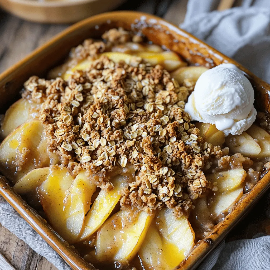 To make Oatmeal Streusel Apple Crisp, gather these ingredients: - 4 medium apples, peeled, cored, and sliced - 1 tablespoon lemon juice - 1 teaspoon ground cinnamon - 1/2 teaspoon nutmeg - 1/2 cup brown sugar, packed - 1 cup rolled oats - 1 cup all-purpose flour - 1/2 cup cold unsalted butter, cubed - 1/2 cup chopped pecans or walnuts (optional) - Pinch of salt I love using a mix of sweet and tart apples. This gives the crisp a great flavor. You can use Granny Smith apples for tartness. Honeycrisp apples add natural sweetness. The lemon juice brightens the apple flavor and stops browning. Now, let’s talk about spices. Ground cinnamon and nutmeg work well together. They make the whole dish smell amazing while it bakes. The brown sugar adds depth and a touch of caramel flavor. The oat mixture is what makes this crisp special. Rolled oats create a chewy texture. All-purpose flour helps bind it together. Cold butter is key. It must be cold to create that perfect crumbly topping. If you like a little crunch, add nuts. Chopped pecans or walnuts bring extra flavor and texture. But if you prefer a nut-free option, feel free to skip them. Gather these ingredients, and you are ready to create a warm, delightful dessert that everyone will love! 1. Preheat your oven to 350°F (175°C). This step gets your oven ready for baking. You want it hot to cook the apples and crisp the topping. 2. Prepare your baking dish. Grease a 9x13 inch dish with butter or cooking spray. This helps the crisp come out easily after baking. 3. Make the apple mixture. In a large bowl, mix the sliced apples with lemon juice, ground cinnamon, nutmeg, and 1/4 cup of brown sugar. Toss them well to coat. This step adds flavor and helps keep the apples from browning. 4. Spread the apple mix evenly in the greased baking dish. Make sure it's in a nice layer for even cooking. 5. Create the streusel topping. In another bowl, combine rolled oats, all-purpose flour, the remaining 1/4 cup of brown sugar, and a pinch of salt. If you like nuts, add in chopped pecans or walnuts. 6. Add cold butter to the oat mixture. Use a pastry cutter or your fingers to blend it until it looks crumbly. You want small pea-sized lumps for a great texture. 7. Sprinkle the streusel topping evenly over the apple mixture in the baking dish. This will create a crunchy layer on top. 8. Bake in your preheated oven for 30–35 minutes. Watch for the topping to turn golden brown and for the apples to bubble. This shows that it is ready. 9. Cool slightly before serving. Let it sit for a few minutes after baking. This helps the crisp hold its shape when you serve it. Enjoy your Oatmeal Streusel Apple Crisp warm, perhaps with ice cream or whipped cream! Choosing the right apples makes all the difference. I like to use a mix of tart and sweet apples. Granny Smith apples add a nice tartness. Honeycrisp or Fuji apples bring sweetness and crunch. You can also try Braeburn or Jonagold for a unique flavor. Next, let’s focus on the streusel texture. You want it crumbly but not too fine. Use cold butter to keep it nice and chunky. Mix until you see pea-sized lumps. If you want a nutty flavor, add pecans or walnuts to the mix. If you need gluten-free options, swap the all-purpose flour for almond or oat flour. You can also use gluten-free oats. For a vegan option, replace the butter with coconut oil or vegan butter. This will keep the flavor rich without dairy. These small tweaks can help you make this dish perfect for everyone at your table. {{image_2}} You can mix things up with different fruits in your oatmeal streusel apple crisp. Try pears or berries for a new twist. Each fruit brings its own flavor to the dish. If you want nut toppings but don’t like pecans or walnuts, you have options. Use almonds or hazelnuts for a fun change. You can also skip the nuts if you prefer a nut-free treat. Adding spices can enhance the taste of your crisp. Try a dash of ginger or cloves for warmth. You may also add vanilla extract for a richer flavor. These small changes can bring your crisp to life in new ways. To keep your oatmeal streusel apple crisp fresh, follow these tips: - Best storage practices for leftovers: Store any leftovers in an airtight container. Place it in the fridge. It stays good for about 3 to 4 days. - Freezing instructions for long-term storage: If you want to keep it longer, freeze it. Wrap the cooled crisp tightly in plastic wrap, then place it in a freezer-safe bag. It can last up to 3 months. - Reheating tips to maintain texture: When you’re ready to enjoy it again, thaw it in the fridge overnight. Reheat it in the oven at 350°F (175°C) for about 15-20 minutes. This helps keep the topping crispy and the apples warm. You can also microwave it, but the oven is best for that crunch. How do I prevent the apples from getting mushy? To keep the apples firm, choose tart varieties like Granny Smith. Slice them thick, not thin. Toss the apples with lemon juice right after cutting. This helps keep them crisp. Also, do not overbake. Check for a golden top and bubbly apples. Can I use frozen apples for this recipe? Yes, you can use frozen apples. Thaw them first and drain excess liquid. This keeps the crisp from getting soggy. If you use frozen apples, reduce the baking time slightly. Start checking for doneness around 25 minutes. What are some serving suggestions? Serve warm for the best taste. Add a scoop of vanilla ice cream on top. Whipped cream also works well. A sprinkle of cinnamon can enhance the look and flavor. You can even serve it with a drizzle of caramel sauce for extra sweetness. This blog covered how to make a delicious apple crisp. You learned about key ingredients like apples, spices, and sweeteners. I walked you through each step, from prep to baking. We discussed tips for the perfect crisp and tasty variations to try. Don’t forget storage tips to keep leftovers fresh. Remember, making apple crisp is simple and fun. Enjoy experimenting with flavors, and share your creations with others. You can make a treat that everyone loves!